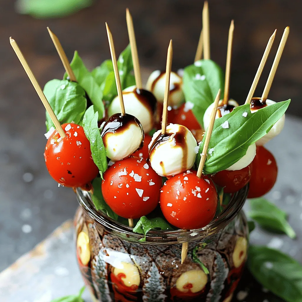 To make Classic Caprese Skewers, you need fresh and simple ingredients. Each one adds flavor and color to your dish. Here’s what you will need: - Cherry tomatoes - Fresh mozzarella balls (bocconcini) - Fresh basil leaves - Balsamic glaze - Extra-virgin olive oil - Sea salt and black pepper - Wooden skewers When you choose your cherry tomatoes, look for ones that are bright and firm. They should feel heavy for their size. Use fresh mozzarella balls for a creamy texture that pairs well with the other ingredients. Fresh basil leaves should be vibrant and fragrant. This will enhance the dish's aroma and taste. For the balsamic glaze, pick a high-quality brand. It should have a nice balance of sweetness and tanginess. Extra-virgin olive oil should be fresh and fruity. This adds richness to your skewers. Finally, a sprinkle of sea salt and black pepper brings out all the natural flavors. You can find the full recipe for Classic Caprese Skewers, which includes each step to create this tasty treat. Enjoy the process of assembling these fresh and flavorful bites! - Rinse cherry tomatoes and basil leaves - Pat dry to remove moisture Start by rinsing the cherry tomatoes and basil leaves under cool water. This step helps remove any dirt. After rinsing, pat them dry with a clean kitchen towel. Removing moisture is key. It keeps the flavors bright and fresh. - Thread ingredients onto skewers - Alternate between cherry tomato, basil leaf, and mozzarella Next, grab your wooden skewer. Carefully poke a cherry tomato on one end. Follow it with a basil leaf. Let the leaf drape down slightly for a nice touch. Then, slide on a mozzarella ball. It should rest close to the tomato and basil. Continue this pattern. Alternate between cherry tomato, basil leaf, and mozzarella ball. Aim for three sets of each item. Leave a bit of space at the ends for easy handling. - Drizzle olive oil and balsamic glaze - Season with salt and pepper Once your skewers are ready, arrange them on a platter. Make them look inviting and colorful. Next, drizzle high-quality olive oil and balsamic glaze over the skewers. This adds flavor and shine. Finally, sprinkle a little sea salt and freshly cracked black pepper on top. This enhances the flavors. Allow the skewers to sit for five minutes. This wait helps the flavors blend, making every bite delicious. Choosing the right cherry tomatoes is key. Look for tomatoes that are firm and bright. Ripe tomatoes burst with flavor. They should feel heavy for their size and have a smooth skin. Avoid any that are soft or have blemishes. Fresh mozzarella is another important choice. Always opt for fresh mozzarella balls, or bocconcini, rather than pre-packaged varieties. Fresh mozzarella has a creamy texture and a mild taste. It offers the perfect balance to the tomatoes and basil. When assembling your skewers, efficiency saves time. Start by puncturing a cherry tomato on one end of the skewer. Alternate with a fresh basil leaf and a mozzarella ball. Repeat this until the skewer is full. Aim for three of each item on each skewer. Leave space at the ends for easy handling. For visual appeal, arrange the skewers in a staggered pattern on your platter. This helps highlight the colors and textures of the ingredients. Presentation matters when serving skewers. An eye-catching display makes a great impression. Arrange skewers upright in a tall glass or jar. This creates a fun and rustic centerpiece. You can also add extra basil leaves around the skewers for flair. Pair these delicious bites with a light beverage. A crisp white wine or sparkling water complements the flavors well. For a twist, serve with a small bowl of balsamic glaze for dipping. This adds another layer of taste and excitement. Enjoy the full recipe to explore more ways to elevate your Caprese skewers! {{image_4}} You can easily switch ingredients in classic Caprese skewers to add your twist. Using heirloom tomatoes instead of cherry tomatoes gives a richer flavor. Burrata cheese is creamier than mozzarella and adds a delightful touch. You can also add olives for a briny kick or prosciutto for a savory bite. Both options enhance the flavor and make the skewers more filling. These simple swaps keep your dish fresh and exciting. Seasonal herbs can transform your skewers. Try using fresh oregano or rosemary in summer. In winter, consider adding sage or thyme for a warm flavor. You can also adjust the presentation based on holidays. For Christmas, use red and green ingredients or add festive garnishes. These seasonal touches keep your Caprese skewers relevant all year round. They invite creativity while staying true to the classic recipe. To keep your Caprese skewers fresh overnight, follow these simple steps. First, cover the skewers with plastic wrap or place them in an airtight container. This helps keep moisture in and prevents them from drying out. Store them in the fridge. The cool temperature keeps the tomatoes firm and the mozzarella creamy. If you want even more freshness, you can keep the basil leaves separate. Just add them right before serving. This way, they stay vibrant and tasty. For long-term storage, freezing is an option, but it changes texture. The tomatoes and mozzarella may become mushy when thawed. If you still want to freeze them, remove the skewers and place the ingredients in a freezer bag. Make sure to squeeze out all the air before sealing. When you’re ready to eat, thaw them in the fridge overnight. The flavors will be there, but the texture won’t be the same. Enjoy your Caprese skewers fresh for the best taste! To make Classic Caprese Skewers, you start by gathering fresh ingredients. You need cherry tomatoes, mozzarella balls, and basil leaves. Rinse the tomatoes and basil under cool water. Pat them dry gently. Then, take an 8-inch wooden skewer. Puncture a cherry tomato at one end. Follow with a basil leaf, letting it drape. Next, slide on a mozzarella ball. Alternate this process until your skewer holds three of each item. Once all skewers are ready, arrange them on a platter. Drizzle with extra-virgin olive oil and balsamic glaze. Finally, sprinkle sea salt and black pepper to taste. Allow the skewers to sit for 5 minutes before serving so the flavors blend. You can find the full recipe [here](#). Yes, you can prepare Classic Caprese Skewers in advance. Assemble the skewers up to a few hours ahead of time. Just keep them in the fridge. To keep them fresh, cover them with plastic wrap. Avoid adding olive oil or balsamic glaze until you are ready to serve. This keeps the skewers from getting soggy. Right before serving, drizzle the oils and season with salt and pepper. To serve Caprese Skewers, presentation matters. Arrange them upright in a jar or glass. This creates a lovely display. You can add extra basil leaves around them for color. A small bowl of balsamic glaze on the side is a great touch. It invites guests to dip the skewers. Make sure each skewer is easy to grab. This helps keep the party fun and relaxed. You now have all the steps to create delicious Caprese skewers. From gathering fresh ingredients to assembling and serving them, it’s simple and fun. Remember to choose quality produce and experiment with variations to keep things exciting. These skewers not only look great but taste amazing too. Serve them at your next gathering, and watch your guests enjoy every bite. Enjoy your kitchen adventure, and savor the delicious results!
