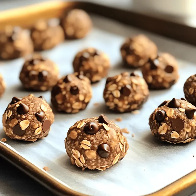 To make Peanut Butter Chocolate Energy Bites, you need simple ingredients. Each one plays a key role in flavor and texture. Here’s what you will need: - 1 cup rolled oats - 1/2 cup creamy peanut butter - 1/4 cup honey or maple syrup - 1/4 cup mini chocolate chips - 1/4 cup ground flaxseed - 1 teaspoon pure vanilla extract - 1/2 teaspoon ground cinnamon - A pinch of salt These ingredients come together to create a tasty and healthy snack. The oats give a chewy base. The peanut butter adds creaminess and protein. Honey or maple syrup sweetens the bites. Mini chocolate chips provide that sweet surprise in every bite. Ground flaxseed boosts nutrition with fiber and omega-3s. Vanilla extract adds a lovely aroma, while cinnamon brings warmth. Finally, a pinch of salt brings out all the flavors. Using fresh and high-quality ingredients makes a big difference. I always recommend choosing natural peanut butter without added sugars or oils. It makes these energy bites even better. For a fun twist, try using different types of chocolate chips. You can also swap in other nut butters if you prefer. With these simple and wholesome ingredients, you’ll create a snack that’s both delicious and satisfying. You can find the full recipe in the earlier section. To start, grab a large mixing bowl. Add 1 cup of rolled oats, 1/4 cup ground flaxseed, and 1/2 teaspoon ground cinnamon. Stir these dry ingredients gently until they mix evenly. This creates a good base for your energy bites. Next, take a medium bowl. Combine 1/2 cup creamy peanut butter, 1/4 cup honey (or maple syrup), 1 teaspoon pure vanilla extract, and a pinch of salt. Use a spatula to mix until smooth. This step is important for flavor. Now, pour the peanut butter mixture into the dry ingredients bowl. Use your spatula to mix thoroughly. Ensure every dry ingredient gets coated. The mixture should hold together well, forming a sticky dough. It’s time to shape the bites! Scoop about a tablespoon of the mixture and roll it into a small ball using your hands. Repeat this process until all the mixture becomes energy bites. Each bite should be about the size of a golf ball. Once formed, place the energy bites on a parchment-lined baking sheet. Refrigerate them for about 30 minutes. This helps them firm up and hold their shape. After chilling, they are ready to eat. Enjoy your delicious Peanut Butter Chocolate Energy Bites! For the complete recipe, refer to the Full Recipe section. The perfect energy bite should be firm but not dry. You want them to hold their shape. If they feel too crumbly, add a bit more peanut butter or honey. This helps bind the mixture. If they are too sticky, extra oats can help. Aim for a texture that is easy to roll into bites. When serving, make your energy bites look inviting. Arrange them neatly on a colorful plate. A sprinkle of extra chocolate chips on top adds fun. You can also add whole flaxseeds for a nice touch. This makes them look appealing and adds to the nutrition. You can change up the flavors to suit your taste. Try adding chopped nuts or dried fruit for extra crunch. For a spicier kick, a dash of chili powder can work wonders. If you prefer a sweeter bite, use more honey or maple syrup. Get creative with your mix-ins! For the full recipe, check out the details above. {{image_4}} If you want to make nut-free energy bites, use sunflower seed butter instead of peanut butter. This swap keeps the taste great while avoiding nuts. You can also try pumpkin seed butter for a fun twist. Both options provide creamy texture and flavor without the nuts. You can switch up the ingredients to create new flavors. Swap the peanut butter for almond butter or cashew butter. Use dried fruit like cranberries or raisins instead of chocolate chips for a fruity bite. For a tropical touch, add shredded coconut or use banana instead of honey. You can choose different sweeteners based on your taste. Maple syrup is a great option for a rich flavor. Agave nectar or brown rice syrup also work well. If you prefer less sugar, try using mashed bananas or applesauce instead of syrup. Each choice gives a unique taste to your energy bites. By making these variations, you can enjoy a personalized snack that fits your preferences. For the full recipe, check the instructions above. Store your peanut butter chocolate energy bites in an airtight container. This keeps them fresh and tasty. I like to keep mine in the fridge. This helps them stay firm and ready to eat. These energy bites can last up to two weeks in the fridge. After that, they may lose some taste and texture. If you want to enjoy them longer, consider freezing them. To freeze these energy bites, place them in a single layer on a baking sheet. Once they are frozen, transfer them to a freezer-safe bag. This way, they won't stick together. They can stay frozen for up to three months. Just thaw them in the fridge before enjoying. For the full recipe, check the main article. Peanut Butter Chocolate Energy Bites last up to two weeks in the fridge. Store them in an airtight container. This keeps them fresh and tasty. You can enjoy them as a quick snack anytime. Yes, you can use other nut butters. Almond butter, cashew butter, or sunflower seed butter work well. Each nut butter gives a unique taste. Choose your favorite to make these bites your own. Yes, these energy bites are great for kids. They are easy to make and fun to eat. The mix of peanut butter and chocolate makes them tasty. Plus, they provide energy for playtime or school. Each energy bite has about 100 calories. This makes them a healthy snack option. They are packed with nutrients from oats, flaxseed, and peanut butter. Enjoy them guilt-free! For the full recipe, check out the recipe above. In this post, I shared a simple recipe for Peanut Butter Chocolate Energy Bites. We talked about the ingredients, preparation steps, and even useful tips to make them perfect. You can customize your bites with different flavors or sweeteners. Remember, these treats are easy to store and last for weeks. Try making them for a healthy snack or dessert option. They are great for all ages and tasty too! Enjoy creating your energy bites, and I hope you love them as much as I do.