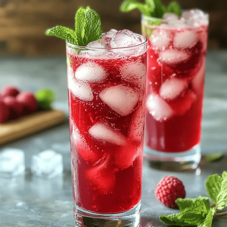 To make a delicious Raspberry Hibiscus Tea Sparkler, gather these main ingredients: - 2 cups of water - 2 hibiscus tea bags - 1 cup of fresh raspberries - 2 tablespoons of honey or agave syrup - 1 cup of sparkling water - Juice of 1 fresh lime - Fresh mint leaves for garnish - Ice cubes These ingredients work together to create a vibrant and refreshing drink that is perfect for any occasion. You can customize your drink with these optional ingredients: - Fresh ginger slices for a spicy kick - Slices of citrus fruit like lemon or orange - Other berries like blueberries or strawberries Feel free to mix and match to suit your taste. Each option adds a unique twist to the drink. If you don't have something on hand, here are some substitutions: - Use dried hibiscus flowers instead of tea bags. Just steep them in hot water for the same effect. - Maple syrup can replace honey or agave for a different sweet note. - If you prefer a non-sparkling version, use more cold water instead of sparkling water. These simple swaps let you enjoy the Raspberry Hibiscus Tea Sparkler even when you're missing an ingredient. For the full recipe, refer to the details above. Start by boiling 2 cups of water in a medium saucepan. Once the water boils, take the pan off the heat. Add 2 hibiscus tea bags to the water. Let them steep for 10 minutes. This step makes the tea colorful and tasty. After steeping, take out the tea bags. While the tea is warm, stir in 2 tablespoons of honey or agave syrup. Mix it well until the sweetener is dissolved. Now, let the tea cool down to room temperature. After it cools, place it in the fridge for at least 30 minutes. This chilling time makes the drink refreshing. While the tea chills, it’s time to prepare the raspberry puree. Take 1 cup of fresh raspberries and put them into a blender. Blend until the mixture is smooth. If you want a silkier texture, you can strain it through a fine sieve. This removes the seeds and leaves you with a delicious puree. In a large pitcher, mix the chilled hibiscus tea with the raspberry puree. Squeeze in the juice of 1 fresh lime and stir well. This step blends all the flavors perfectly. To serve, fill glasses with ice cubes. Pour the raspberry hibiscus mixture into each glass, filling them about two-thirds full. Top it off with 1 cup of sparkling water for a fizzy finish. Finally, add fresh mint leaves as a garnish to make it look nice. Enjoy your Raspberry Hibiscus Tea Sparkler! For the full recipe, you can check the details above. To make your Raspberry Hibiscus Tea Sparkler taste just right, start with honey or agave. Use two tablespoons as a base. Taste the tea after mixing in the sweetener. If it needs more sweetness, add a bit more. Remember, you can always add more, but you cannot take it out. Let the warm tea dissolve the sweetener well, so the flavor spreads evenly. This step is key for a balanced taste. Chill the tea for at least 30 minutes. The colder your drink, the more refreshing it will be. Use plenty of ice cubes when serving. This keeps your drink cool and crisp. Adding sparkling water just before serving gives a nice fizz. It brightens the drink and adds excitement. Don't forget to mix the tea and raspberry puree well. This will ensure every sip is full of flavor. Serve your drink in clear glasses. This showcases the vibrant red color of the tea and raspberry mix. For a pretty finish, add fresh mint leaves on top. It not only looks nice but also adds a fresh aroma. You might also consider colorful straws. They can make your drink even more fun. Show off your creation to friends and family; they will be impressed! {{image_4}} You can switch up the berries in this drink. Try blackberries or blueberries for a fun twist. Each berry brings its own taste. Blackberries add a deep, sweet flavor. Blueberries create a milder, fruity note. You can even mix different berries for more complexity. Just keep the same amounts for the best results. Want to make this drink a bit more festive? Add a splash of vodka or rum. Vodka keeps the drink light, while rum adds a tropical flair. Use about one ounce of alcohol per glass. This way, you keep the balance of flavors. It’s a great choice for parties or special events. If you prefer a quieter drink, skip the sparkling water. Use still water instead for a smooth texture. You can also add extra honey or agave syrup to sweeten it up. Serve it over ice just like the original recipe. This gives you a refreshing tea without the fizz. For complete details on making the drink, check the Full Recipe. Store any leftover raspberry hibiscus tea in a clean glass jar. Make sure to leave some space at the top. Seal it tightly with a lid. This helps keep the tea fresh. You can store it in the fridge for up to three days. To keep your ingredients fresh, follow these tips: - Raspberries: Store them in the fridge. Use them within two days for best flavor. - Hibiscus tea bags: Keep them in a cool, dry place. They stay fresh for up to a year. - Limes: Store them in the fridge. They can last for about a week. - Mint leaves: Wrap them in a damp paper towel. Place them in a plastic bag in the fridge. This helps them stay fresh longer. If you want to serve the tea warm, gently heat it on the stove. Use low heat to avoid boiling. Stir occasionally until it reaches your desired temperature. If you prefer it cold, serve it directly from the fridge. Pour over ice and add sparkling water for fizz. Enjoy your refreshing drink from the Full Recipe! The flavor of Raspberry Hibiscus Tea Sparkler is bright and refreshing. Hibiscus gives it a tart, fruity note. This pairs well with sweet raspberries, making it taste like summer. The lime juice adds a zesty kick. Together, these flavors create a balance of sweet, tart, and refreshing. It’s perfect for any hot day or special occasion. Yes, you can use dried hibiscus flowers. If you choose this option, use about 1/4 cup of dried flowers. Steep them in boiling water for about 10 minutes, just like the tea bags. This method gives you a bold flavor and vibrant color. Make sure to strain the mixture to remove the flowers before adding sweeteners and other ingredients. You can store Raspberry Hibiscus Tea Sparkler in the fridge for up to 24 hours. After that, it may lose some fizz. To keep it bubbly, add sparkling water just before serving. If you store it in a tightly sealed container, it can stay fresh longer. Enjoy it chilled for the best taste! Raspberry Hibiscus Tea Sparkler is a fun, tasty drink. We covered key ingredients and steps to make it right. You can customize it to your taste with extra fruit or sweetness. Storage tips help keep leftovers fresh. I hope you try this easy recipe. It’s a great way to enjoy a refreshing drink. Don’t be afraid to get creative with flavors!