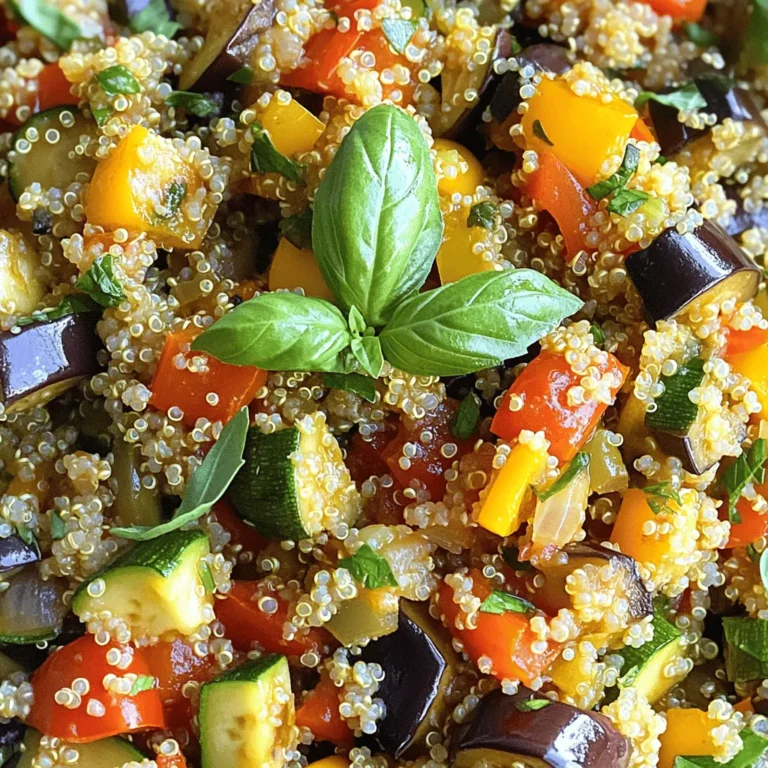 To make this delicious ratatouille with quinoa, gather the following ingredients: - 1 cup quinoa, thoroughly rinsed - 2 cups vegetable broth - 1 medium eggplant, diced into bite-sized pieces - 1 medium zucchini, diced - 1 bell pepper (choose red or yellow for sweetness), diced - 1 medium onion, finely chopped - 2 cloves of garlic, minced - 2 ripe medium tomatoes, diced - 1 teaspoon dried thyme - 1 teaspoon dried basil - Salt and black pepper to taste - 2 tablespoons extra virgin olive oil - Fresh basil leaves, torn, for garnish Each ingredient in this dish adds health benefits. Quinoa is a great source of protein and fiber. It helps with digestion and keeps you full. Eggplant contains antioxidants and is low in calories. Zucchini is hydrating and rich in vitamins A and C. Bell peppers add sweetness and vitamin C. Onions offer anti-inflammatory properties and promote heart health. Garlic is known for its immune-boosting effects. Tomatoes are high in vitamins and help maintain skin health. Olive oil provides healthy fats that support heart health. You can make easy swaps in this recipe. For a gluten-free option, use quinoa, which is naturally gluten-free. If you cannot eat nightshades like eggplant or tomatoes, try using carrots or green beans instead. You can replace vegetable broth with water for a lighter dish. If you prefer a vegan option, ensure your vegetable broth is vegan. For added protein, consider adding chickpeas or lentils. The recipe is flexible, so feel free to adjust it to your needs. Start by rinsing 1 cup of quinoa under cool water. This step helps remove any bitter taste. In a medium saucepan, combine the rinsed quinoa with 2 cups of vegetable broth. Bring the mixture to a boil over high heat. Once it boils, reduce the heat to low. Cover the pot and let it simmer for about 15 minutes. The quinoa will absorb the broth and become fluffy. After 15 minutes, take it off heat and fluff it with a fork. Set it aside to cool for a bit. Next, grab a large skillet and warm 2 tablespoons of extra virgin olive oil over medium heat. Add 1 finely chopped onion and sauté for about 5 minutes. Stir occasionally until the onion turns soft and translucent. Then, add 2 minced garlic cloves and cook for 1 more minute. You want to release that lovely garlic aroma. Now, toss in the diced eggplant, zucchini, and bell pepper. Cook the vegetables for about 7 to 8 minutes. Stir them often until they begin to soften. After that, add 2 diced tomatoes along with 1 teaspoon each of dried thyme and dried basil. Season with salt and black pepper to taste. Let this ratatouille mixture cook for another 10 minutes. Stir occasionally to blend the flavors. Once your ratatouille is cooked, it’s time to mix in the quinoa. Gently fold the cooked quinoa into the ratatouille mixture. Make sure everything is combined well. Allow it to heat through for another 2 to 3 minutes. Taste the dish and adjust the seasoning if needed. When ready, serve the quinoa ratatouille warm. Garnish with torn fresh basil leaves for extra flavor and a pop of color. Enjoy this flavorful and nutritious meal! You can find the full recipe [here](#). To get the best flavor in your ratatouille with quinoa, start with fresh veggies. Fresh vegetables bring out the natural taste. Use ripe tomatoes for a juicy base. Add herbs like thyme and basil early in the cook. This helps release their oils and flavors. Sautéing the onions and garlic first adds depth to your dish. A common mistake is overcooking the vegetables. You want them soft but not mushy. Another mistake is not seasoning enough. Taste as you cook and adjust. Don't skip the olive oil; it adds richness. Lastly, avoid using pre-cooked quinoa. Cooking it fresh makes a big difference in texture. Serve your quinoa ratatouille warm in shallow bowls. Drizzle with extra virgin olive oil for a touch of luxury. Fresh basil leaves make a great garnish. They add color and flavor. You can also sprinkle some crushed red pepper for heat. Pair it with crusty bread or a simple salad for a full meal. For more details, check the Full Recipe. {{image_4}} Ratatouille with quinoa is naturally vegan and gluten-free. You can enjoy this dish without any animal products. Quinoa itself is a great choice. It is a whole grain that is safe for those avoiding gluten. You can feel good about serving this meal to friends and family with dietary needs. If you want to boost the protein in your dish, consider adding beans or tofu. Black beans or chickpeas mix well with ratatouille. They add texture and protein. Tofu is another option. Just cube it and sauté it with the veggies. It soaks up all the flavors of the dish. Ratatouille is flexible when it comes to vegetables. You can switch out the veggies based on what you have. Try adding carrots, mushrooms, or even spinach. Each vegetable brings its own taste and texture. You can make the dish more colorful and exciting. Experiment with what you love. Each combination can lead to a new favorite dish! To store leftovers, let the quinoa ratatouille cool down. Place it in an airtight container. This keeps the dish fresh and tasty. You can keep it in the fridge for up to three days. Make sure to label the container with the date. When you are ready to eat, you can reheat the dish. You can use the microwave or a stovetop. To microwave, place it in a bowl and cover it. Heat on high for about 2-3 minutes. Stir halfway through to heat evenly. If you prefer the stovetop, warm it in a skillet over medium heat. Stir and cook for about 5 minutes until hot. If you want to freeze the dish, use a freezer-safe container. Portion out servings to make it easy to reheat later. Freeze for up to three months. To thaw, move it to the fridge overnight. Reheat as mentioned above before serving. Enjoy your tasty meal even when you are busy! Yes, you can make Ratatouille with Quinoa ahead of time. I often prepare it a day before. This allows the flavors to mix well. Just store it in an airtight container in the fridge. When you are ready to eat, just reheat it on the stove or in the microwave. Ratatouille with Quinoa is a complete meal. You can serve it with crusty bread for dipping. A simple green salad also pairs well. If you want to add protein, try grilled chicken or fish. This makes a balanced meal that everyone will enjoy. Adjusting the spice level is easy. If you like it mild, stick to the recipe. For more heat, add red pepper flakes. You can also use spicy bell peppers or a dash of hot sauce. Always taste as you go to find the right balance for you. This blog post covered the key steps to make Ratatouille with Quinoa. We reviewed the ingredients and their benefits, plus substitutions for dietary needs. The step-by-step instructions simplify preparation and cooking. Tips and tricks help you avoid common mistakes and enhance flavor. We also explored variations to suit different diets and preferences. Ratatouille with Quinoa is versatile and easy to store. You can enjoy it fresh or as leftovers. Embrace your creativity with this dish, and feel confident in your cooking skills. Enjoy making this healthy meal!