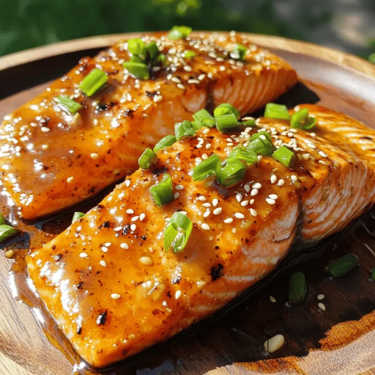 - 4 salmon fillets (approximately 6 oz each) - ¼ cup honey - 3 cloves garlic, finely minced - 2 tablespoons low sodium soy sauce - 1 tablespoon fresh ginger, finely grated - 1 tablespoon extra virgin olive oil - 1 tablespoon apple cider vinegar - Salt and freshly ground black pepper, to taste - 1 tablespoon sesame seeds (for garnish) - 2 green onions, thinly sliced (for garnish) - For salmon fillets: Use four fillets, about 6 ounces each. - For marinade ingredients: Use ¼ cup honey, 3 cloves garlic, 2 tablespoons soy sauce, 1 tablespoon ginger, 1 tablespoon olive oil, and 1 tablespoon vinegar. - For garnishes: Use 1 tablespoon sesame seeds and 2 green onions, sliced thin. This simple list of ingredients creates a dish rich with flavor. Each element plays a key role. The salmon is the star, while the marinade adds sweetness and depth. The sesame seeds and green onions finish the dish, adding texture and color. For the full recipe, check out the detailed instructions given earlier. To start, gather your ingredients. In a medium bowl, combine: - ¼ cup honey - 3 cloves garlic, finely minced - 2 tablespoons low sodium soy sauce - 1 tablespoon fresh ginger, finely grated - 1 tablespoon extra virgin olive oil - 1 tablespoon apple cider vinegar Use a whisk to blend everything together. This will create a smooth, flavorful marinade. Make sure it all mixes well so each bite tastes great. Next, it's time to prepare the salmon. First, season each fillet generously with salt and black pepper on both sides. This will enhance the flavor. Lay the salmon fillets in a shallow dish. Pour the honey garlic marinade over them. Make sure they are coated on all sides. Cover the dish with plastic wrap. Place it in the fridge for at least 30 minutes. If you have more time, let it marinate for up to 2 hours. This gives the salmon more flavor. For cooking, you can grill the salmon. Preheat your grill or grill pan over medium-high heat. This ensures a nice sear. Carefully take the salmon out of the marinade, but save the marinade for later. Place the fillets on the grill with the skin side down. Grill for about 5-6 minutes. When you see grill marks, gently flip them over. Cook for another 3-4 minutes. The salmon should flake easily with a fork. While grilling, pour the reserved marinade into a small saucepan. Bring it to a gentle simmer over medium heat. Cook for about 5 minutes to let it thicken slightly. Once the salmon is done, drizzle this thickened marinade over each fillet. This adds an extra burst of flavor. Enjoy your Honey Garlic Glazed Salmon! For the full recipe, check the details above. Marinating your salmon is key for great flavor. I suggest a marinating time of at least 30 minutes. If you have time, try for up to 2 hours. This gives the honey garlic mix time to soak into the fish. Don’t skip the salt and pepper! Apply it generously on both sides. This simple step enhances the fish's taste and helps balance the sweetness. To get that perfect sear, heat your grill or grill pan to medium-high. Place the salmon skin-side down first. This helps it stay together while cooking. Grill for about 5-6 minutes until you see nice grill marks. When it lifts easily, flip it over gently. Cook for 3-4 more minutes until it flakes easily. Use a fork to check for doneness. Make your dish look as good as it tastes! Serve the salmon on a bed of steamed rice or alongside colorful sautéed veggies. For garnish, I love using sesame seeds and thinly sliced green onions. A drizzle of honey over the veggies can add extra sweetness, making your plate more appealing. This adds a touch of elegance and makes your meal feel gourmet. {{image_4}} You can switch out the honey for maple syrup or agave nectar. These options give a different yet tasty sweetness. If you want to try a different fish, use trout or tilapia. Both work well with this marinade. If you prefer baking, preheat your oven to 400°F. Place the marinated salmon in a baking dish. Bake for 12-15 minutes, or until the fish flakes easily. For broiling, set your oven to broil. Place the salmon on a baking sheet and broil for 6-8 minutes. Keep an eye on it to avoid burning. Serve the salmon with steamed rice or roasted veggies. A fresh salad also complements this dish well. For a twist, try it in a taco with slaw. Drizzle extra honey on your sides for added flavor. Explore diverse pairings to elevate your meal. For the full recipe, check out the details above. To keep your honey garlic glazed salmon fresh, store it in an airtight container. This helps prevent drying out and keeps the flavors intact. It lasts about 3 to 4 days in the fridge. Always make sure it cools down to room temperature before you store it. If you want to save some for later, you can freeze cooked salmon. Wrap each piece in plastic wrap, then place it in a freezer bag. Remove as much air as possible to avoid freezer burn. Cooked salmon can last up to 3 months in the freezer. To thaw, move it to the fridge overnight. This way, it stays safe and keeps its texture. When you're ready to enjoy your salmon again, reheating it is easy. The best methods are using the oven or stovetop. For the oven, preheat to 350°F (175°C) and place the salmon on a baking sheet for about 10-15 minutes. If you use the stovetop, heat a non-stick pan over low heat and warm the salmon for about 5 minutes. This keeps it moist and tasty. Avoid using the microwave, as it can make the fish rubbery and dry. You can tell salmon is cooked when it flakes easily with a fork. The color should change from bright pink to a pale pink or opaque white. If you have a food thermometer, the internal temperature should reach 145°F (63°C). Yes, you can use frozen salmon. Just make sure to thaw it completely before marinating. This helps the flavors soak into the fish better. Honey Garlic Glazed Salmon goes well with many sides. Here are some great options: - Steamed rice - Quinoa - Roasted vegetables - Sautéed greens - Mixed salad These options create a balanced meal and enhance the salmon's flavors. This recipe is not spicy. The honey and garlic create a sweet and savory flavor. If you want some heat, you can add red pepper flakes or a dash of hot sauce. Yes, you can prepare the marinade and marinate the salmon ahead of time. You can marinate the salmon for up to 2 hours in the fridge. For best taste, cook it fresh. However, you can also cook it in advance and store it in the fridge. Just reheat it gently. For the full recipe, check the details above. Now you know how to prepare delicious honey garlic glazed salmon. We covered key ingredients, step-by-step instructions, and helpful tips to ensure your meal shines. Remember to keep your salmon flavorful with the right seasonings and techniques. Feel free to try variations and serve it with your favorite sides. Enjoy this healthy dish that’s easy to make and great for sharing! Simple steps lead to tasty meals that impress. Happy cooking!