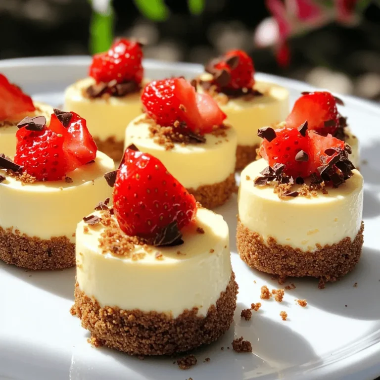 To make No Bake Cheesecake Bites, you need some key items: - 1 cup cream cheese, softened to room temperature - 1/2 cup powdered sugar - 1 teaspoon vanilla extract - 1 cup whipped cream or whipped topping Using room temperature cream cheese is vital. It blends easily and gives a smooth texture. Cold cream cheese can lead to lumps, which you want to avoid. The powdered sugar adds sweetness, while the whipped cream makes the bites light and fluffy. You can customize your cheesecake bites with extra ingredients. Here are some fun ideas: - 1/2 cup graham cracker crumbs - 1/4 cup unsweetened cocoa powder (for a chocolatey twist) - 1/4 cup strawberries, crushed (for a fruity filling) You can also add optional garnishes like chocolate shavings or extra fruit. These not only make the bites look pretty but also enhance the flavor. A little creativity with toppings can take your treats to the next level! For the full recipe, check out the details above. To start, grab a large mixing bowl. Use an electric mixer to beat your cream cheese until it is smooth and creamy. This step is key for the best texture in your bites. Next, add in the powdered sugar and vanilla extract. Mix these ingredients well until everything blends into a uniform mixture. This creamy base is what makes your cheesecake bites so delightful. Now, take small portions of the cheesecake mixture. Roll them into balls about 1 inch in size. Be gentle but firm, so they hold their shape. After rolling, use your finger to make a small indentation in the center of each ball. This little space will hold a touch of crushed strawberries, giving a sweet surprise inside your bites. In a separate bowl, mix the graham cracker crumbs with cocoa powder. Now, roll each cheesecake ball in this mixture until it is fully coated. This adds a crunchy texture and rich flavor. After coating, place the bites on a baking sheet lined with parchment paper. Chill them in the fridge for at least 30 minutes. This cooling time helps the cheesecake bites firm up, ensuring the perfect texture. For the full recipe, refer to the earlier section. To get that perfect cheesecake texture, mixing is key. Start by beating the cream cheese until it’s smooth. This step makes your base creamy. When you add the powdered sugar and vanilla, mix gently. You want everything blended but not overworked. Overmixing can make the cheesecake heavy. When you fold in the whipped cream, do it carefully. Use a spatula to gently combine. This keeps your mix light and fluffy. Chilling is just as important. Aim for at least 30 minutes in the fridge. This helps the cheesecake bites firm up nicely. If you can wait longer, that’s even better! For a stunning presentation, serve the cheesecake bites on a nice plate. Add a sprinkle of extra graham cracker crumbs around them. It looks fancy and adds a nice touch. When it comes to serving size, aim for about one bite per person. These treats are rich, so one is often enough. Pair them with fresh fruit or a sweet dessert wine. This combination makes for a delightful experience. For an extra pop, drizzle some chocolate or fruit sauce over the bites. It adds color and flavor. You can also garnish with chocolate shavings or fresh berries. These little details will impress your guests and make your cheesecake bites unforgettable. Check out the Full Recipe for more details! {{image_4}} You can easily change the taste of your no bake cheesecake bites. Try using chocolate or caramel for a different filling. These flavors add a rich twist. For a refreshing change, consider adding lemon zest or matcha powder to the cheesecake base. Lemon brings a bright and tangy flavor, while matcha adds a unique earthy note. Both options can elevate your bites and impress your guests. If you need gluten-free options, you can use gluten-free graham crackers. For a vegan twist, substitute the cream cheese with dairy-free cream cheese. You can also swap regular whipped cream for coconut whipped cream. These changes keep the taste and texture delightful while meeting dietary needs. Always check labels to ensure your ingredients fit your diet. To keep your cheesecake bites fresh, store them in an airtight container. Place the container in your refrigerator. This helps maintain their creamy texture and flavor. They will last up to five days in the fridge. Make sure to keep them covered to avoid any drying out. If you plan to enjoy them later, proper storage is key. For long-term storage, you can freeze the cheesecake bites. First, place them on a baking sheet in a single layer. Freeze them for about one hour. Once firm, transfer the bites to a freezer-safe bag. Remove as much air as possible before sealing. They can last up to three months in the freezer. When you’re ready to enjoy them, take them out and let them thaw in the fridge overnight. This helps the texture remain smooth and creamy. Avoid thawing at room temperature, as this can affect their consistency. No Bake Cheesecake Bites can last up to five days when stored properly. Keep them in an airtight container in the fridge. If you want to keep them longer, you can freeze them. Just make sure they're well wrapped to avoid freezer burn. Yes, you can use many crust types. If you want a gluten-free option, try crushed almond flour or gluten-free cookies. You can also use vanilla wafers for a sweeter base. Each crust will change the flavor a bit, so choose one that you like. If you want a dairy-free option, try using cashew cream or coconut cream. For a lighter version, Greek yogurt works well too. Each substitute may change the texture and flavor slightly, but they can still be delicious. These cheesecake bites are easy to make and great for sharing. We covered key ingredients, preparation steps, and helpful tips to ensure they turn out perfectly. Remember to use room temperature ingredients for smooth mixing. You can also customize flavors or adjust for dietary needs. Store them right, and they will stay fresh. Enjoy these bites at your next gathering or special event. They are a fun and tasty treat everyone will love!