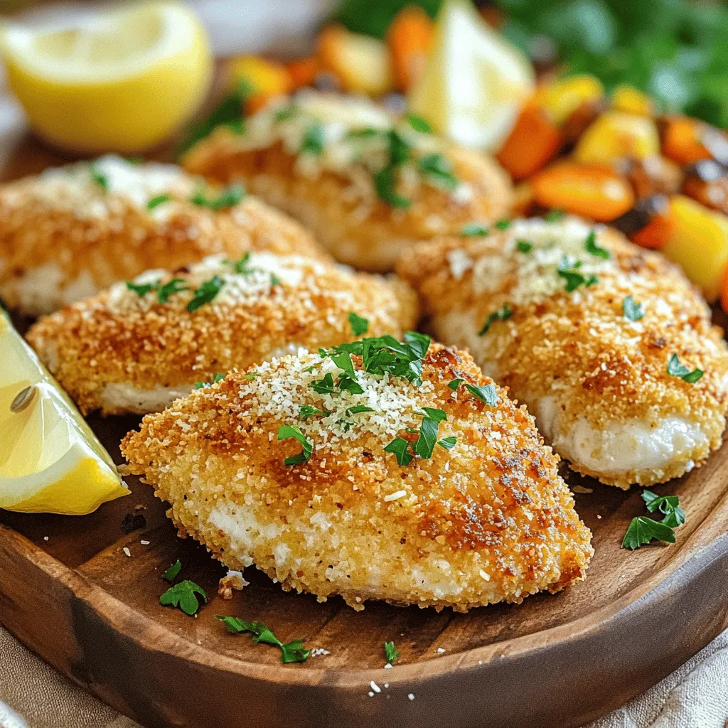 When you want to make Crispy Parmesan Crusted Chicken, you'll need a few key ingredients. Each one plays a big role in making the dish tasty and crunchy. Here’s what you need: - 4 boneless, skinless chicken breasts - 1 cup freshly grated Parmesan cheese - 1 cup panko breadcrumbs - 2 teaspoons garlic powder - 1 teaspoon Italian seasoning - 1 teaspoon smoked paprika - Salt and freshly ground black pepper to taste - 2 large eggs - 1 tablespoon extra virgin olive oil - Fresh parsley for garnish These ingredients come together to create a dish that is not only crispy but also packed with flavor. The Parmesan cheese adds a rich, savory taste, while the panko breadcrumbs give that perfect crunch. Garlic powder, Italian seasoning, and smoked paprika bring warmth and depth to each bite. Don’t forget the eggs! They help the coating stick to the chicken, ensuring that every piece has that delicious crust. Using fresh parsley at the end adds a pop of color and freshness. For the full recipe, look for the preparation steps that make this dish come alive! - Preheat the oven to 400°F (200°C). - Line the baking sheet with parchment paper. Start by heating your oven. The right heat makes a big difference. Lining your baking sheet helps prevent sticking. This way, your chicken comes out clean and easy to serve. - Combine Parmesan, panko, spices, and seasoning. - Whisk eggs in a separate bowl. In a bowl, mix together the grated Parmesan, panko breadcrumbs, garlic powder, Italian seasoning, smoked paprika, salt, and pepper. This mix is what gives the chicken its crispy, tasty crust. In another bowl, whisk the eggs. The eggs will help the coating stick to the chicken. - Pat chicken dry and dip in eggs. - Dredge in breadcrumb mixture, pressing gently. - Arrange on the baking sheet and drizzle with olive oil. Take your chicken breasts and pat them dry. This step is key for a crispy finish. First, dip each piece in the eggs, then coat it in the breadcrumb mix. Press gently to make sure it sticks well. After coating, place the chicken on the baking sheet. Drizzle a little olive oil over the top to boost the crispiness. - Bake in the oven for 25-30 minutes. - Ensure the chicken reaches an internal temperature of 165°F (75°C). Put your chicken in the oven and bake it for 25 to 30 minutes. The chicken should turn golden brown. Use a meat thermometer to check if it reaches 165°F (75°C). This ensures it is safe to eat and stays juicy. - Let rest for 5 minutes before slicing. - Garnish with parsley before serving. Once done, take the chicken out and let it rest for about 5 minutes. This helps keep the juices inside. Just before serving, sprinkle fresh parsley on top for color and flavor. Enjoy your crispy masterpiece! For the full recipe, check the detailed instructions. Cooking time for chicken can vary based on several factors. The thickness of your chicken breasts is key. Thicker pieces take longer to cook through. Likewise, your oven's actual temperature can differ from what it shows. Always use a meat thermometer to check for doneness. Chicken should reach an internal temperature of 165°F. To avoid undercooked chicken, start with an even thickness. You can pound the chicken breasts gently to flatten them. This ensures they cook evenly. If you worry about overcooking, check the chicken a few minutes early. It's better to check often than to serve dry meat. For an extra crunch, you can use different oils or fats. Try using melted butter or vegetable oil for frying. These add flavor and help the crust become crispier. To enhance the crunch factor, consider adding crushed cornflakes to your breadcrumb mix. This gives a fun texture. Also, make sure to press the coating firmly onto the chicken. For an elegant presentation, arrange the crispy chicken on a nice platter. You can add lemon wedges for a pop of color. The yellow looks great next to the golden chicken. Pair your Crispy Parmesan Crusted Chicken with a fresh garden salad or roasted vegetables. These side dishes add color and balance the meal. For a full experience, try serving with a light sauce like marinara. This ties the dish together beautifully. {{image_4}} You can change the taste of your Crispy Parmesan Crusted Chicken easily. Adding fresh herbs like rosemary or thyme gives it a new twist. These herbs add a nice, earthy flavor. If you like heat, try a spicy version! Just mix in some cayenne pepper or a splash of hot sauce. This will give your chicken a kick without overpowering it. If you need gluten-free options, don’t worry! You can swap the panko breadcrumbs for gluten-free breadcrumbs. This keeps the crunch you love without gluten. Another great choice is almond flour or crushed nuts. These options add flavor and texture. They also give your chicken a nutty taste that many enjoy. For sauces, marinara or garlic aioli are great pairs. These sauces add rich flavors that complement the crispy chicken. You can also think about side dishes. A fresh garden salad or roasted veggies make perfect companions. They balance the meal and add color to your plate. For extra flair, add a few lemon wedges. They brighten up the dish and enhance flavors. For the full recipe, make sure to check the Full Recipe section. To keep your Crispy Parmesan Crusted Chicken fresh, refrigeration is key. First, let the chicken cool down to room temperature. This helps prevent condensation in storage. Next, wrap each piece in plastic wrap or aluminum foil. You can also place them in an airtight container. Make sure the container is sealed tightly to keep the chicken moist. Store the chicken in the fridge for up to three days. If you want to keep it longer, consider freezing it. Just follow the same steps for wrapping. This way, you can enjoy it later! When it comes to reheating, you want to keep that crispy texture. The best method is to use an oven. Preheat your oven to 350°F (175°C). Place the chicken on a baking sheet and heat for about 10-15 minutes. This helps the chicken stay crunchy. Using a microwave is quicker but may not keep the crispiness. If you must use a microwave, place a paper towel under the chicken. This can help absorb moisture. Heat for 1-2 minutes, checking until warm. Just remember, the oven is the better choice for keeping that crunch. To keep your chicken juicy, start with good quality meat. Always pat the chicken dry before cooking. This allows the coating to stick better. Bake the chicken at the right temperature. Aim for 400°F (200°C). This helps to cook it evenly and keeps moisture inside. Letting the chicken rest for five minutes after baking also locks in juices. Yes, chicken thighs work well in this recipe. Thighs have more fat than breasts, which makes them juicy and flavorful. Adjust the cooking time slightly. Thighs may take a bit longer to cook through. Always check that the internal temperature reaches 165°F (75°C). You can prepare the chicken in advance and keep it chilled. Coat the chicken and place it on the baking sheet. Wrap it tightly with plastic wrap or foil. Store it in the fridge for up to a day. When you’re ready to bake, just remove it from the fridge and follow the cooking instructions from the Full Recipe. Yes, you can use eggplant or zucchini as a substitute for chicken. Slice the vegetables into thick pieces. Coat them just like the chicken. Bake until they are golden and crispy. This gives a similar crunch and flavor without the meat. Many side dishes complement this chicken. A fresh garden salad adds brightness. Roasted vegetables bring warmth and flavor. Garlic mashed potatoes or creamy risotto also work well. You can even serve it with pasta for a hearty meal. Yes, you can freeze leftovers. Make sure the chicken is fully cooled. Wrap each piece in plastic wrap and place it in an airtight container. It can last in the freezer for up to three months. When ready to eat, thaw in the fridge and reheat in the oven for best results. This blog post shared a simple recipe for Crispy Parmesan Crusted Chicken. You learned about the ingredients, how to coat and bake the chicken, and tips for serving. Remember, adjusting the cooking time and adding herbs can enhance flavor. Store leftovers properly to keep them fresh. Enjoy trying different variations to make this dish your own. This recipe is a great way to impress friends and family while keeping it easy and delicious. Happy cooking!