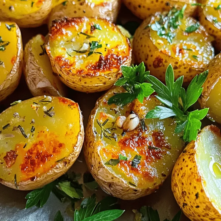 To make Garlic Herb Roasted Potatoes, gather these simple items. Each ingredient adds flavor and texture. - 1.5 pounds baby potatoes, halved - 4 cloves garlic, finely minced - 3 tablespoons extra virgin olive oil - 1 tablespoon fresh rosemary, finely chopped - 1 tablespoon fresh thyme, finely chopped - 1 teaspoon smoked paprika - Sea salt and freshly ground black pepper, to taste - Fresh parsley, roughly chopped, for garnish These ingredients work together to create a tasty dish. The baby potatoes are soft and creamy inside. The garlic adds a warm aroma. The herbs bring freshness, while the paprika adds a subtle smoky taste. Each element plays a role in making this side dish memorable. For the full recipe, check back later. You will enjoy every bite of these delightful potatoes. Start by preheating your oven to 425°F (220°C). This step is key for crispy potatoes. A hot oven helps cook them evenly. Next, take 1.5 pounds of baby potatoes and cut them in half. Place them in a large bowl. Add 4 minced garlic cloves. Pour in 3 tablespoons of extra virgin olive oil. Then, include 1 tablespoon each of chopped rosemary and thyme. Sprinkle in 1 teaspoon of smoked paprika, sea salt, and black pepper to taste. Mix everything well. Ensure every potato is coated with the flavorful mix. Line a baking sheet with parchment paper. This will keep the potatoes from sticking. Spread the seasoned potatoes on the sheet in a single layer. Leave some space between them. Place the sheet in your hot oven. Roast for about 25 to 30 minutes. Check that they turn golden brown and are tender inside. Halfway through, flip the potatoes with a spatula for even cooking. After roasting, carefully take them out of the oven. Let the potatoes cool for a few minutes. This helps the flavors settle. Before serving, sprinkle fresh parsley on top for color and taste. You can serve these potatoes in a rustic bowl or on a platter. Add a pinch of flaky sea salt for extra flavor. Enjoy your Garlic Herb Roasted Potatoes as a delightful side dish! For more details, check the Full Recipe. To get the best roast, start with small potatoes. Baby potatoes cook evenly and have great flavor. Preheat your oven to 425°F (220°C). This is key for a nice, crispy outside. Make sure to space the potatoes out on the baking sheet. This allows heat to circulate and roast them well. You can boost flavor in many ways. Use fresh herbs like rosemary and thyme for a bright taste. Try adding lemon zest for a citrus touch. A sprinkle of smoked paprika gives a warm, smoky flavor. If you like heat, add a pinch of red pepper flakes. These small tweaks can make a big difference. Watch for overcrowding on your baking sheet. If potatoes touch, they will steam instead of roast. Also, don’t skip the flipping step. Turning them halfway ensures even cooking. Lastly, resist the urge to open the oven too often. Keeping the heat inside helps achieve that perfect roast. For the full recipe, you can refer back to the complete guide. {{image_4}} You can change the herbs in this dish. Try using basil or oregano for a fun twist. Parsley gives a fresh taste, but you can also mix in dill for a unique flavor. Adding a touch of chili flakes can give it some heat. Experiment with your favorites and find what you love best. The type of potato can change the dish a lot. Baby potatoes are great, but you can also use red or Yukon gold potatoes. These types have a creamy texture that works well with garlic and herbs. You can even use sweet potatoes for a sweeter flavor. Just cut them into similar sizes for even cooking. This recipe is already vegan and gluten-free! The ingredients are simple and safe for many diets. If you want a creamier texture, try adding nutritional yeast. It gives a cheesy taste without dairy. You can also swap olive oil for avocado oil for a different flavor. Enjoy this dish with confidence, knowing it fits many diets! After you enjoy your garlic herb roasted potatoes, let them cool. Place any leftovers in an airtight container. Store them in the fridge for up to three days. This keeps their taste fresh and prevents drying out. To reheat, you can use the oven or the microwave. For the oven, set it to 375°F (190°C). Spread the potatoes on a baking sheet and heat for about 10-15 minutes. This helps retain their crispiness. In the microwave, heat them for 1-2 minutes, checking often. They may not be as crispy this way. If you want to freeze your potatoes, make sure they are cool first. Place them in a freezer-safe bag or container. They can last up to three months in the freezer. When you’re ready to eat, thaw them in the fridge overnight before reheating. This method keeps their flavor intact. For the full recipe, refer back to the beginning of this article. Garlic Herb Roasted Potatoes can last about 3 to 5 days in your fridge. Store them in an airtight container to keep them fresh. The flavors may change slightly over time, but they still taste great. Yes, you can roast many other veggies. Carrots, bell peppers, and zucchini work well. Just cut them into similar sizes for even cooking. Adjust the cooking time as needed, since different vegetables cook at different rates. These potatoes pair nicely with grilled chicken, steak, or fish. They also go well with salads or roasted veggies. For a complete meal, serve them alongside your favorite protein and a dipping sauce. To add some heat, mix in red pepper flakes or cayenne pepper. You can also toss in some chopped jalapeños before roasting. Start with a little and adjust to your taste. Enjoy experimenting with flavors! This blog post covers a tasty recipe for Garlic Herb Roasted Potatoes. We went over the key ingredients, step-by-step instructions, and helpful tips. You learned how to create delicious variations and store your leftovers. Using fresh herbs makes this dish special. With these guidelines, you can impress anyone at your next meal. Enjoy trying this recipe, and remember to get creative with the flavors. These roasted potatoes will surely be a hit on your table!