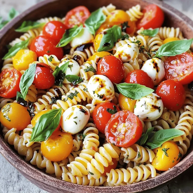 - 8 oz. fusilli pasta - 2 cups cherry tomatoes, halved - 1 cup fresh mozzarella balls (bocconcini) - 1 cup fresh basil leaves, torn into smaller pieces - 3 tablespoons extra-virgin olive oil - 1 tablespoon balsamic glaze (preferably thickened) - 2 cloves garlic, finely minced - 1 teaspoon dried oregano - Salt and freshly ground black pepper to taste For a great meal, this recipe serves four. Each serving is a filling portion. You can use a large bowl for mixing and a shallow dish for serving. A shallow dish shows off the colors well. Drizzle on extra balsamic glaze for a nice finish. Pair the salad with crusty bread for a complete meal. First, grab a large pot. Fill it with water and turn on the heat. Bring the water to a rolling boil. Once it boils, add a good amount of salt. This will help flavor the pasta. Now, drop in 8 ounces of fusilli pasta. Cook it for about 8 to 10 minutes. You want it al dente, which means tender but still firm. After cooking, drain the pasta in a colander. Rinse it under cold water to stop the cooking process. Next, find a large mixing bowl. In that bowl, combine the cooled fusilli pasta, 2 cups of halved cherry tomatoes, 1 cup of fresh mozzarella balls, and 1 cup of torn basil leaves. Use a spatula to mix these ingredients gently. You want to keep the mozzarella intact while mixing. Now, let’s make the dressing. In a separate small bowl, whisk together 3 tablespoons of extra-virgin olive oil, 1 tablespoon of balsamic glaze, 2 minced garlic cloves, and 1 teaspoon of dried oregano. Add a pinch of salt and pepper. Whisk until smooth. Drizzle this dressing over your pasta mixture. Gently fold everything together. Be sure each piece gets coated with the dressing. Once mixed, it’s time for a little patience. Cover the salad bowl with plastic wrap or a lid. Place it in the fridge for at least 30 minutes. This step lets the flavors blend together. When you’re ready to serve, take the salad out of the fridge. Give it a light toss to mix everything again. For a lovely finish, add a few fresh basil leaves on top for color and aroma. Enjoy your Caprese Pasta Salad Delight! For the full recipe, check out the ingredients and instructions! Cooking pasta al dente is key for a great texture. Al dente means the pasta is firm but not hard. This way, it holds up well in your salad. When cooking fusilli, boil it until tender but still slightly chewy. This will give your salad a nice bite. Mixing is another important step. You want to combine everything without breaking the fresh mozzarella. Use a spatula and be gentle. This keeps the cheese intact and adds a creamy texture. You can change the flavor by using different dressings. A lemon vinaigrette can add brightness, while a creamy pesto can bring richness. Each dressing creates a unique taste. If you want to try a homemade dressing, whisk together olive oil, vinegar, and herbs. This way, you control the flavor. Using seasonal vegetables can elevate your Caprese pasta salad. In summer, add colorful bell peppers for crunch. In fall, roasted squash adds warmth. Adapting your salad to the season keeps it fresh and exciting. You can also swap out the basil for other herbs. Try parsley or arugula for a fun twist. {{image_4}} You can easily boost the protein in your Caprese pasta salad. Grilled chicken adds a nice touch. Simply slice it thin and mix it in. Shrimp is another great option. Cook and toss it with the salad for a seafood twist. If you're looking for vegetarian protein, consider chickpeas or white beans. Both add protein and a lovely texture. Need a gluten-free option? Use gluten-free pasta made from rice or quinoa. These work well and taste great. For a dairy-free version, swap fresh mozzarella with avocado. This keeps the creaminess and adds healthy fats. You can also try vegan mozzarella, made from nuts or soy. You can serve Caprese pasta salad as a side dish or a main meal. It pairs well with grilled meats or fish. For a fun twist, serve it in small cups at gatherings. This gives guests a cute, easy way to enjoy the salad. To present it beautifully, use a large, shallow bowl. Drizzle some balsamic glaze on top for a pop of color. Adding fresh basil leaves on top makes it look even more inviting. Check out the full recipe to try these ideas! To keep your Caprese pasta salad fresh, cool it to room temperature first. Do not let it sit out for more than two hours. Next, place it in an airtight container. Glass containers work well because they do not absorb odors. You can also use plastic containers, but make sure they seal tightly. Label the container with the date before putting it in the fridge. When it comes to reheating, I recommend serving it chilled. The flavors really shine when it's fresh. If you prefer it warm, add a little olive oil to a pan. Heat it gently on low, stirring often to avoid sticking. Be careful not to overcook the salad, as this can change its texture. Caprese pasta salad usually lasts about three to four days in the fridge. Always check for spoilage before eating. Signs include a sour smell, discoloration, or mushy tomatoes. If you notice any of these, it's best to throw it out. Enjoy your salad at its freshest! You can find the full recipe earlier in the article to make more whenever you like. Caprese pasta salad is a fresh, vibrant dish. It combines pasta, tomatoes, mozzarella, and basil. The flavors are bright and balanced. The cherry tomatoes add sweetness, while mozzarella brings creaminess. The fresh basil adds a fragrant touch. Extra-virgin olive oil and balsamic glaze enhance the taste. The dish is quick to prepare and filled with color. You can serve it warm or cold, making it versatile. Yes, you can make Caprese pasta salad ahead of time. Prepare the salad and let it chill in the fridge. This allows the flavors to blend well. Aim to make it at least 30 minutes before serving. You can even make it the day before. Just remember to toss it lightly right before serving. This keeps everything fresh and delicious. Yes, you can easily make this salad vegan. Swap fresh mozzarella for vegan cheese or tofu. Use a balsamic dressing that does not contain dairy. You can also add nuts for extra crunch. These changes keep the dish tasty while meeting vegan needs. Enjoy your Caprese pasta salad, guilt-free! Caprese Pasta Salad combines fresh flavors and simple steps. We explored main ingredients like fusilli, cherry tomatoes, and mozzarella. Then, we added seasonings and toppings for the perfect taste. Cooking tips help make the salad texture just right. You can customize with proteins and seasonal veggies. This dish is easy to make and a crowd-pleaser. With the right storage, your leftovers will stay fresh. Embrace these tips to enjoy Caprese Pasta Salad anytime, ensuring deliciousness in every bite.