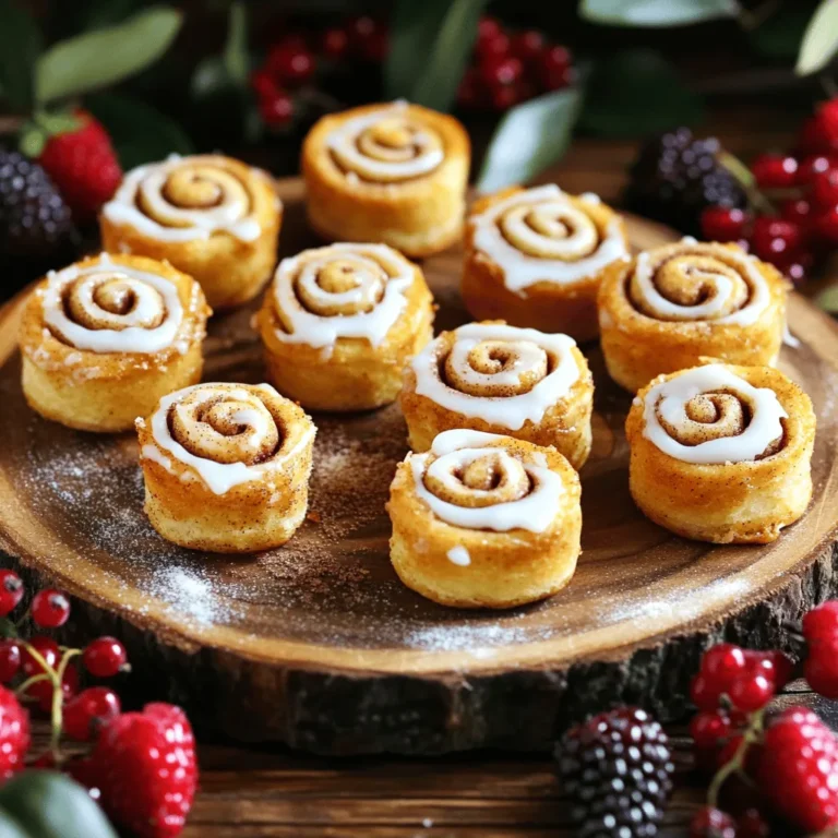 - 1 cup all-purpose flour - 2 tablespoons granulated sugar - 1 tablespoon baking powder - 1/2 teaspoon salt - 1/2 cup whole milk - 2 tablespoons unsalted butter, melted - 1/4 cup brown sugar, packed - 1 tablespoon ground cinnamon - 1 tablespoon vanilla extract - 1/2 cup powdered sugar (for icing) - 1-2 tablespoons milk (for thinning icing) To make these mini cinnamon roll bites, you need simple, fresh ingredients. The main ingredients are flour, sugar, baking powder, and salt. These form the base of the dough. Next, you will add whole milk and melted butter. The milk gives the dough a nice texture. The butter adds a rich flavor. Together, they create a soft dough which is easy to roll. Now, let's talk about the cinnamon-sugar mix. This mix includes brown sugar and ground cinnamon. It gives your bites that sweet, warm flavor everyone loves. The vanilla extract adds a hint of sweetness, making the bites taste even better. Finally, we have the icing. The powdered sugar and milk blend to create a sweet glaze. This icing makes the bites look and taste amazing. You can adjust the milk to get the right thickness. You can find the full recipe to guide you through each step of making these delicious snacks. - Preheat your oven to 375°F (190°C). This helps the bites bake evenly. - Grease a mini muffin tin with cooking spray or butter to keep the rolls from sticking. - In a mixing bowl, whisk together: - 1 cup all-purpose flour - 2 tablespoons granulated sugar - 1 tablespoon baking powder - 1/2 teaspoon salt This mix creates a great base for your dough. - Pour in: - 1/2 cup whole milk - 2 tablespoons unsalted butter, melted Carefully combine wet and dry ingredients with a spatula. - Roll out the dough on a floured surface until it's about 1/4 inch thick. This thickness helps the bites cook properly. - Blend together: - 1/4 cup brown sugar, packed - 1 tablespoon ground cinnamon Spread this mixture over the rolled dough. - Start at one end and roll the dough into a tight log. - Slice the log into 1-inch pieces. Each slice will fit nicely in the muffin tin. - Place each piece cut side up in the greased muffin tin. - Bake the bites for 12-15 minutes. Look for a golden brown color as a sign they are done. - While they bake, make the icing by mixing: - 1/2 cup powdered sugar - 1-2 tablespoons milk Stir until smooth. Adjust with more milk if needed. - Let the bites cool for a few minutes, then drizzle the icing over them. Enjoy these sweet treats warm for the best taste! Check the Full Recipe for more details. - How to avoid overmixing the dough: Mix the wet and dry ingredients just until combined. A few lumps are okay and will help keep your rolls fluffy. Overmixing can make the dough tough, which we don’t want. - Ensuring even baking: Place the muffin tin in the center of the oven. This helps the heat circulate well. Rotate the tin halfway through baking for an even golden color on all sides. - Best ways to serve mini cinnamon roll bites: Serve them warm right out of the oven. This brings out the best flavor and texture. A colorful platter adds to the fun. - Creative garnishing ideas: Try topping your bites with fresh berries or chopped nuts. A sprinkle of cinnamon sugar also looks great and adds extra flavor. - Achieving the right consistency for glaze: Start with one tablespoon of milk mixed with powdered sugar. Add more milk slowly until you reach a smooth, drizzly texture. It should not be too runny but easy to drizzle. - Alternative icing flavors and toppings: Mix in vanilla or almond extract for a twist. Consider adding cocoa powder for chocolate icing or lemon zest for a fresh taste. {{image_4}} You can easily swap out some ingredients in your mini cinnamon roll bites. If you need gluten-free options, use almond flour or coconut flour. These flours work well and keep the bites tasty. For a dairy-free treat, try almond milk or coconut milk in place of whole milk. You can also use coconut oil instead of butter for a rich flavor. Want to mix things up? Add nuts like walnuts or pecans for crunch. You can also toss in dried fruits such as raisins or cranberries for a sweet twist. Different spices can change the whole flavor. Try nutmeg, cardamom, or even ginger to create unique bites that wow your taste buds. Seasonal flavors add fun to your mini cinnamon roll bites. In the fall, add pumpkin spice to the dough for a cozy feel. You can mix pumpkin puree with your wet ingredients for extra moisture and flavor. During the holidays, think about adding peppermint extract or gingerbread spices for a festive touch. These seasonal variants make your treats even more special and fun to share. For the full recipe, refer to the earlier section. To keep your mini cinnamon roll bites fresh, store them in an airtight container. This helps maintain their softness and flavor. Place parchment paper between layers to prevent sticking. It's best to keep them at room temperature for up to three days. You can also refrigerate them for up to a week. When you are ready to enjoy your bites again, reheating is key. The best way is to use the oven. Preheat it to 350°F (175°C). Place the bites on a baking sheet and warm them for about 5-7 minutes. This keeps them soft and helps them regain their lovely texture. You can also use the microwave, but be careful. Heat them for only 10-15 seconds at a time to avoid drying them out. You can freeze these treats for later! If you plan to freeze them, do it when they are fully cooled. Place them in a freezer-safe container. You can also wrap them tightly in plastic wrap and then foil for extra protection. They will stay good for about two months. When ready to bake from frozen, just pop them in the oven at 375°F (190°C) for about 15-20 minutes. If you freeze the dough, thaw it in the fridge overnight before baking. That way, you can enjoy fresh bites anytime you want! You can prepare the dough and roll it up. Place the rolls in the muffin tin. Cover them with plastic wrap and refrigerate overnight. Bake them fresh in the morning. This saves time and keeps them warm and tasty. Yes, you can use store-bought dough. Look for biscuit or crescent roll dough. It saves time and still gives you delicious bites. Just follow the same steps for filling and baking. If you double the batch, keep the same cooking time. Bake for 12-15 minutes. If using two muffin tins, you may need to switch them halfway. This ensures even baking for all bites. You can make a glaze with honey or maple syrup. Mix them with a bit of milk. This gives a sweet touch without icing sugar. Try adding vanilla for extra flavor. Yes, these bites freeze well. Place baked bites in a freezer-safe bag. They stay fresh for up to three months. When ready to eat, thaw them in the fridge overnight and reheat them. Use fresh ground cinnamon for the best flavor. Toasting the cinnamon lightly before mixing can boost its taste. You can also add a touch of nutmeg for a warm, fragrant twist. You now know how to make delicious mini cinnamon roll bites. We covered the main ingredients, step-by-step instructions, and helpful tips. Don’t forget the fun variations you can try! These bites are perfect for sharing or enjoying alone. Remember, practice makes perfect, so don’t worry if they’re not perfect the first time. Enjoy creating these tasty treats and share them with family and friends. Your baking journey is about joy and creativity, so keep exploring!