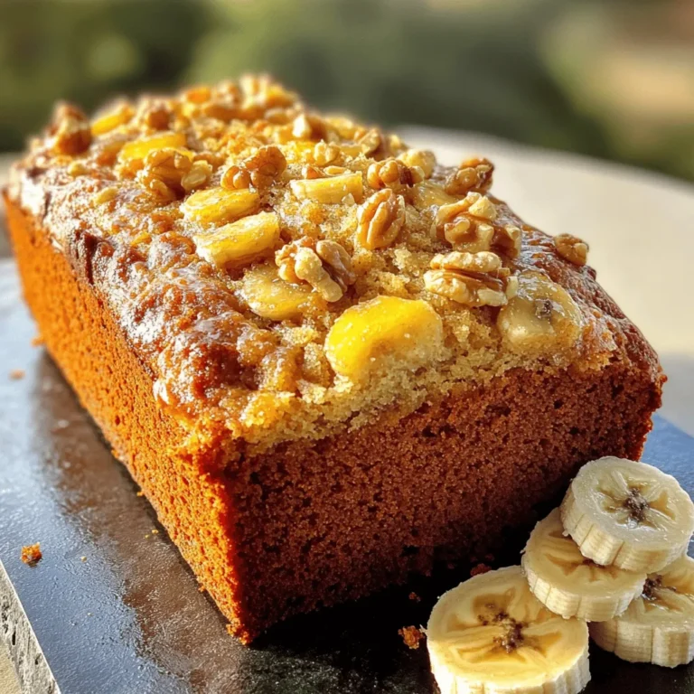 To make classic banana bread, you need simple ingredients. Here are the key ones: - 3 ripe bananas, mashed until smooth - 1/2 cup unsalted butter, melted and slightly cooled - 1 cup granulated sugar - 2 large eggs, beaten until frothy - 1 teaspoon vanilla extract - 1 teaspoon baking soda - 1/4 teaspoon salt - 1 1/2 cups all-purpose flour These ingredients bring great flavor and moisture to your bread. Ripe bananas are key, as they add natural sweetness. The butter keeps the bread rich and moist. You can add a few optional ingredients for more taste. Here are some great ideas: - 1/2 cup chopped walnuts (for added texture) - 1/2 teaspoon ground cinnamon (for warmth) Walnuts give a nice crunch. Cinnamon adds a cozy flavor that many love. Don't have all the ingredients? No problem! Here are some easy swaps: - Replace unsalted butter with coconut oil for a dairy-free option. - Use brown sugar instead of granulated sugar for a deeper flavor. - If you need a vegan choice, try applesauce for the eggs. These substitutions can change the taste but still keep the bread delicious. Feel free to explore! For the full recipe, check out the Banana Bliss Bread. First, gather all your ingredients. You need three ripe bananas, melted butter, sugar, eggs, vanilla, baking soda, salt, flour, and optional nuts or cinnamon. 1. Preheat your oven to 350°F (175°C). This step is key for even baking. 2. Grease a 9x5-inch loaf pan with butter or spray. This keeps the bread from sticking. 3. In a large bowl, mash the bananas until smooth. Use a fork for best results. 4. Pour in the melted butter and mix until smooth. Ensure no lumps remain. 5. Add sugar and stir well. This will sweeten your bread nicely. 6. Beat in the eggs, one at a time. Mix well after each addition. 7. Stir in vanilla extract until fully blended. This adds a lovely flavor. 1. In a separate bowl, whisk flour, baking soda, and salt. If using, add cinnamon now. 2. Gently fold the dry mixture into the banana mixture. Do not overmix; lumpy is fine. 3. If desired, fold in chopped walnuts for extra crunch. This adds texture to each bite. 4. Pour the batter into the prepared pan. Smooth the top with a spatula. 5. Bake in the oven for 55-60 minutes. Check doneness with a toothpick. It should come out clean. 1. After baking, remove the pan from the oven. Let it cool for 10 minutes in the pan. 2. Carefully transfer the bread to a wire rack. This allows air to circulate around it. 3. Let the bread cool completely before slicing. This helps maintain its moist texture. For the full recipe, please refer to the earlier section. Enjoy your homemade classic banana bread! To make your banana bread moist, use very ripe bananas. The riper the bananas, the sweeter and softer they will be. Mash them until smooth to mix easily with other ingredients. Also, don't overmix the batter. Stir just until combined; lumps are okay. This keeps the bread light and fluffy. Adding melted butter instead of oil adds richness, too. One common mistake is using bananas that are not ripe enough. They should be brown or spotted for the best flavor. Another mistake is overbaking. Keep an eye on your bread and check for doneness at 55 minutes. Also, be careful with measuring flour. Too much flour can make the bread dry. Use the spoon-and-level method for accuracy. Slice your banana bread and serve it warm for the best taste. You can spread butter or cream cheese on top for extra flavor. For a fun twist, try adding honey or a sprinkle of cinnamon sugar. Garnish each plate with banana slices or a mint leaf to make it look fresh and inviting. Enjoy it with a hot cup of coffee or tea for a perfect treat! {{image_4}} If you want to skip the nuts, you can make nut-free banana bread. Simply leave out the walnuts from the recipe. The bread will still taste great. You won’t lose any moisture or flavor. This version is perfect for kids or anyone with nut allergies. Adding chocolate chips makes banana bread even more fun. You can mix in about 1 cup of semi-sweet chocolate chips before pouring the batter into the pan. The chocolate melts and blends with the banana flavor. This creates a rich and sweet treat. Each slice will have little bites of chocolate goodness. Want to make banana bread healthier? You can add oats or Greek yogurt. Try mixing in half a cup of rolled oats for extra fiber. If you prefer a moist texture, add 1/2 cup of Greek yogurt. It will keep your bread soft and yummy. These healthy tweaks help you enjoy the classic taste with added nutrients. Feel free to explore these variations to find the perfect flavor for your taste! For the full recipe, check out the Banana Bliss Bread. Store your banana bread in an airtight container. This keeps it fresh and moist. If you plan to eat it within a few days, you can leave it at room temperature. For longer storage, place it in the fridge. Wrap it with plastic wrap to prevent it from drying out. To freeze banana bread, first let it cool completely. Then, wrap it tightly in plastic wrap. You can also use aluminum foil for extra protection. Place the wrapped bread in a freezer-safe bag or container. It can last up to three months in the freezer. When you want to enjoy it, just thaw it in the fridge overnight. To reheat banana bread, preheat your oven to 350°F (175°C). Remove the bread from its wrapping and place it on a baking sheet. Heat it for about 10-15 minutes. This warms it up and brings back its yummy texture. You can also use a microwave for quick reheating. Heat it for 15-20 seconds, but be careful not to overdo it. Enjoy your banana bliss bread warm! For banana bread, use very ripe bananas. Look for bananas that are brown and soft. The more brown spots, the sweeter and more flavorful they are. This ripeness adds natural sweetness and moisture to your bread. If you have bananas that are not quite ripe, you can speed up the process. Place them in a paper bag for a day or two. This helps them ripen faster. Yes, you can make banana bread without eggs. Use a substitute like unsweetened applesauce or mashed bananas. Each egg can be replaced with 1/4 cup of applesauce. This keeps the bread moist and adds flavor. You can also use flaxseed meal mixed with water. Mix 1 tablespoon of flaxseed meal with 2.5 tablespoons of water to replace one egg. If your banana bread is too dense, check for a few common issues. Overmixing is often the main cause. Gently fold the ingredients until just combined. Another reason could be using too much flour. Make sure to measure your flour properly. Spoon it into the measuring cup and level it off. If your bananas were not ripe enough, that could also lead to a dense texture. Use very ripe bananas for the best results. If you follow these tips, your bread should be lighter and fluffier. For the full recipe, check out the Banana Bliss Bread. Banana bread is simple and fun to make. We covered key ingredients, preparation steps, and baking tips. You learned about variations and how to store your bread. Remember to use ripe bananas for the best flavor. Avoid common mistakes for a perfect loaf. Each bite can be a delight with the right tweaks. Enjoy experimenting with new flavors or serving ideas. Now, you are set to bake delicious banana bread!