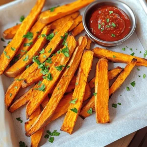 - 2 large sweet potatoes - 2 tablespoons olive oil - 1 teaspoon garlic powder - 1 teaspoon smoked paprika - 1/2 teaspoon cayenne pepper (optional) - Salt and black pepper to taste - Fresh parsley for garnish Using fresh sweet potatoes makes a big difference. They taste better and have a nice texture. Look for firm sweet potatoes with smooth skin. Avoid any that are soft or have dark spots. Choosing the right olive oil matters too. A good quality olive oil adds flavor and helps the fries crisp up. I prefer extra virgin olive oil for its rich taste. The spices also impact the flavor. Garlic powder and smoked paprika give the fries a warm, savory taste. If you like heat, add cayenne pepper. The right spices will make your fries pop! For the best results, always use high-quality ingredients. This ensures your crispy air fryer sweet potato fries taste great and look appealing. Check out the Full Recipe for more details on preparation. Soaking the fries Start by soaking the sweet potato fries in cold water. Use a large bowl and let them soak for at least 30 minutes. This step helps take out extra starch, which makes the fries crispier. Slicing techniques for even cooking When slicing the sweet potatoes, aim for thin strips. Keep them uniform in size to ensure they cook evenly. A sharp knife or a mandoline works great for this. How to coat the fries evenly Once the fries are dry, put them in a big bowl. Drizzle olive oil over them, then add garlic powder, smoked paprika, and salt. Toss everything together well. Make sure each fry is coated nicely. Tips for adjusting spice levels If you want a kick, add cayenne pepper. You can adjust the amount based on your taste. If you like it mild, skip it or use less. Preheating the air fryer Before cooking, preheat your air fryer to 400°F (200°C). Let it heat for about 5 minutes. Preheating is key for that golden-brown crunch. Cooking times and shaking methods Put the fries in the air fryer basket in a single layer. Don't overcrowd them; cook in batches if needed. Cook for 15 to 20 minutes, shaking the basket halfway. This helps them cook evenly. Adjust the time for your preferred crispiness. Enjoy the crispy sweet potato fries from the Full Recipe! To make sure your fries turn out crispy, start by drying them well. After soaking, drain the fries and pat them with a clean towel. This step is key because moisture makes fries soggy. Next, cook them in batches. If you overcrowd the air fryer, the fries will steam instead of crisp up. Give them space to breathe! Checking for doneness is simple. At around 15 minutes, peek at your fries. They should look golden and crispy. If you prefer crispier fries, let them cook a few minutes longer. Just keep an eye on them to avoid burning. Adjust the cooking time based on your taste. Some like them soft; others want a crunch. Get creative with seasonings! Besides garlic powder and smoked paprika, try adding onion powder or chili powder for a twist. If you want a sweet touch, sprinkle some cinnamon. For garnish, fresh parsley adds color and flavor. Serve your fries on a nice plate to impress your guests. Pair with your favorite sauce, like garlic aioli or spicy ketchup, for extra fun! {{image_4}} You can jazz up your sweet potato fries with different flavors. Sweet and savory options work well. For a sweet twist, try adding cinnamon and a drizzle of honey. For a savory kick, consider these herbs and spices: - Italian seasoning - Cumin - Chili powder - Parmesan cheese Mix and match seasonings to find your favorite blend. Experimenting with flavors makes cooking fun! Air frying gives you crispy fries with less oil. But what about other cooking methods? Oven baking is a good choice. It takes longer, but you can make a larger batch. Just spread the fries on a baking sheet and bake them at 425°F (220°C) for about 25-30 minutes. Remember to flip them halfway for even cooking! If you prefer pan-frying, heat some oil in a skillet. Cook the fries in small batches. This method can be oilier, but the fries will still be crispy. Adjust the cooking time as needed. Try these methods to find the one that suits your style best. To keep your leftover sweet potato fries fresh, store them in an airtight container. Place a piece of parchment paper between layers to absorb moisture. Refrigerate for up to three days. When you want to reheat them, use the air fryer. Heat at 350°F (175°C) for about 5-7 minutes. This will help regain their crispiness. You can freeze the fries either before or after cooking. For uncooked fries, freeze them on a baking sheet until firm, then transfer to a freezer bag. This keeps them from sticking together. Cooked fries can also be frozen. Let them cool completely, then place them in a freezer bag. To defrost, leave them in the fridge overnight. Reheat in the air fryer at 350°F (175°C) for 8-10 minutes to crisp them up again. To make your sweet potato fries crispy, start by soaking them. Place the cut fries in cold water for at least 30 minutes. This step removes extra starch, which helps them crisp up. After soaking, drain the fries and dry them well with a towel. The less moisture, the crispier your fries will be. This is a key step you don’t want to skip! Yes, you can use other types of potatoes! Regular potatoes work well, too. Russets give a nice texture, while yams add a sweeter flavor. Just remember to cut them into similar sizes for even cooking. Each type will bring a unique taste, so feel free to experiment! Sweet potato fries are great with many dips! Some popular choices are: - Garlic aioli - Spicy ketchup - Honey mustard - Chipotle mayo - Ranch dressing These sauces enhance the flavor and add fun to your meal. You should cook your fries for about 15-20 minutes. Shake the basket halfway through to ensure even cooking. If you want them extra crispy, check them around the 15-minute mark. Adjust the time based on how crispy you like them. Keep an eye on them to avoid burning! Yes, this recipe is great for meal prep! You can cut and soak the fries in advance. Store them in the fridge for up to 24 hours. Just remember to dry them well before cooking. Once cooked, these fries can last a few days in the fridge. Reheat them in the air fryer for best results. For the full recipe, check out the Crispy Air Fryer Sweet Potato Fries. This guide covered how to make tasty air fryer sweet potato fries. We discussed the best ingredients, like fresh sweet potatoes and quality olive oil. I shared steps for prep, cooking, and tips for crispy results. You can try different seasonings and cooking methods for variety. Storing and reheating tips ensure you enjoy leftovers too. I hope you feel ready to create these delicious fries and experiment. Enjoy your cooking!