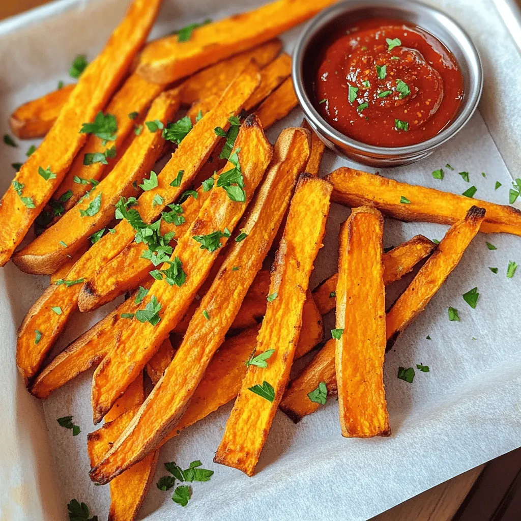- 2 large sweet potatoes - 2 tablespoons olive oil - 1 teaspoon garlic powder - 1 teaspoon smoked paprika - 1/2 teaspoon cayenne pepper (optional) - Salt and black pepper to taste - Fresh parsley for garnish Using fresh sweet potatoes makes a big difference. They taste better and have a nice texture. Look for firm sweet potatoes with smooth skin. Avoid any that are soft or have dark spots. Choosing the right olive oil matters too. A good quality olive oil adds flavor and helps the fries crisp up. I prefer extra virgin olive oil for its rich taste. The spices also impact the flavor. Garlic powder and smoked paprika give the fries a warm, savory taste. If you like heat, add cayenne pepper. The right spices will make your fries pop! For the best results, always use high-quality ingredients. This ensures your crispy air fryer sweet potato fries taste great and look appealing. Check out the Full Recipe for more details on preparation. Soaking the fries Start by soaking the sweet potato fries in cold water. Use a large bowl and let them soak for at least 30 minutes. This step helps take out extra starch, which makes the fries crispier. Slicing techniques for even cooking When slicing the sweet potatoes, aim for thin strips. Keep them uniform in size to ensure they cook evenly. A sharp knife or a mandoline works great for this. How to coat the fries evenly Once the fries are dry, put them in a big bowl. Drizzle olive oil over them, then add garlic powder, smoked paprika, and salt. Toss everything together well. Make sure each fry is coated nicely. Tips for adjusting spice levels If you want a kick, add cayenne pepper. You can adjust the amount based on your taste. If you like it mild, skip it or use less. Preheating the air fryer Before cooking, preheat your air fryer to 400°F (200°C). Let it heat for about 5 minutes. Preheating is key for that golden-brown crunch. Cooking times and shaking methods Put the fries in the air fryer basket in a single layer. Don't overcrowd them; cook in batches if needed. Cook for 15 to 20 minutes, shaking the basket halfway. This helps them cook evenly. Adjust the time for your preferred crispiness. Enjoy the crispy sweet potato fries from the Full Recipe! To make sure your fries turn out crispy, start by drying them well. After soaking, drain the fries and pat them with a clean towel. This step is key because moisture makes fries soggy. Next, cook them in batches. If you overcrowd the air fryer, the fries will steam instead of crisp up. Give them space to breathe! Checking for doneness is simple. At around 15 minutes, peek at your fries. They should look golden and crispy. If you prefer crispier fries, let them cook a few minutes longer. Just keep an eye on them to avoid burning. Adjust the cooking time based on your taste. Some like them soft; others want a crunch. Get creative with seasonings! Besides garlic powder and smoked paprika, try adding onion powder or chili powder for a twist. If you want a sweet touch, sprinkle some cinnamon. For garnish, fresh parsley adds color and flavor. Serve your fries on a nice plate to impress your guests. Pair with your favorite sauce, like garlic aioli or spicy ketchup, for extra fun! {{image_4}} You can jazz up your sweet potato fries with different flavors. Sweet and savory options work well. For a sweet twist, try adding cinnamon and a drizzle of honey. For a savory kick, consider these herbs and spices: - Italian seasoning - Cumin - Chili powder - Parmesan cheese Mix and match seasonings to find your favorite blend. Experimenting with flavors makes cooking fun! Air frying gives you crispy fries with less oil. But what about other cooking methods? Oven baking is a good choice. It takes longer, but you can make a larger batch. Just spread the fries on a baking sheet and bake them at 425°F (220°C) for about 25-30 minutes. Remember to flip them halfway for even cooking! If you prefer pan-frying, heat some oil in a skillet. Cook the fries in small batches. This method can be oilier, but the fries will still be crispy. Adjust the cooking time as needed. Try these methods to find the one that suits your style best. To keep your leftover sweet potato fries fresh, store them in an airtight container. Place a piece of parchment paper between layers to absorb moisture. Refrigerate for up to three days. When you want to reheat them, use the air fryer. Heat at 350°F (175°C) for about 5-7 minutes. This will help regain their crispiness. You can freeze the fries either before or after cooking. For uncooked fries, freeze them on a baking sheet until firm, then transfer to a freezer bag. This keeps them from sticking together. Cooked fries can also be frozen. Let them cool completely, then place them in a freezer bag. To defrost, leave them in the fridge overnight. Reheat in the air fryer at 350°F (175°C) for 8-10 minutes to crisp them up again. To make your sweet potato fries crispy, start by soaking them. Place the cut fries in cold water for at least 30 minutes. This step removes extra starch, which helps them crisp up. After soaking, drain the fries and dry them well with a towel. The less moisture, the crispier your fries will be. This is a key step you don’t want to skip! Yes, you can use other types of potatoes! Regular potatoes work well, too. Russets give a nice texture, while yams add a sweeter flavor. Just remember to cut them into similar sizes for even cooking. Each type will bring a unique taste, so feel free to experiment! Sweet potato fries are great with many dips! Some popular choices are: - Garlic aioli - Spicy ketchup - Honey mustard - Chipotle mayo - Ranch dressing These sauces enhance the flavor and add fun to your meal. You should cook your fries for about 15-20 minutes. Shake the basket halfway through to ensure even cooking. If you want them extra crispy, check them around the 15-minute mark. Adjust the time based on how crispy you like them. Keep an eye on them to avoid burning! Yes, this recipe is great for meal prep! You can cut and soak the fries in advance. Store them in the fridge for up to 24 hours. Just remember to dry them well before cooking. Once cooked, these fries can last a few days in the fridge. Reheat them in the air fryer for best results. For the full recipe, check out the Crispy Air Fryer Sweet Potato Fries. This guide covered how to make tasty air fryer sweet potato fries. We discussed the best ingredients, like fresh sweet potatoes and quality olive oil. I shared steps for prep, cooking, and tips for crispy results. You can try different seasonings and cooking methods for variety. Storing and reheating tips ensure you enjoy leftovers too. I hope you feel ready to create these delicious fries and experiment. Enjoy your cooking!