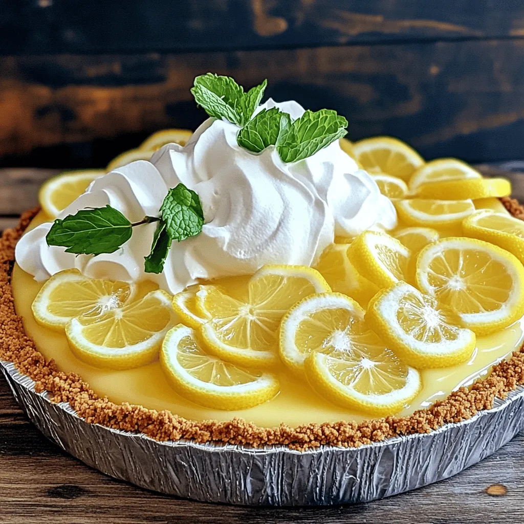 - 1 ½ cups graham cracker crumbs - ½ cup unsalted butter, melted - 1 cup sweetened condensed milk - ½ cup fresh lemon juice (about 2-3 lemons) - 2 teaspoons lemon zest (from the juiced lemons) - 1 cup heavy whipping cream - ¼ cup powdered sugar - Fresh mint leaves for garnish - Thin lemon slices for decoration To make this no-bake pie, gather all these ingredients first. The graham cracker crumbs create a crispy crust. Melt the unsalted butter, as it will help bind the crumbs. Sweetened condensed milk adds sweetness, while fresh lemon juice gives bright, tangy flavor. Lemon zest boosts the taste, making it even fresher. Heavy whipping cream is key for a fluffy filling. Powdered sugar sweetens the cream just right. For garnishes, fresh mint leaves and lemon slices add a lovely touch. Each ingredient plays a vital role, ensuring a delightful and refreshing dessert. You can find the Full Recipe for No-Bake Lemon Icebox Pie at the end of this article. To start, gather your graham cracker crumbs and melted butter. In a medium mixing bowl, mix them until they look like wet sand. Press this crumb mix into a 9-inch pie dish. Use your fingers or a flat measuring cup to pack it tightly. Make sure it covers the bottom and sides well. Next, pop the crust in the fridge to chill while you make the filling. For the filling, take a large mixing bowl. Whisk together sweetened condensed milk, fresh lemon juice, and lemon zest. Mix until the blend is smooth and creamy. Don't rush this step; a smooth mixture is key. In another bowl, beat heavy whipping cream with powdered sugar. Use an electric mixer on medium-high speed until you get stiff peaks. This should take just a few minutes. Be careful not to overwhip it! Gently fold the whipped cream into your lemon mix. Do this carefully to keep that light and fluffy texture. Now, pour the lemon filling into your chilled crust. Use a spatula to smooth the top evenly. Cover the pie with plastic wrap or foil. Refrigerate it for at least four hours, but overnight is best for setting. When it's time to serve, add fresh mint leaves and thin lemon slices on top for a pretty finish. Enjoy this refreshing summer dessert! To make a great crust, press firmly. This helps it hold shape better. When using store-bought crusts, check for freshness. They save time and taste great too. Just make sure they fit your pie dish well. Whipped cream is key for a light filling. Beat it until you see stiff peaks. This takes just a few minutes. Be careful not to overmix; this can make the cream heavy. Gently fold it into the lemon mixture. You want to keep that airy texture. Garnishing adds flair to your pie. Use fresh mint leaves for color. Thin lemon slices are also a nice touch. Arrange them on top for a pop of brightness. Serve the pie chilled for the best taste. Enjoy it with a smile! {{image_4}} You can change up the flavor of this pie easily. Try using different citrus fruits like limes or oranges. They add a nice twist to the classic lemon taste. You can also mix in fresh berries for a burst of color and flavor. Blueberries or raspberries work great here. If you love chocolate, add some chocolate chips to the filling. This gives a rich taste that pairs well with the lemon. The texture of your pie can also change with a few simple tweaks. Instead of using a graham cracker crust, try a cookie crust. Oreos or vanilla wafers make a tasty base. If you want some crunch, add crushed nuts like almonds or pecans to the filling or as a topping. This adds a fun texture contrast to the creamy pie. If you need to make dietary changes, you have options. You can make this pie gluten-free by using gluten-free graham cracker crumbs or a nut-based crust. For those looking for lower sugar options, use sugar-free sweetened condensed milk. You can also reduce the powdered sugar in the whipped cream. These swaps help keep the dessert light and healthy. For the full recipe, check out the details above. To keep your No-Bake Lemon Icebox Pie fresh, cover it well. Use plastic wrap or foil to seal it tightly. This helps keep the pie from drying out and prevents it from picking up other smells in the fridge. Place it in the fridge for easy access when you're ready to enjoy more. You can also freeze the pie for longer storage. To freeze, slice the pie first, then wrap each slice in plastic wrap. Place the wrapped slices in a freezer-safe bag. This way, you can take out only what you need. When ready to eat, let it thaw in the fridge overnight. In the fridge, your pie will last about 3 to 4 days. You can enjoy it for a few days after making it. If you freeze it, the pie can last up to 2 months. Watch for signs that the pie has gone bad. If you see any mold, a change in color, or a bad smell, it’s time to toss it. Always trust your senses to keep your food safe. Yes, you can make this pie a day ahead. Chilling it overnight helps the flavors blend. The pie sets better when made in advance. Just cover it well with plastic wrap or foil. To cut the pie, use a sharp knife. Dip the knife in warm water for a clean slice. Wipe the knife between cuts for neat pieces. This way, everyone gets a nice serving. You can use bottled lemon juice, but fresh juice tastes better. Fresh lemons give a bright flavor that bottled juice lacks. If you must use bottled, pick one with no additives. To make it vegan, swap the sweetened condensed milk for coconut cream. Use a vegan butter alternative for the crust. Lastly, replace heavy cream with whipped coconut cream for the filling. You can find the Full Recipe for No-Bake Lemon Icebox Pie by checking the recipe section. It has all the details you need to make this delicious dessert. This no-bake lemon icebox pie is simple and fun to create. You learned about ingredients, recipes, and tips to make it shine. From the crunchy crust to the creamy filling, every step makes a difference. Try out flavor variations and dietary changes to fit your needs. Store the pie properly for lasting freshness. You can impress your friends and family with this delicious treat. Enjoy the process, and share your results with others!