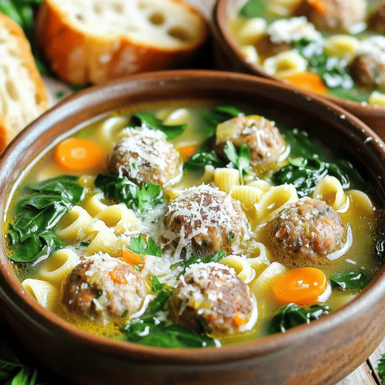 To make a great Italian wedding soup, you need key ingredients. Here’s what you will need: - 1 cup small pasta (such as acini di pepe or orzo) - 1 pound ground chicken or turkey - 1/2 cup grated parmesan cheese - 1/4 cup fresh parsley, finely chopped - 1 large egg, lightly beaten - 2 cloves garlic, minced - 1 small onion, finely diced - 6 cups low-sodium chicken broth - 1 cup carrots, sliced thinly - 1 cup fresh spinach leaves, chopped - 1 teaspoon dried oregano - Salt and freshly cracked black pepper to taste - Olive oil for sautéing Each of these ingredients adds layers of flavor. The meatballs provide protein, while the broth brings warmth. The pasta makes it filling, and the veggies add color and crunch. You can make this soup your own with some optional ingredients. Here are a few ideas: - Use different greens like kale or Swiss chard. - Add beans for extra protein and fiber. - Swap in beef or pork for the meatballs if preferred. - Include lemon zest for a bright finish. These choices let you play with flavors and textures. Feel free to mix and match based on what you love. Fresh ingredients matter. They bring life to your dish. Fresh herbs and vegetables add brightness and flavor. Dried herbs can work, but fresh gives a better taste. Use fresh chicken or turkey for meatballs for the best flavor and texture. When you choose quality, you elevate your soup. Freshness makes a big difference in taste and nutrition. Trust me, your taste buds will thank you! For the complete recipe, check the Full Recipe. To start, gather your ingredients for the meatballs. In a large bowl, mix together: - 1 pound ground chicken or turkey - 1/2 cup grated parmesan cheese - 1/4 cup finely chopped fresh parsley - 2 cloves minced garlic - 1 large beaten egg - Salt and freshly cracked black pepper to taste Using your hands, shape the mixture into small meatballs, about 1 inch wide. Place them on a plate and set aside. These meatballs add flavor and heartiness to the soup. Next, grab a large pot. Drizzle in some olive oil and heat it over medium heat. Add: - 1 small diced onion - 1 cup thinly sliced carrots Sauté these veggies for about 5 minutes. You want the onions to turn soft and clear. This step builds a strong base for your soup. Now, pour in 6 cups of low-sodium chicken broth. Stir gently and bring the broth to a gentle simmer. Carefully add your meatballs to the pot. Let them cook for 10-12 minutes. They should be cooked all the way through and no longer pink. Once the meatballs are ready, add: - 1 cup small pasta (like acini di pepe or orzo) Cook the pasta according to the package instructions, usually 7-10 minutes. After that, stir in: - 1 cup chopped fresh spinach - 1 teaspoon dried oregano Let the soup cook for another 2 minutes. This wilts the spinach and brings all the flavors together. Taste your soup and adjust the salt and pepper if needed. For the full recipe, be sure to check the detailed instructions. Enjoy your warm, comforting bowl of Italian wedding soup! To make tender meatballs, start with moist ground meat. I often use ground chicken or turkey. Adding grated cheese helps too. It gives flavor and moisture. When mixing, don’t overwork the meat. Mix just until combined, then form small balls. This keeps them soft. Cooking pasta in the soup is simple. Add the pasta when the meatballs are done. Follow the package instructions for the cooking time. I like to check the pasta a minute early. This way, it stays al dente. Remember, it will continue to cook in the hot soup. If you add it too soon, it might become mushy. Herbs and spices boost the soup's flavor. I love adding fresh parsley. It brightens the dish. Dried oregano is another great choice. It adds warmth. Feel free to experiment with other herbs too. A pinch of red pepper flakes can add some heat. Always taste as you go. Adjust the seasoning to match your taste. For more detailed steps, check the Full Recipe. {{image_4}} You can create a vegetarian version of classic Italian wedding soup. Instead of meatballs, use lentils or chickpeas. These add protein and texture. For a richer flavor, sauté mushrooms with your onions and garlic. You can also throw in some diced zucchini or bell peppers for extra veggies. Different areas in Italy have their own takes on this soup. In some regions, they use beef instead of chicken. Others add different greens, like kale or Swiss chard. You might even find recipes that include tiny meatballs made from pork. Each twist brings a new flavor, so feel free to explore! For a gluten-free version, swap out regular pasta for gluten-free pasta. Rice or quinoa can also work well in the soup. Just make sure to check that your broth is gluten-free too. This way, you can enjoy the same comforting taste without the gluten. Check out the Full Recipe for more delicious ways to make this dish! To keep your leftover soup fresh, let it cool first. Pour the soup into an airtight container. Make sure to leave some space at the top. This allows for expansion. You can keep the soup in the fridge for up to three days. If you want it to last longer, freezing is a great option. For long-term storage, use freezer-safe containers. You can also use heavy-duty freezer bags. Divide the soup into individual portions. This way, you can thaw only what you need. Seal the bags tightly to avoid freezer burn. Your soup will last up to three months in the freezer. Remember to label the bags with the date. When ready to enjoy your soup again, thaw it in the fridge overnight. For reheating, use a pot on low heat. Stir often to avoid sticking. If the soup seems thick, add a little broth or water. Heat until it’s warm throughout. You can also reheat in the microwave. Just cover it and heat in short bursts, stirring in between. Enjoy your delicious soup just like the first time! Italian Wedding Soup comes from Italy. It is not about weddings. The name means "marriage" of flavors. The dish mixes meatballs and greens, creating a rich taste. It has roots in Southern Italy. Many families enjoy this soup during special occasions. The soup is now loved worldwide for its warmth and comfort. Yes, you can use different meats for the meatballs. Ground beef or pork works well. You can also use a mix of meats. This adds more flavor. If you prefer a lighter option, use chicken or turkey. The key is to season the meat well. This will keep your meatballs tasty. You can make this soup ahead of time. Cook it fully and let it cool. Store it in the fridge for up to three days. To freeze, cool completely and place in an airtight container. It will last for about three months. When ready to eat, reheat on the stove. Add a little water or broth if needed. This keeps the soup fresh and flavorful. For the full recipe, check out the complete instructions above. This blog post covered all you need for making classic Italian wedding soup. We talked about the key and optional ingredients, stressing the importance of freshness. I shared step-by-step instructions, tips for perfect meatballs and pasta, and tasty variations to try. We also looked at how to store and reheat leftovers. In the end, you have all the tools to create a delicious soup. Enjoy sharing this meal with friends and family!