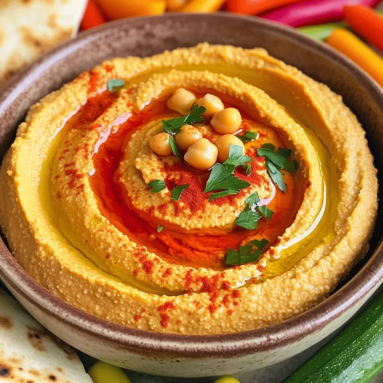 To make this tasty roasted red pepper hummus, you need a few key items. Here’s what you’ll need: - 1 can (15 oz) chickpeas, thoroughly rinsed and well-drained - 2 large roasted red peppers, peeled and coarsely chopped - 3 tablespoons creamy tahini - 2 tablespoons extra virgin olive oil, plus more for drizzling - 2 cloves of garlic, finely minced - 1 tablespoon freshly squeezed lemon juice - 1 teaspoon ground cumin for warmth - Salt and freshly cracked black pepper, to taste - Cold water, as required for desired creaminess - Smoked paprika and freshly chopped parsley for an elegant finish Want to kick your hummus up a notch? Consider these fun add-ins: - A pinch of cayenne pepper for heat - Roasted garlic for a sweeter taste - A tablespoon of fresh herbs like basil or cilantro - A splash of balsamic vinegar for tanginess - A bit of feta cheese for creaminess Feel free to mix and match these options. Each one can add a unique twist to your hummus. The ingredients in this hummus are not just tasty; they pack a nutritious punch: - Chickpeas: High in protein and fiber, they help keep you full. - Tahini: Made from sesame seeds, it adds healthy fats and calcium. - Olive Oil: Rich in monounsaturated fats, it supports heart health. - Garlic: Offers immune-boosting properties and can help lower blood pressure. - Red Peppers: Full of vitamins A and C, they promote healthy skin and eyes. Each ingredient works together to create a dish that's not only delicious but also good for you. For the full recipe, check out the detailed cooking guide. Making roasted red pepper hummus is easy and quick. You need a food processor. Gather all your ingredients first. This helps keep things organized. Start by blending everything together until smooth. You can add water for creaminess. 1. Place the rinsed chickpeas, chopped roasted red peppers, tahini, olive oil, minced garlic, lemon juice, and ground cumin into your food processor. 2. Secure the lid tightly. Blend the mix on high speed. Stop to scrape the bowl down. This ensures everything mixes well. 3. If the hummus is too thick, add cold water. Do this one tablespoon at a time. Blend after each addition until you reach the right creaminess. 4. Taste your hummus. Add salt and freshly cracked black pepper to make it better. 5. Transfer the smooth hummus to a serving bowl. Drizzle olive oil on top for extra flavor. 6. Sprinkle smoked paprika and chopped parsley on top for color and flair. To get your hummus just right, focus on the blending time. Blend longer for a smoother texture. If it’s still thick, keep adding cold water slowly. Make sure to taste as you go. Adjust the seasoning to your liking. A little tweak can make a big difference. One big mistake is using dry chickpeas. Always use canned chickpeas for smoothness. Another pitfall is not rinsing the chickpeas. Rinsing helps reduce the canned taste. Avoid over-blending; you want a creamy texture, not a soup. Lastly, be careful with salt. Start with a little and taste as you go. To boost flavor, try adding lemon zest. It adds brightness and fresh taste. You can also mix in roasted garlic for a sweet, rich flavor. For extra heat, toss in a pinch of cayenne pepper. Experiment with herbs like cilantro or basil for unique twists. Each of these can make your hummus stand out. Presentation matters! Serve the hummus in a colorful bowl to catch the eye. Drizzle olive oil on top for a glossy finish. Sprinkle smoked paprika or fresh herbs for color. Pair it with warm pita bread and crunchy veggies. Arrange these on a large platter for a beautiful spread. Explore the [Full Recipe] for more ideas on serving this dish. {{image_4}} Want some heat? Add a kick to your hummus! Use sliced jalapeños or red pepper flakes. Blend them in with your other ingredients for a spicy twist. This adds depth and flavor. You can also drizzle with hot sauce before serving. It’s a perfect match for those who love bold flavors. Herbs can give your hummus a fresh taste. Try adding fresh basil, cilantro, or parsley. You can also mix in other roasted veggies. Think zucchini or eggplant for extra flavor. These additions make your hummus unique and vibrant. They bring in new textures and tastes, making it fun to try different combinations. This hummus is already vegan and gluten-free! You can enjoy it with confidence. It uses chickpeas, tahini, and olive oil, which fit both diets perfectly. If you want to make it even more exciting, serve it with gluten-free crackers or veggie sticks. This way, everyone can enjoy it at any gathering. For the full recipe, check the details mentioned earlier. To keep your hummus fresh, place it in an airtight container. This helps prevent air from drying it out. Make sure to seal the lid tightly. You can also drizzle a thin layer of olive oil on top. This adds flavor and keeps it moist. Store the container in the fridge. It will stay good for about 4 to 5 days. If you want to save hummus for later, freezing is a great option. Start by placing the hummus in a freezer-safe container. Leave some space at the top, as it may expand when frozen. You can also use ice cube trays for small portions. Once frozen, transfer the cubes to a zip-top bag. This method makes it easy to thaw just what you need. Homemade hummus can last up to 3 months in the freezer. Choose containers made of glass or BPA-free plastic. Glass containers are great for keeping flavors intact. They are also easy to clean. If you use plastic, make sure it is strong and safe for freezing. Avoid containers that are too large for small amounts. This helps keep your hummus fresh. For extra care, label your containers with the date. This way, you’ll know when to use them. For the full recipe, check out the Roasted Red Pepper Hummus Delight. Homemade roasted red pepper hummus can last about 5 to 7 days in the fridge. Make sure to store it in an airtight container. This keeps it fresh and tasty. If you notice any changes in smell or color, it's best to toss it out. Yes, you can use jarred roasted red peppers. They save time and add great flavor. Just drain them well before adding to your hummus. This helps keep the hummus from getting too watery. Roasted red pepper hummus pairs well with many foods. Here are some ideas: - Warm pita bread - Fresh vegetable sticks like carrots, cucumbers, and bell peppers - Crackers or tortilla chips - A colorful mezze platter with olives and herbs You can find the full recipe above. Enjoy your tasty hummus! In this post, we explored the key ingredients and step-by-step instructions for roasted red pepper hummus. We covered tips for flavor, common mistakes, and variations. You learned how to store hummus properly and answered your main questions. Remember, this dish is simple yet versatile. Enjoy making your own hummus using fresh ingredients. Try different flavors to find your favorite mix. Happy cooking!