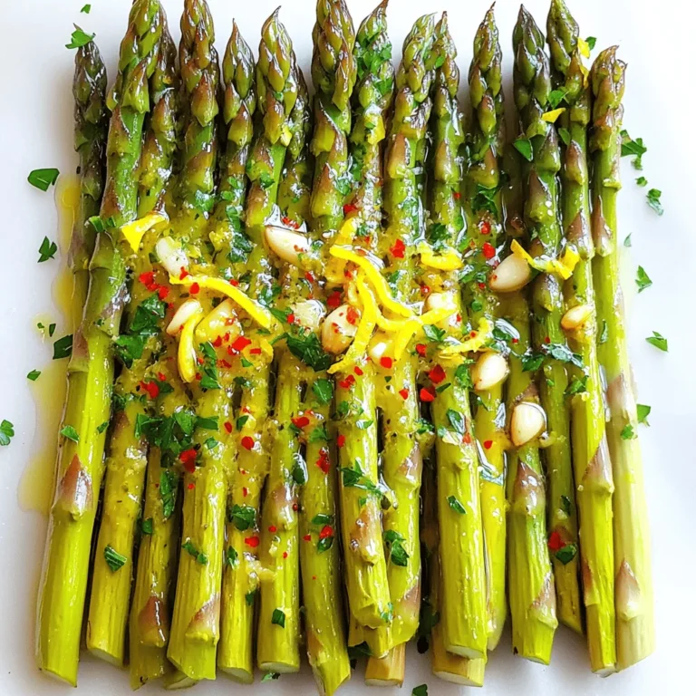 For this bright dish, gather these fresh ingredients: - 1 lb fresh asparagus, trimmed and cleaned - 3 tablespoons extra virgin olive oil - 4 cloves garlic, finely minced - Zest of 1 medium lemon - 2 tablespoons freshly squeezed lemon juice - 1 teaspoon sea salt (adjust to taste) - ½ teaspoon freshly ground black pepper Add these optional ingredients for a boost in taste: - ¼ teaspoon red pepper flakes (for a kick of heat) - 2 tablespoons grated Parmesan cheese (for a savory garnish) - Fresh parsley, chopped finely (for garnish) To make cooking easier, use these kitchen tools: - A large mixing bowl for the marinade - Whisk for mixing - Baking sheet lined with parchment paper - Tongs for tossing the asparagus - Measuring spoons for accuracy This ingredient list sets you up for success in creating lemon garlic roasted asparagus. For the full recipe, follow the steps laid out in the next section. Start with fresh asparagus. Look for bright green spears. Trim the tough ends to keep it tender. Rinse the asparagus under cold water. Pat them dry with a towel. This keeps them from steaming when you roast them. In a large bowl, add three tablespoons of extra virgin olive oil. Next, add four cloves of minced garlic. Don't forget the zest of one lemon and two tablespoons of lemon juice. Season with one teaspoon of sea salt and half a teaspoon of black pepper. For some heat, you can add red pepper flakes. Mix this well with a whisk. This marinade gives the asparagus a bright, fresh taste. Preheat your oven to 425°F (220°C). This hot temperature helps the asparagus get crispy. Spread the marinated asparagus on a lined baking sheet. Make sure they are not crowded. Roast for 12-15 minutes. The asparagus should be tender and slightly crispy. Once done, sprinkle grated Parmesan cheese over the asparagus for extra flavor if you like. Finish with chopped parsley for a fresh look. For the full recipe, check the details above. To get the best flavor from your asparagus, roast it at 425°F (220°C). This high heat helps the asparagus become tender and slightly crispy. Preheat your oven well before adding the asparagus. A hot oven ensures even cooking and great texture. If you don't have all the ingredients, don't worry! You can swap items easily. Instead of olive oil, try avocado oil for a different taste. If you lack fresh garlic, use garlic powder. For a twist, add lemon zest from a grapefruit. Skip the Parmesan cheese for a dairy-free option, or use vegan cheese to keep it similar. Lemon garlic roasted asparagus shines at any meal. Serve it as a side with grilled chicken or fish. It also pairs well with pasta or quinoa for a healthy dish. Try it at brunch with eggs or on a holiday table. It brings fresh flavor and bright color that everyone will love. If you want to make it even better, check out the Full Recipe for extra tips! {{image_4}} You can easily make this dish more filling by adding protein. Chicken and shrimp work great. For chicken, use thin strips. Marinate them with the same lemon-garlic mix. Roast them alongside the asparagus for about 20 minutes. For shrimp, toss them in the marinade too. They cook fast! Add them in the last five minutes of roasting. This makes a tasty, complete meal. If you want a vegetarian twist, replace Parmesan with vegan cheese. Nutritional yeast is another option. It adds a cheesy flavor without dairy. Sprinkle it over the asparagus after roasting. This keeps the dish light but full of flavor. Both options make it great for your plant-based friends! Feel free to mix in other veggies based on the season. Bell peppers, cherry tomatoes, or zucchini work well. Just chop them into similar sizes as the asparagus. Toss them in the same marinade and roast together. This adds variety and makes the dish colorful and fun. You can find fresh vegetables at your local market. They bring new flavors to the table! For more details, check out the Full Recipe. After you finish your meal, let the asparagus cool down. Place it on a plate to let steam escape. This helps keep the asparagus crisp. Cooling it quickly prevents sogginess. Once the asparagus is cool, store it in an airtight container. This keeps it fresh longer. You can also wrap it in plastic wrap. If you want to keep it crispy, place a damp paper towel inside the container. This adds moisture without making it soggy. When it's time to reheat, use the oven or an air fryer. Preheat your oven to 350°F (175°C). Place the asparagus on a baking sheet. Heat for about 5-10 minutes. This method keeps it crispy, unlike the microwave. If using a microwave, heat it in short bursts. Check often to avoid overcooking. Enjoy your delicious lemon garlic roasted asparagus again! For complete details, refer to the Full Recipe. Yes, you can use frozen asparagus. However, fresh asparagus tastes better. Frozen asparagus can have a softer texture. If you use frozen, thaw it first. Drain any extra moisture before roasting. This helps keep your dish crisp. You can tell asparagus is done when it turns bright green. It should be tender and slightly crispy at the tips. You can test it by poking a spear with a fork. If it goes in easily, it’s ready. Roasting takes about 12-15 minutes at 425°F (220°C). Keep an eye on it to avoid overcooking. Asparagus is very healthy. It’s low in calories and packed with nutrients. Here are some benefits: - Rich in vitamins: Asparagus has vitamins A, C, E, and K. - High in fiber: This helps with digestion and keeps you full. - Contains antioxidants: These protect your cells from damage. - May improve heart health: Asparagus can lower blood pressure and cholesterol. Adding this veggie to your diet is a smart choice. Enjoy it roasted with lemon and garlic for extra flavor. For the full recipe, check out the Zesty Lemon Garlic Asparagus Delight. Lemon garlic roasted asparagus is simple to make and full of flavor. We covered fresh and optional ingredients, along with kitchen tools you need. You learned the best steps to prep, mix, and roast asparagus perfectly. I shared tips for roasting and ingredient swaps, plus ideas for serving it with protein or veggies. Lastly, we discussed how to store leftovers for later enjoyment. Enjoy this dish as a tasty and healthy side. You can now impress your friends and family with your new skills!