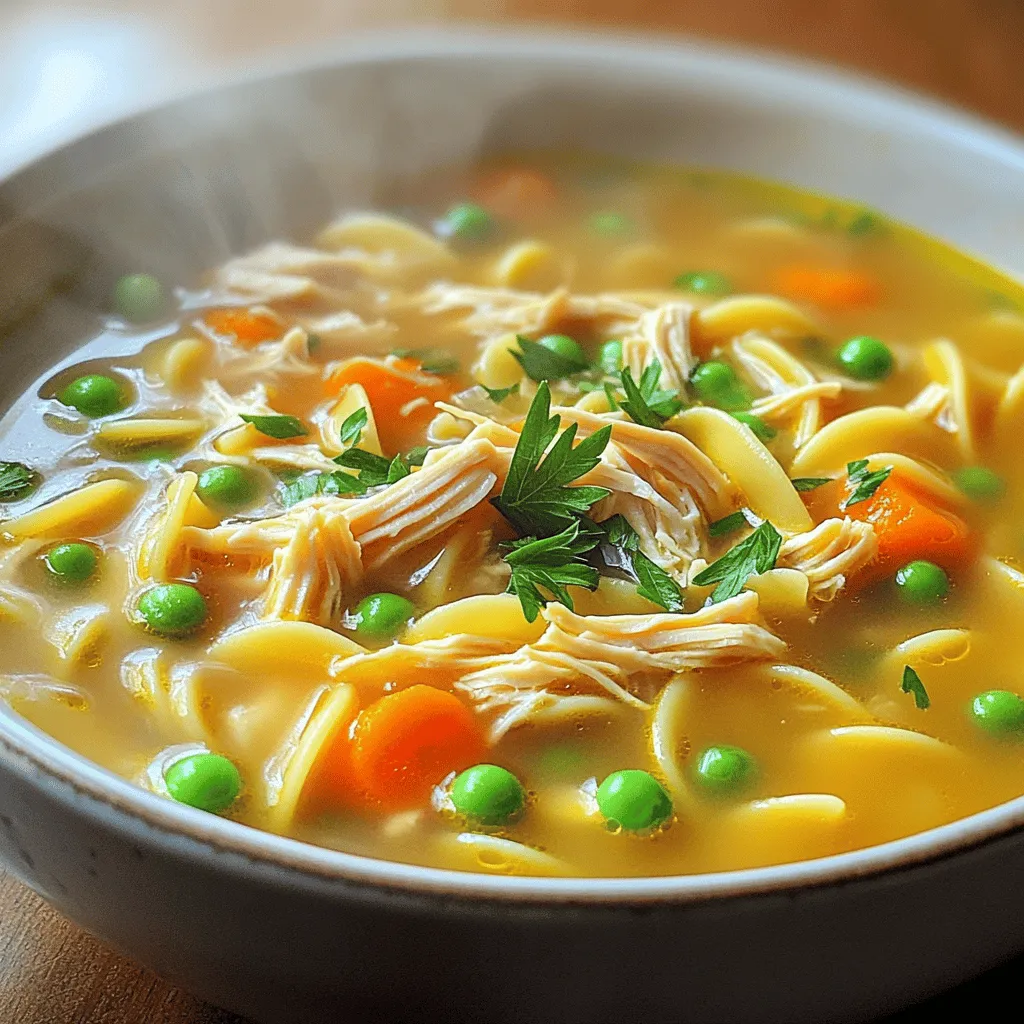 To make easy chicken noodle soup, gather these simple ingredients: - 1 tablespoon olive oil - 1 medium onion, finely chopped - 2 carrots, peeled and sliced into thin rounds - 2 celery stalks, diced into small pieces - 3 cloves of garlic, minced - 1 pound boneless, skinless chicken breasts - 6 cups chicken broth (homemade or low-sodium) - 1 teaspoon dried thyme - 1 bay leaf - 8 ounces egg noodles - 1 cup frozen peas - Salt and freshly ground black pepper to taste - Fresh parsley, chopped (for garnish) These ingredients work together to create a warm, hearty dish. The chicken adds protein, while the veggies give great flavor. The egg noodles soak up the broth, making each bite comforting. I always choose low-sodium broth for control over salt. Using fresh parsley at the end makes the dish pop with color. For the full recipe, you can check out the detailed steps to bring this soup to life. Sautéing Aromatics Start by heating 1 tablespoon of olive oil in a large stockpot over medium heat. Once the oil is hot, add the finely chopped onion, sliced carrots, and diced celery. Sauté these for about 5-7 minutes. You want them to become tender and smell great. Next, add 3 cloves of minced garlic and sauté for another 1-2 minutes. Stir it constantly to avoid burning the garlic. Cooking the Chicken Now, it’s time for the star of the show: the chicken. Carefully place 1 pound of boneless, skinless chicken breasts into the pot. Pour in 6 cups of chicken broth, then add 1 teaspoon of dried thyme and 1 bay leaf. Bring this mixture to a boil. Once it’s boiling, reduce the heat to low. Let it simmer for about 15-20 minutes. The chicken should reach an internal temperature of 165°F (75°C). Shredding the Chicken After cooking, carefully remove the chicken from the pot using tongs or a slotted spoon. Shred the chicken into bite-sized pieces using two forks. Once shredded, return the chicken to the pot to soak up all the flavors. Adding Noodles and Peas Next, stir in 8 ounces of egg noodles and 1 cup of frozen peas. Cook the soup for an additional 7-10 minutes. The noodles should be al dente and tender, ready to enjoy. Seasoning the Soup Taste your soup! Season it with salt and freshly ground black pepper, adjusting to your liking. Don’t forget to remove the bay leaf before serving. Tips for Serving Serve the soup hot in bowls. For a nice touch, sprinkle some freshly chopped parsley on top. This adds color and a burst of flavor. Enjoy this comforting bowl of easy chicken noodle soup! For complete details, check out the Full Recipe. Choosing the Right Broth Use homemade broth for the best flavor. If you don’t have time, low-sodium store-bought broth works too. It keeps the soup light and lets other flavors shine through. How to Properly Shred Chicken After cooking the chicken, let it cool slightly. Use two forks to pull the chicken apart. This keeps it moist and tender. You can also use your hands if you prefer. Ensuring Perfect Noodles Cook the noodles separately if you want them to stay firm. Overcooked noodles can turn mushy in the soup. If you add them straight to the pot, just keep an eye on the cooking time. Adding Fresh Herbs and Spices Fresh herbs like parsley or thyme brighten the soup. You can also add a squeeze of lemon juice for a touch of zest. Experiment with flavors to find your perfect mix. Substituting Ingredients Feel free to swap out chicken for turkey or use veggie broth for a vegetarian version. You can also add other veggies like spinach or corn for extra nutrition. Slow Cooker/Instant Pot Options For a slow cooker, add all the ingredients and cook on low for 6-8 hours. In an Instant Pot, cook on high pressure for 15 minutes, then shred the chicken. Both methods make great soup with less effort. For the complete recipe, check out the [Full Recipe]. {{image_4}} - Switching to Whole Wheat Noodles Whole wheat noodles add more fiber. They make the soup heartier. Plus, they keep you full longer. - Using Low-Sodium Ingredients Low-sodium chicken broth helps control salt intake. It is great for those watching their sodium levels. You still keep all the flavor without the extra salt. - Adding Spinach or Kale Spinach or kale boosts nutrition. They add vitamins and minerals. Toss them in just before serving for a fresh taste. - Mexican Chicken Noodle Soup Add cumin and lime juice for a twist. Include black beans and corn for extra texture. This gives your soup a bright, zesty flavor. - Creamy Chicken Noodle Soup Stir in some heavy cream or coconut milk. This makes the soup rich and smooth. It feels like a warm hug in a bowl. - Spicy Chicken Noodle Soup Use red pepper flakes or jalapeños to spice things up. This adds a kick that warms you from the inside. Perfect for chilly days or when you need a little heat. For detailed steps on how to make your soup, check the Full Recipe. Store your easy chicken noodle soup in an airtight container. This keeps it fresh and tasty. Let the soup cool down before sealing it. You can keep it in the fridge for up to four days. Just remember to reheat it well before serving. If you notice any off smell or change in color, it’s best to discard it. To freeze your soup, use freezer-safe containers. Leave some space at the top, as the soup will expand. It can last up to three months in the freezer. When you’re ready to eat it, let it thaw overnight in the fridge. Reheat the soup on the stove over low heat. Stir it often to keep it warm and to avoid burning. You can also use a microwave. Just heat it in short bursts and stir in between. This keeps the soup delicious and helps it warm evenly. For the best taste, add fresh herbs or a squeeze of lemon after reheating. For the full recipe, visit the link provided. Can I use rotisserie chicken? Yes, rotisserie chicken works great! It saves time and adds rich flavor. Just shred it and add it to your soup near the end of cooking. How do I make chicken noodle soup thicker? To thicken your soup, try adding more noodles or use a cornstarch slurry. Mix equal parts cornstarch and cold water, then stir it in while the soup simmers. Can I substitute egg noodles with another type? Absolutely! You can use any pasta you like. Just adjust the cooking time based on the type of pasta you choose. Is chicken noodle soup healthy? Yes, chicken noodle soup is healthy. It offers protein from the chicken and nutrients from the veggies. Plus, it can soothe a cold! What are the calories in easy chicken noodle soup? A serving has about 250-300 calories, depending on your ingredients. It’s a light meal that fills you up. What to serve with chicken noodle soup? I love pairing it with crusty bread or a fresh salad. Both add texture and flavor to your meal. How long does it take to make chicken noodle soup? It takes about 40 minutes from start to finish. This includes prep time and cooking time, so it’s quick and easy. Can I double the recipe? Yes, you can double the recipe! Just make sure your pot is big enough. Adjust cooking time if needed, but it should stay about the same. For the full recipe, check out the detailed instructions above! This blog post covered how to make a tasty chicken noodle soup. I shared the ingredients you need, step-by-step instructions, and useful tips. Plus, you learned about healthy and flavorful variations and storage options. Remember, chicken noodle soup can be easy and fun to make. With a few tweaks, you can personalize it to fit your taste. Enjoy making this comforting dish for yourself and others!