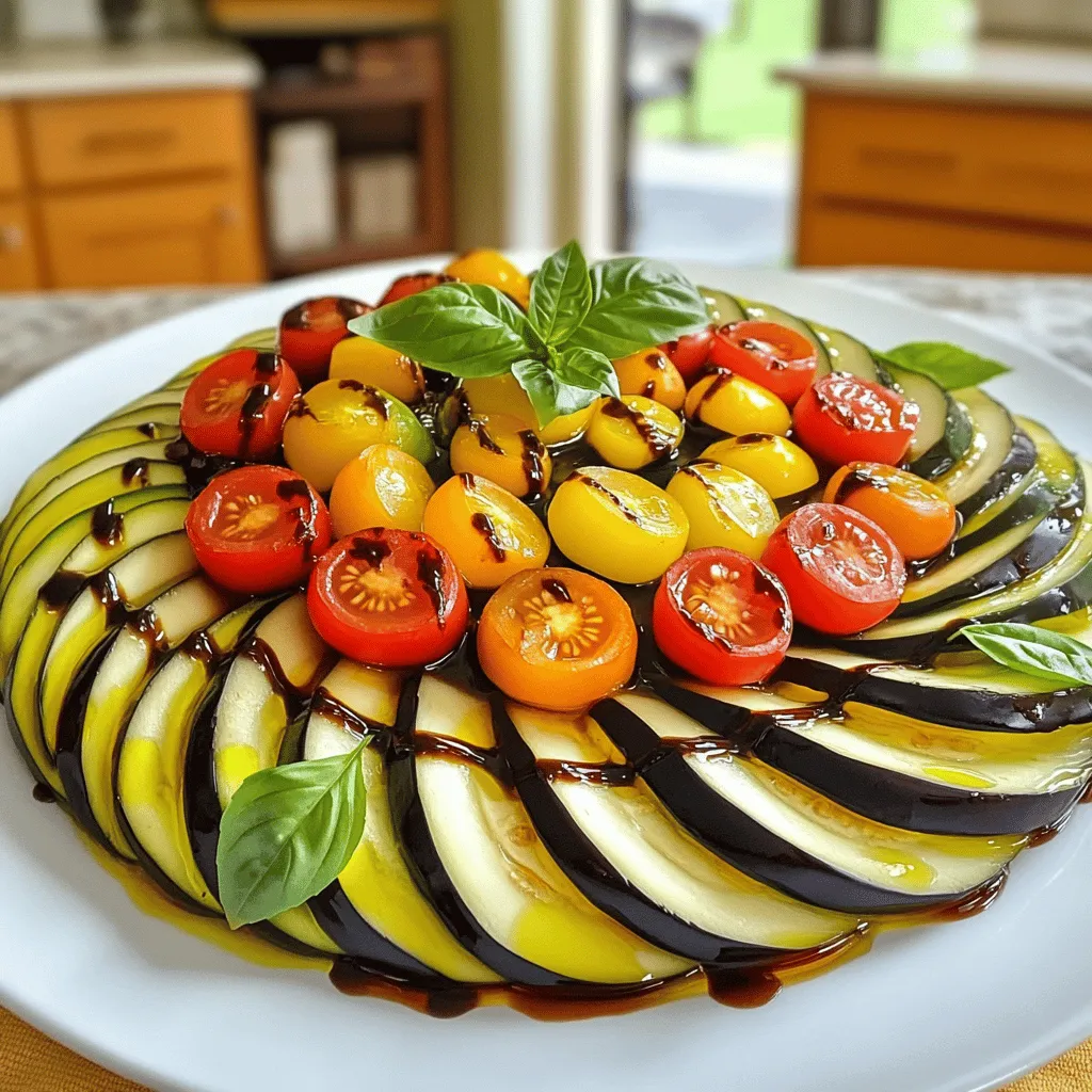- 1 medium zucchini, sliced into thin rounds - 1 medium eggplant, sliced into thin rounds - 1 bell pepper (red or yellow), sliced into thin strips - 1 medium onion, thinly sliced - 2 cups cherry tomatoes, halved - 3 cloves garlic, finely minced - 1 teaspoon fresh thyme leaves - 1 teaspoon fresh basil, finely chopped - ½ teaspoon dried oregano - Salt and pepper to taste - 4 tablespoons olive oil - 1 tablespoon balsamic vinegar (for drizzling) - Fresh basil leaves for garnish When I make baked ratatouille, I focus on fresh, vibrant vegetables. Each one adds its own flavor. You can get creative with your choices too. Use what you love! Garlic and herbs build a strong base of flavor. Fresh thyme and basil really make a difference. They add brightness and aroma. Dried oregano brings earthiness, too. Olive oil is key for roasting. It helps the veggies brown and adds richness. Balsamic vinegar adds a touch of sweetness and tang. It enhances the dish's overall taste. You can find the full recipe at the end. Enjoy the process of layering these fresh ingredients. Each step brings you closer to a colorful, healthy meal that everyone will love. - Preheat your oven to 400°F (200°C). This temperature helps the veggies cook evenly. - In a large skillet, heat 2 tablespoons of olive oil over medium heat. Add sliced onion and minced garlic. Sauté until the onion is translucent and fragrant, about 5 minutes. I like to season with salt, pepper, and dried oregano to boost the flavor. - Spread the sautéed onion and garlic mixture evenly in a 9x13 inch baking dish. This mix forms a tasty base for our ratatouille. - Now, it’s time to layer! Artfully arrange sliced zucchini, eggplant, bell pepper, and halved cherry tomatoes in an alternating spiral pattern. Standing the vegetables upright creates a colorful display that makes the dish pop. - Drizzle the remaining 2 tablespoons of olive oil over the veggies. Season with fresh thyme, chopped basil, salt, and pepper to make each bite flavorful. - Cover the baking dish tightly with aluminum foil. This keeps the moisture in while baking. Bake in the preheated oven for 30 minutes. After that, remove the foil and continue baking for another 15-20 minutes. You want the veggies tender with edges that caramelize. - Once done, take the dish out of the oven and drizzle balsamic vinegar over the top. This adds a tasty touch of acidity. - Garnish with fresh basil leaves just before serving. This adds color and a lovely aroma to your baked ratatouille. You can find the full recipe above for a detailed cooking guide! Enjoy your flavorful vegetable delight. To make your baked ratatouille shine, always use fresh, quality vegetables. This choice boosts the dish's flavor and makes it more appealing. You should also adjust the baking time based on how soft you want the veggies. If you like them firm, check at 30 minutes. For a softer bite, leave them in longer. You can serve ratatouille warm or at room temperature. It tastes great either way! For an extra touch, garnish with fresh basil and a drizzle of olive oil. This adds flavor and looks nice on the plate. For a beautiful presentation, plate individual portions. This makes your dish look fancy and inviting. Use a colorful serving dish to catch the eye. The bright colors of the veggies pop against a vibrant background, making your ratatouille even more appealing. For the full recipe, see Ratatouille Delight . {{image_4}} You can make your baked ratatouille even better by adding protein. A great choice is cheese. Mozzarella or goat cheese melts nicely and adds creaminess. You may also add sliced chicken or turkey. This makes the dish filling and adds new flavors. Feel free to get creative with your veggies! You can swap in different kinds of squash or bell peppers. Adding spinach or kale boosts the nutrients. These greens add color and flavor, making your dish even more delicious. Try playing with the flavors in your ratatouille. Different herbs can change the taste. Rosemary or parsley can add a fresh twist. If you like heat, add crushed red pepper for a spicy kick. This will make your meal exciting and full of flavor. Explore these variations to make your baked ratatouille unique! For the full recipe, check the earlier sections. After enjoying your baked ratatouille, store any leftovers in an airtight container. This helps keep it fresh. I recommend consuming it within 3-4 days. This way, you still enjoy the vibrant flavors and textures. You can freeze individual portions if you want to save some for later. Just place them in freezer-safe containers. When you're ready to eat, thaw and reheat gently. This keeps the taste and texture intact. For the best results, reheat your ratatouille in the oven. This method helps maintain its crispness. If you're in a hurry, using the microwave works too. Just be sure to heat it gently to keep the flavors fresh. Baked ratatouille generally lasts 3-4 days in the fridge. To keep it fresh, store it in an airtight container. It’s best to enjoy it within this time for the best flavor and texture. Yes, you can make ratatouille ahead of time. It’s a great option for meal prep. Store it in the fridge after cooking. You can reheat it later for a quick and tasty meal. Yes, ratatouille is suitable for vegans. All the ingredients are completely plant-based. This dish is a colorful way to enjoy healthy vegetables without any animal products. You can feel good about serving it to everyone! In this article, we explored how to make a delicious baked ratatouille. We talked about fresh veggies like zucchini and eggplant, plus tasty herbs like basil and thyme. I shared easy steps to sauté, layer, and bake your dish to perfection. Remember to use quality ingredients for the best taste. You can also switch up the recipe with proteins or different veggies. This dish keeps well and can be enjoyed again. Enjoy making ratatouille and impress your friends with this colorful meal!