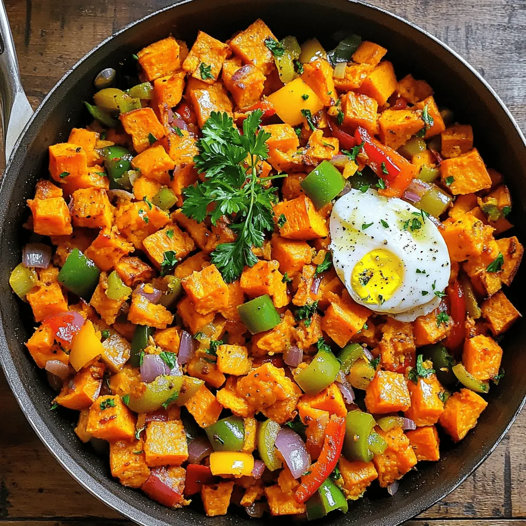 To make a tasty sweet potato hash, gather these simple ingredients: - 2 medium sweet potatoes, peeled and diced into 1/2-inch cubes - 1 red bell pepper, finely diced - 1 green bell pepper, finely diced - 1 small red onion, finely diced - 2 cloves garlic, minced - 1 teaspoon smoked paprika - 1/2 teaspoon ground cumin - Salt and freshly ground black pepper to taste - 3 tablespoons extra-virgin olive oil - 4 large eggs (optional, for serving) - Fresh parsley, chopped (for garnish) Fresh herbs can brighten your hash. Try adding: - Chopped cilantro for a fresh kick - Thyme for an earthy flavor - Chives for a mild onion taste - Oregano for a hint of sweetness Experiment with spices too. You can add chili powder for heat or turmeric for color. Choosing the right cooking oil is key. I recommend: - Extra-virgin olive oil: Rich in healthy fats and flavor. - Avocado oil: Great for high heat and packed with vitamins. - Coconut oil: Adds a unique taste and is good for cooking. Each oil brings its own benefits, making your sweet potato hash even better. For the best result, use extra-virgin olive oil in this recipe. You will love the flavor! For the full recipe, check out the details above. 1. Start by heating 2 tablespoons of olive oil in a large skillet over medium heat. Wait until the oil shimmers. 2. Carefully add the diced sweet potatoes to the skillet. Season them with salt, pepper, smoked paprika, and cumin. Stir to coat the sweet potatoes evenly. 3. Let the sweet potatoes cook for 10-12 minutes. Stir them occasionally. They should soften and turn golden-brown on the edges. 4. Next, add the diced red onion and bell peppers to the skillet. Cook while stirring for another 5-7 minutes. All the veggies should become tender and slightly caramelized. 5. In the last minute, add the minced garlic to the skillet. Stir well and cook until the garlic smells great, about 30 seconds. Taste and adjust seasoning if needed. 6. If you want to add eggs, heat the last tablespoon of olive oil in another pan over medium heat. Cook the eggs to your liking, either fried sunny-side-up or poached. 7. Serve by spooning the sweet potato hash onto plates or bowls. Top with a cooked egg and sprinkle fresh parsley for color. This recipe uses several key cooking techniques: - Sautéing: This method cooks the sweet potatoes and veggies quickly, creating a nice browning effect. - Seasoning: Adding spices like smoked paprika and cumin enhances the flavor. - Layering: Cooking veggies in stages helps build depth in taste and texture. - Garnishing: Adding fresh parsley brightens up the dish visually and adds freshness. - Use medium heat to ensure even cooking. High heat can burn the sweet potatoes. - Stir often, especially after adding the onions and bell peppers. This keeps them from sticking and burning. - Keep an eye on the garlic. It can burn quickly, so add it last. - If you see the veggies getting too dark, lower the heat and add a splash of water to steam them. For more details, check the Full Recipe. To achieve the best texture for your sweet potato hash, follow these tips: - Cut sweet potatoes into even 1/2-inch cubes. This helps them cook evenly. - Pre-cook sweet potatoes in the microwave for 3-4 minutes. This speeds up cooking. - Cook on medium heat. This prevents burning while allowing them to crisp up. - Stir occasionally, so they don’t stick to the pan. This keeps a nice texture. You can elevate the flavors of your sweet potato hash with these ideas: - Add fresh herbs like thyme or rosemary for a burst of freshness. - Include a splash of lime juice or vinegar for extra zing. - Experiment with different spices, like chili powder or turmeric, for warmth. - Top with avocado or feta cheese for creaminess and richness. Avoid these common mistakes for a perfect sweet potato hash: - Don’t overcrowd the skillet. This can lead to steaming instead of browning. - Avoid using old or dry sweet potatoes. Fresh ones yield better flavor and texture. - Don’t skip the seasoning early on. It helps build flavor from the start. - Be careful not to overcook the garlic. It can turn bitter if burned. For the full recipe, check out Savory Sweet Potato Hash . {{image_4}} You can change up your sweet potato hash with many vegetables. Adding spinach gives it a nice green touch. Kale is another great choice; it adds a hearty bite. Try zucchini for a mild taste. You can even toss in some corn for sweetness. Each vegetable adds its own flavor and texture. To make your hash more filling, add protein. Cooked bacon or sausage provides a savory kick. If you want a leaner option, try diced chicken. For a meatless choice, black beans work well. They add protein and a creamy texture. You can even sprinkle feta cheese on top for a salty finish. Making your hash vegan is easy. Simply skip the eggs and use olive oil for cooking. You can also add nutritional yeast for a cheesy flavor. For gluten-free, all the ingredients in the recipe are safe. Just ensure any added condiments are gluten-free. This way, everyone can enjoy your delicious sweet potato hash! For the complete recipe, check out the [Full Recipe]. To keep your sweet potato hash fresh, let it cool first. Place it in an airtight container. Store it in the fridge for up to four days. This keeps the flavors intact. Be sure to label the container with the date. This helps you track how long it has been stored. If you want to save some for later, freezing is a great option. Use a freezer-safe container or bag. Portion it out to make reheating easier. Make sure to squeeze out as much air as possible. This helps prevent freezer burn. Sweet potato hash can freeze well for up to three months. When it’s time to eat your leftovers, reheating is easy. You can use a skillet or microwave. If using a skillet, add a splash of olive oil. Heat it on medium until warmed through. Stir occasionally to avoid sticking. If using a microwave, cover your dish to keep moisture in. Heat in short bursts, stirring in between. This helps keep the flavors fresh and vibrant. For more detailed instructions, check out the Full Recipe. Yes, you can make sweet potato hash in advance. Cook it fully and let it cool. Store it in an airtight container in the fridge. It stays fresh for up to three days. When ready to eat, just reheat it in a skillet. This keeps the flavors intact and makes serving easy. Sweet potato hash is super versatile. You can serve it for breakfast, lunch, or dinner. Top it with fried or poached eggs for a hearty breakfast. Add avocado slices for creaminess. For lunch, pair it with a green salad. You can also serve it as a side dish with grilled chicken or fish. The options are endless! You can customize your sweet potato hash in many fun ways. Try adding different vegetables like zucchini or mushrooms. For a spicy kick, toss in jalapeños. You can mix in cooked sausage or bacon for added flavor. If you prefer a vegan option, skip the eggs and add chickpeas. Use herbs like thyme or cilantro to enhance the taste. Get creative and make it your own! For the full recipe, check out the savory sweet potato hash section. This article covered how to make sweet potato hash. We discussed ingredients, cooking steps, and tips for perfect texture. You learned about variations, storage, and common questions. Each section helps you craft a tasty dish. As you make your hash, remember to experiment with flavors and textures. This dish is versatile and can fit many diets. Enjoy your cooking, and don't hesitate to make it your own!