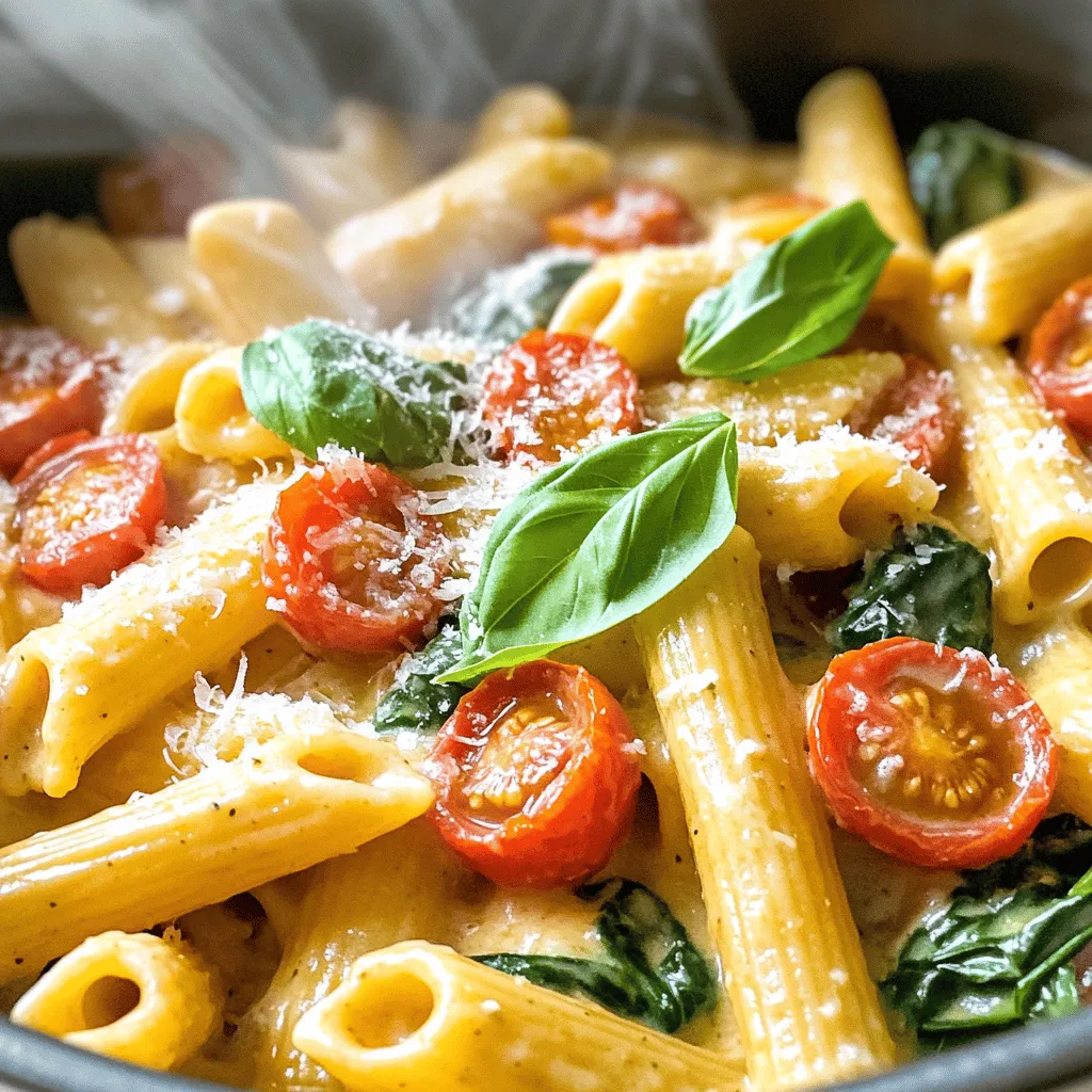 - 12 oz (340g) pasta options: penne or fusilli - 2 tablespoons extra virgin olive oil - 3 cloves garlic, finely minced - 1 teaspoon red pepper flakes (optional) - 2 cups cherry tomatoes, halved - 1 cup fresh baby spinach leaves - 1 cup heavy cream - 1 cup vegetable broth - 1 teaspoon Italian seasoning blend - ½ cup freshly grated Parmesan cheese - Salt and black pepper to taste - Fresh basil leaves for garnish Gathering your ingredients is the first step to making One-Pot Creamy Tuscan Pasta. You can use penne or fusilli pasta. Both hold the creamy sauce well. Extra virgin olive oil adds flavor and helps cook your garlic. Minced garlic is key for that aromatic base. If you enjoy heat, add red pepper flakes. Cherry tomatoes give sweetness and color. Fresh baby spinach adds a vibrant touch and nutrition. Heavy cream makes the dish rich and smooth. Vegetable broth adds depth. Italian seasoning blends herbs for a lovely aroma. Grated Parmesan cheese brings saltiness and creaminess to the sauce. Finally, salt and black pepper enhance all the flavors. Fresh basil leaves make a lovely garnish and add freshness. Once you have all your ingredients ready, you can follow the Full Recipe to create this delightful meal. Start by heating 2 tablespoons of extra virgin olive oil in a large pot over medium heat. Wait until the oil shimmers. Next, add 3 finely minced cloves of garlic. If you like a little heat, toss in 1 teaspoon of red pepper flakes. Sauté the garlic for about 1 minute. Watch it closely so it doesn’t burn. The garlic should smell fragrant and turn golden. Now it’s time to add flavor. Stir in 2 cups of halved cherry tomatoes. Cook them for 3 to 4 minutes. You want them to soften and release their juices. Pour in 1 cup of heavy cream and 1 cup of vegetable broth. Then, stir in your pasta, 12 oz of penne or fusilli works great. Mix everything well, ensuring the pasta gets submerged in the liquid. Increase the heat to bring it to a gentle simmer. Cover the pot and let it cook for 12 to 15 minutes. Stir occasionally until the pasta is tender and the sauce is creamy. Once your pasta is cooked, gently fold in 1 cup of fresh baby spinach and ½ cup of freshly grated Parmesan cheese. Stir until the spinach wilts and the cheese melts into the sauce. Taste it! Adjust the seasoning with salt and black pepper as needed. Serve your creamy pasta right away. Top it with fresh basil leaves for a pop of color and flavor. To make a smooth and rich sauce, start by choosing the right pasta. I recommend using penne or fusilli. These shapes hold the sauce well and mix nicely. Cook your pasta until it’s al dente. This helps it stay firm and not mushy. For consistency, use heavy cream. It makes the sauce thick and creamy. If you want a lighter version, you can mix in some vegetable broth. This keeps the sauce tasty without making it too heavy. Herbs can change your dish. Fresh herbs add bright flavors. I love using fresh basil in this recipe. It makes the pasta taste fresh and vibrant. If you don’t have fresh herbs, dried ones work too. Just remember, dried herbs are stronger. You need less of them. Want some heat? Red pepper flakes can spice things up. Start with a small amount. You can always add more if you like it spicier. This gives your creamy sauce a nice kick! If you want to dive deeper into the Full Recipe, be sure to check it out. {{image_4}} You can easily change the protein in this dish. Adding cooked chicken or shrimp boosts flavor and fills you up. Just toss them in at the end to warm through. If you prefer plant-based options, consider chickpeas or tofu. Both add protein and texture without meat. - Cooked chicken: Shred or cube it and stir into the pasta. - Shrimp: Use cooked shrimp for a quick addition. - Chickpeas: Canned chickpeas add protein and fiber. - Tofu: Use firm tofu, diced and sautéed until golden. Want to make it vegetarian or vegan? It's easy! Substitute heavy cream with coconut or cashew cream. This keeps the dish creamy while being dairy-free. For cheese alternatives, try nutritional yeast or a vegan cream cheese. This way, everyone at the table can enjoy it. - Coconut cream: Use full-fat coconut milk for richness. - Cashew cream: Blend soaked cashews with water for a smooth texture. - Nutritional yeast: Adds a cheesy flavor without dairy. - Vegan cream cheese: Mix it in for a creamy finish. Feel free to get creative with these variations. You can make One-Pot Creamy Tuscan Pasta fit your taste and needs! To keep your One-Pot Creamy Tuscan Pasta fresh, use an airtight container. This method locks in moisture and flavor. Store it in the fridge for up to three days. If you wait too long, the pasta may dry out or lose its taste. When you are ready to enjoy the leftovers, reheating is key. Use a skillet on low heat. Add a splash of water or cream to keep it creamy. Stir often to avoid burning. You can also use a microwave, but cover the dish to hold in steam. This helps keep the pasta moist. Enjoy your delicious meal again! For this dish, I recommend using penne or fusilli pasta. Both types hold sauce well. Penne has a smooth surface, while fusilli has curves that catch every drop. You want a pasta that can soak up the creamy sauce. Yes, you can make this dish gluten-free! Use gluten-free pasta made from rice or chickpeas. These options cook well and provide great taste. Look for brands that offer gluten-free pasta shapes similar to penne or fusilli. To add some heat, include more red pepper flakes. You can also use diced jalapeños or a dash of hot sauce. Start with a little and taste as you go. Adjust until you reach your desired spice level. Absolutely! You can cook the pasta and sauce ahead. Just store it in the fridge. When ready to eat, reheat gently on the stove. Add a splash of cream or broth to keep it creamy. This makes meal prep easy and quick. You can find the Full Recipe for One-Pot Creamy Tuscan Pasta within this post. It has all the details you need to create this delicious dish. Enjoy cooking! This blog post showed how to make One-Pot Creamy Tuscan Pasta with simple steps. We covered the key ingredients and easy cooking methods. You learned tips for a perfect sauce and how to customize it. I also shared storage tips and answers to common questions. This dish is fun to make and share. Enjoy experimenting with flavors that you love. Whether you're cooking for family or friends, this pasta will impress everyone at the table.