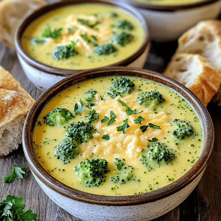 - 4 cups fresh broccoli florets - 1 medium onion, diced - 2 medium carrots, diced - 3 cloves garlic, minced - 4 cups vegetable broth - 2 cups sharp cheddar cheese, grated - 1 cup heavy cream - 1 teaspoon Dijon mustard - Salt and pepper to taste - 2 tablespoons olive oil - Fresh parsley for garnish (optional) Gathering these fresh ingredients is the first step to making your creamy broccoli cheddar soup. The broccoli gives the soup its vibrant color and texture. The onion and carrots add sweetness and depth. Garlic brings a lovely aroma that you will enjoy as it cooks. For the broth, I prefer vegetable broth for a lighter base, but chicken broth works too. The sharp cheddar cheese is key, giving the soup its rich and bold flavor. Heavy cream adds a smooth finish, making every spoonful comforting. Seasoning is simple with just Dijon mustard, salt, and pepper. This adds a nice twist without overpowering the dish. Finally, a sprinkle of fresh parsley brightens up the soup’s appearance. You can find the full recipe [here](#). Enjoy preparing this delightful meal! - Heat 2 tablespoons of olive oil in a large pot over medium heat. - Once hot, add 1 medium diced onion and 2 diced carrots. Sauté for about 5-7 minutes. - The onion should turn translucent, and the carrots will soften. - Now, add 3 cloves of minced garlic to the pot. Stir for 1 minute until fragrant. - Next, add 4 cups of fresh broccoli florets and pour in 4 cups of vegetable broth. - Raise the heat to bring the mix to a boil. - Once it boils, reduce the heat and let it simmer for 10-15 minutes. - You want the broccoli to become tender and bright green. - Carefully purée the soup using an immersion blender until smooth. - If you prefer, transfer it to a countertop blender, then back to the pot. - Stir in 1 cup of heavy cream and 1 teaspoon of Dijon mustard. - Heat through without boiling. - Gradually add 2 cups of grated sharp cheddar cheese. Stir until melted and creamy. - Taste the soup and season with salt and pepper as needed. This simple method leads to a rich, creamy soup. For the full recipe, refer to the main section. To boost the flavor of your creamy broccoli cheddar soup, I recommend using simple seasonings. A pinch of garlic powder or a dash of nutmeg can add depth. You can also try a bit of cayenne pepper for heat. Balance the creaminess with the broth by adjusting the amount of heavy cream. If you want it lighter, use a bit less cream and more broth. This keeps the soup rich but not too heavy. For a smooth and creamy soup, blending is key. Use an immersion blender to puree the soup right in the pot. This saves time and keeps cleanup easy. If you use a countertop blender, work in small batches. Be careful not to overblend; a little texture can be nice. When adding cheese, do it slowly. Stir continuously to avoid lumps. This helps the cheese melt evenly into the soup. Presentation matters! Ladle the soup into warm bowls for that cozy feel. Garnish with fresh parsley and a sprinkle of cheddar cheese on top. This adds a lovely pop of color. For serving, crusty bread is a great choice. It’s perfect for dipping and enhances the meal. Check out the Full Recipe for more details on making this delicious dish! {{image_4}} You can switch the cheese in this soup. Gouda or mozzarella works well. They give a different taste and melt nicely. If you want extra flavor, try adding proteins. Cooked chicken or crispy bacon can make it heartier. Just chop them small and stir them in at the end. Making this soup gluten-free is easy. Just ensure the broth is gluten-free. For a vegan version, swap the heavy cream for coconut cream. It keeps the richness while adding a hint of sweetness. You can also use vegan cheese for melting. Low-calorie options are possible too. Replace heavy cream with light cream for fewer calories. This soup pairs well with many sides. Crusty bread is a favorite. It’s perfect for dipping into the creamy soup. You can also serve a side salad. A fresh green salad with a tangy dressing adds a nice crunch. It gives you a complete meal that feels special. Check out the full recipe for more ideas and tips. To store leftover soup, let it cool first. Pour it into airtight containers. Glass or plastic containers work well. Make sure to leave some space at the top. This allows for expansion during freezing. You can keep your soup in the fridge for up to three days. For long-term storage, freezing is a great option. Use freezer-safe containers or heavy-duty bags. Remove as much air as you can. This helps prevent freezer burn. Label the containers with the date. When you want to enjoy it again, thaw it overnight in the fridge. Reheat the soup gently on the stove. Stir often to keep it smooth. Creamy Broccoli Cheddar Soup lasts about three days in the fridge. If you freeze it, it can last up to three months. Check for any signs of spoilage. If it looks or smells off, it's best to discard it. Enjoy your delicious soup while it's fresh! For the full recipe, check out the details above. To thicken Creamy Broccoli Cheddar Soup, you can use flour or cornstarch. Start by making a roux with equal parts flour and butter. Cook it for a minute, then slowly add it to the soup while stirring. This adds a smooth texture. Alternatively, mix cornstarch with cold water to make a slurry. Stir this into the soup and heat until it thickens. Both methods work well for this creamy delight. Yes, you can use frozen broccoli in this soup. Frozen broccoli is often picked at peak freshness, making it a great option. It cooks faster than fresh broccoli, so add it during the last few minutes of cooking. This saves time while still giving you tasty results. Just remember, frozen broccoli can be softer than fresh, which may change the soup's texture slightly. To make your soup dairy-free, swap out the heavy cream and cheddar cheese. Use coconut milk or almond milk for the cream. For the cheese, try nutritional yeast or a dairy-free cheese alternative. These swaps keep the soup creamy and flavorful. You won’t miss the dairy, and you can enjoy this soup without worries. For the full recipe, check out the links provided in the article. This blog post covers a delicious creamy broccoli cheddar soup. We explored fresh ingredients, broth, and seasonings that bring rich flavor. You learned step-by-step instructions, tips for perfect texture, and creative variations. Remember, you can adjust the recipe to fit dietary needs and presentation styles. Enjoy making this soup, whether you stick to the classic or try your own spin. The warmth and taste will satisfy everyone. Happy cooking!