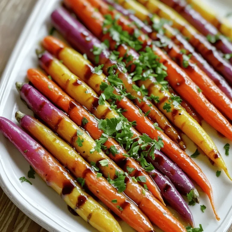 To make balsamic roasted carrots, you need these key ingredients: - 1 pound rainbow carrots (or regular carrots), peeled and sliced into sticks - 2 tablespoons balsamic vinegar - 2 tablespoons honey or maple syrup (your choice) - 2 tablespoons extra virgin olive oil - 1 teaspoon dried thyme (or fresh thyme if you have it) - Salt and freshly cracked black pepper to taste - Fresh parsley, finely chopped (for garnish) These ingredients combine to create a sweet and tangy flavor. The balsamic vinegar adds depth. The honey or maple syrup gives a lovely sweetness. Olive oil ensures the carrots roast nicely. Thyme brings an earthy note, while salt and pepper enhance all the tastes. Fresh parsley adds a bright touch when serving. You can elevate your dish with these optional add-ins: - Garlic, minced (for a savory kick) - Red pepper flakes (for some heat) - Lemon juice (for brightness) - Parmesan cheese (for a savory finish) These add-ins can enhance the taste experience. Garlic gives a robust flavor, while red pepper flakes add a nice warmth. Lemon juice brightens the dish, and Parmesan cheese adds a rich touch. Feel free to mix and match to suit your taste. When choosing carrots, I suggest using rainbow carrots for their vibrant color. They look great on the plate. However, you can use regular orange carrots too. Both options work well in this recipe. Look for carrots that are firm and smooth. Avoid those that are soft or wrinkled. Fresh carrots will give you the best flavor and texture in your roasted dish. Start by gathering all your ingredients. You will need: - 1 pound rainbow carrots (or regular carrots) - 2 tablespoons balsamic vinegar - 2 tablespoons honey or maple syrup - 2 tablespoons extra virgin olive oil - 1 teaspoon dried thyme - Salt and black pepper to taste - Fresh parsley for garnish Next, peel and slice the carrots into sticks. Aim for uniform sizes. This helps them cook evenly. In a large bowl, combine the balsamic vinegar, honey (or maple syrup), and olive oil. Add the dried thyme, salt, and black pepper. Whisk this mixture until smooth. The glaze should smell sweet and tangy. Preheat your oven to 400°F (200°C). Spread the glazed carrots on a lined baking sheet in a single layer. This ensures they roast well. Roast for 25-30 minutes, stirring halfway through. You want them golden-brown and tender. Once they’re done, drizzle any leftover glaze from the baking sheet over the carrots. This adds extra flavor. Garnish with chopped parsley before serving. Enjoy your delicious Balsamic Roasted Carrots! For the full recipe, check the earlier section. To get that nice caramel color on your carrots, keep a few tips in mind. First, make sure to slice the carrots evenly. This helps them cook at the same rate. Next, space them out on the baking sheet. If they touch, they will steam instead of roast. Stir them halfway through cooking to promote even browning. The balsamic glaze will add a rich flavor as it caramelizes. Overcooked carrots can turn mushy and lose their flavor. To avoid this, set a timer for 25 minutes. Check the carrots' tenderness with a fork. If they are soft but still firm, they are done. If not, give them a few more minutes. Remember, every oven is different, so keep an eye on them! Balsamic roasted carrots pair well with many dishes. Try them with grilled chicken for a tasty meal. They also go great with salmon or a hearty grain salad. For a fresh twist, serve them alongside a yogurt sauce. You can find the full recipe to explore more tasty ideas. {{image_4}} You can swap honey for other sweeteners. Maple syrup works well and adds a nice flavor. Agave nectar is another option if you want a vegan choice. Each sweetener creates a unique taste. Experiment to find what you like best. Want to spice things up? Add a pinch of cayenne pepper for heat. Smoked paprika adds a smoky flavor that pairs nicely with the balsamic. For a fresh taste, consider using ginger or garlic powder. These spices can transform your dish into something exciting. Try using other vegetables too. Sweet potatoes bring a creamy texture and sweetness. Beets add a vibrant color and earthy flavor. You can even mix in bell peppers for a crunchy bite. Roasting these veggies with the same balsamic glaze makes a delightful medley. Feel free to get creative with this recipe! For more specifics, check out the Full Recipe. After you make these balsamic roasted carrots, let them cool down. Once they are at room temperature, place them in an airtight container. This keeps the flavors fresh and prevents spoilage. Store the container in the fridge. They will last up to five days. When you're ready to eat your leftovers, preheat your oven to 350°F (175°C). Spread the carrots on a baking sheet. Heat them for about 10 to 15 minutes. This method keeps them crispy and tasty. You can also use a microwave for quicker reheating. Just warm them for 1 to 2 minutes on high. Freezing balsamic roasted carrots is easy. First, let them cool completely. Then, place them on a baking sheet in a single layer. Freeze them for a few hours until they are solid. After that, transfer the carrots to a freezer bag. Remove as much air as you can before sealing. They can last for up to three months. When you're ready to eat, thaw them in the fridge overnight and reheat as mentioned above. Enjoy your delicious flavors from the freezer! Balsamic roasted carrots stay fresh for about 4 to 5 days in the fridge. Store them in an airtight container to keep them safe. When you want to eat them, check for any signs of spoilage. If they look and smell good, they are likely fine to enjoy! Yes, you can use regular carrots instead of rainbow carrots. The flavor will be just as good. Rainbow carrots add color to your plate, but regular carrots work perfectly too. Just peel and cut them into sticks like the rainbow ones. Balsamic roasted carrots pair well with many dishes. You can serve them with grilled chicken, steak, or fish. They also go great with quinoa or rice dishes. For a veggie spread, add them to salads or bowls with other roasted vegetables. Yes, this balsamic roasted carrot recipe is great for meal prep. You can make a big batch ahead of time. Store them in the fridge and enjoy them throughout the week. They are tasty cold or reheated, making them a convenient side dish or snack. For the complete recipe, check out the Full Recipe. Balsamic roasted carrots are simple and tasty. You learned about essential ingredients, like carrots and balsamic glaze, plus optional add-ins for more flavor. I shared step-by-step guidance on how to prep, make the glaze, and roast the carrots perfectly. Tips covered caramelization, preventing overcooking, and pairing flavors. Variations even made this dish exciting with spices or different veggies. These carrots are easy to store and reheat. They also fit well in meal prep. Enjoy your cooking, and let these roasted carrots shine on your table!