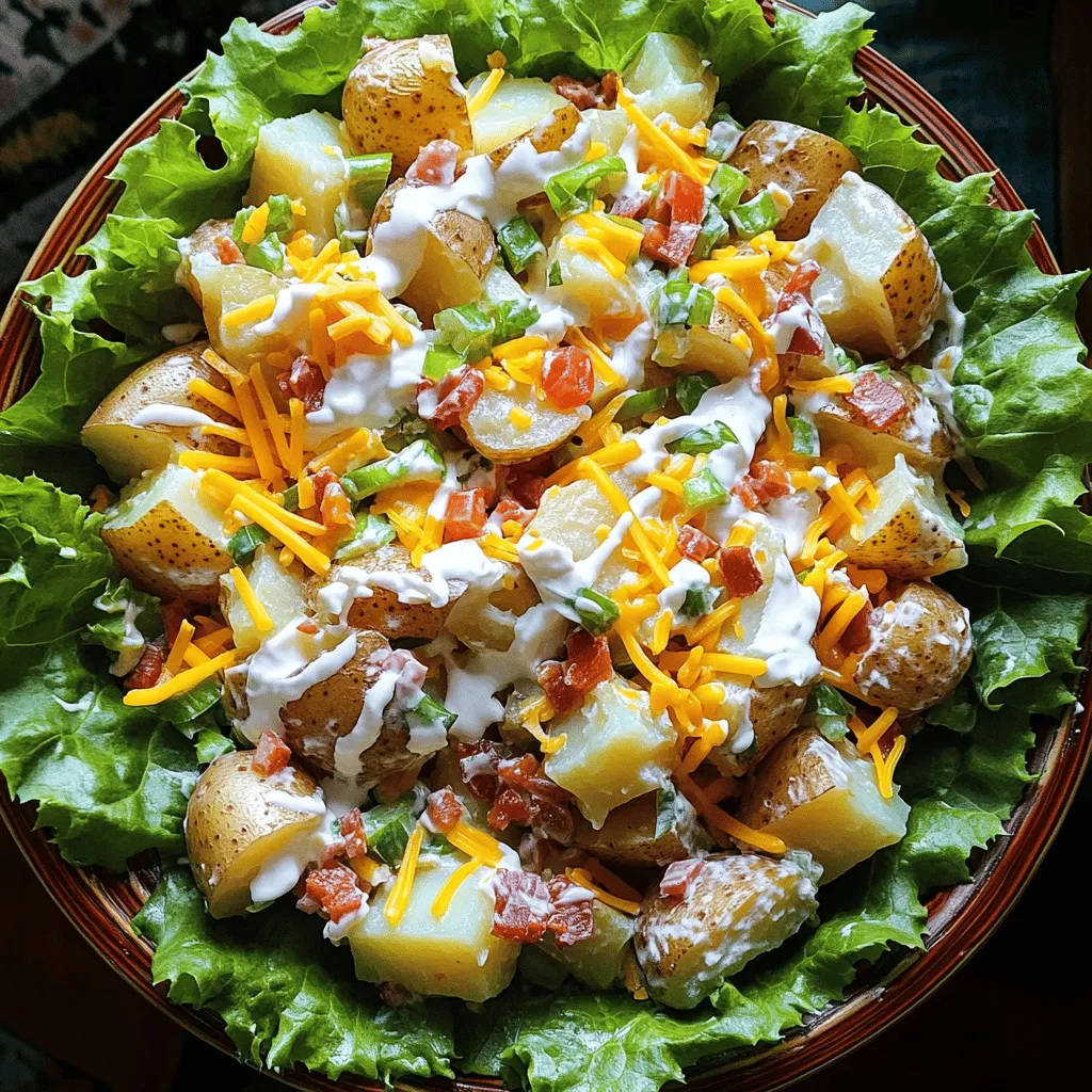 To make a tasty loaded baked potato salad, you need the right mix of ingredients. Here’s the list you’ll need: - 4 large Russet potatoes - ½ cup sour cream - ½ cup mayonnaise - 1 cup shredded sharp cheddar cheese - 1 cup cooked and crumbled turkey bacon or turkey sausage - 4 green onions, chopped - ½ teaspoon garlic powder - ½ teaspoon onion powder - Salt and pepper to taste - Optional: 1 cup diced tomatoes Russet potatoes are great because they are fluffy and hold up well. The sour cream and mayonnaise create a creamy base that brings all the flavors together. Cheese adds richness, while turkey bacon or sausage gives a nice savory touch. Don’t forget the seasonings! Garlic powder and onion powder add depth. You can adjust the salt and pepper to fit your taste. If you want a fresh bite, toss in some diced tomatoes. For the full recipe, check out the [Full Recipe]. Enjoy making your loaded baked potato salad! You can cook your potatoes in two ways: using a microwave or an oven. The microwave is quick. It takes about 10-15 minutes. Just wash the potatoes well and poke holes in them. This helps steam escape. If you choose the oven, it takes longer, about 45-60 minutes. Preheat it to 200°C (400°F). For the best texture, let the potatoes cool a bit after cooking. This way, they stay firm when you cut them. Cut the potatoes into bite-sized cubes, leaving the skin on. The skin adds a nice texture and flavor. Now, let’s make the dressing. Start with ½ cup of sour cream and ½ cup of mayonnaise. Combine them in a large bowl. These two create a creamy base. Then, add ½ teaspoon each of garlic powder and onion powder. Mix well. Taste the dressing and adjust the salt and pepper to your liking. You can also add more spices if you wish. It’s time to put it all together. Add the cubed potatoes to the bowl with the dressing. Now, add 1 cup of shredded sharp cheddar cheese and 1 cup of cooked, crumbled turkey bacon. If you want some fresh flavor, toss in half of the chopped green onions. Gently mix everything so that the potatoes get coated well with the dressing. Make sure all flavors spread evenly throughout. If you like, you can add 1 cup of diced tomatoes for extra freshness. Transfer the salad to a serving bowl and sprinkle the rest of the green onions on top. Cover the salad and chill it in the fridge for at least an hour. This allows the flavors to meld together nicely. You can find the Full Recipe in the earlier section. To make the best loaded baked potato salad, avoid common mistakes. First, don’t rush the cooking of your potatoes. If undercooked, they remain hard. Overcooked potatoes turn mushy. Test them with a fork; they should be tender but firm. Another mistake is not adjusting seasonings. Everyone has different tastes. Start with the basic amounts, then taste as you mix. Add more salt, pepper, or garlic powder until it feels just right. You want a balance that brings out the flavors. Serving your salad well makes it even more enjoyable. Use a bright bowl to attract the eye. You can line the bowl with crisp lettuce leaves. This adds color and freshness. Garnishes enhance visual appeal. Try sprinkling extra cheese on top. Chopped green onions add a nice touch. For a burst of color, diced tomatoes look great too. These small details make your dish pop and impress guests. {{image_4}} You can easily adapt this recipe for different diets. For a dairy-free option, use vegan sour cream and mayo. There are many brands that taste great and work well. For a gluten-free version, just check that all your ingredients are certified gluten-free. Most potatoes, sour creams, and cheeses are already gluten-free. This way, you can enjoy this dish without worry. You can change the flavors of your Loaded Baked Potato Salad by adding new ingredients. Try adding cooked chicken, shrimp, or even tofu for protein. You can also toss in different veggies, like bell peppers or corn, for extra crunch. Thinking outside the box can inspire new tastes. For a spicy kick, add jalapeños or hot sauce. If you love herbs, mix in fresh dill or parsley for a fresh twist. You can also explore flavors from other cuisines. Imagine a barbecue twist with smoked paprika or a Mediterranean flair with olives and feta. The options are endless, so get creative and make it your own! For the complete recipe, check out the Full Recipe section above. To keep your Loaded Baked Potato Salad fresh, store it in the fridge. Use an airtight container to keep moisture in and odors out. This salad will stay good for about 3 to 5 days. It’s best to eat it within this time for optimal flavor and texture. If you have leftovers, you can enjoy them cold or warm. If you prefer to reheat, the best way is to use the microwave. Heat it in short bursts, about 30 seconds at a time. Stir it well after each burst to ensure even heating. Always check that the salad is hot all the way through. When reheating, avoid letting it sit out too long to keep it safe to eat. You can easily prepare this salad in advance. First, cook and cool the potatoes. Then, mix the dressing and store it separately. Combine them just before serving. This keeps the potatoes fresh and firm. You can store the salad in the fridge for up to three days. Just remember to cover it tightly to keep it fresh. Yes, you can! While Russet potatoes are classic, you can use Yukon Gold or red potatoes. These options add a different texture and flavor. Yukon Golds are creamy, while red potatoes hold their shape well. Experimenting with different types can bring new life to your salad. Loaded Baked Potato Salad pairs well with grilled meats, like chicken or steak. You can also serve it with burgers or hot dogs for a fun cookout. For a lighter meal, try it with a fresh garden salad or grilled veggies. The flavors complement each other nicely, creating a balanced plate. Absolutely! To add heat, you can stir in diced jalapeños or a splash of hot sauce. Adding spicy cheese, like pepper jack, can also kick up the flavor. If you want a smoky touch, try adding chipotle powder. Feel free to adjust the heat to suit your taste! For the full recipe, check out [Full Recipe]. You’ve learned how to make a great Loaded Baked Potato Salad. We covered the right ingredients, preparation methods, and unique variations. Remember, that making this dish is all about balance—flavors, textures, and presentation. Keep experimenting with new ideas and tips to create your perfect salad. Don’t hesitate to adjust ingredients to fit your diet or spice it up. Enjoy every bite, and share your results!