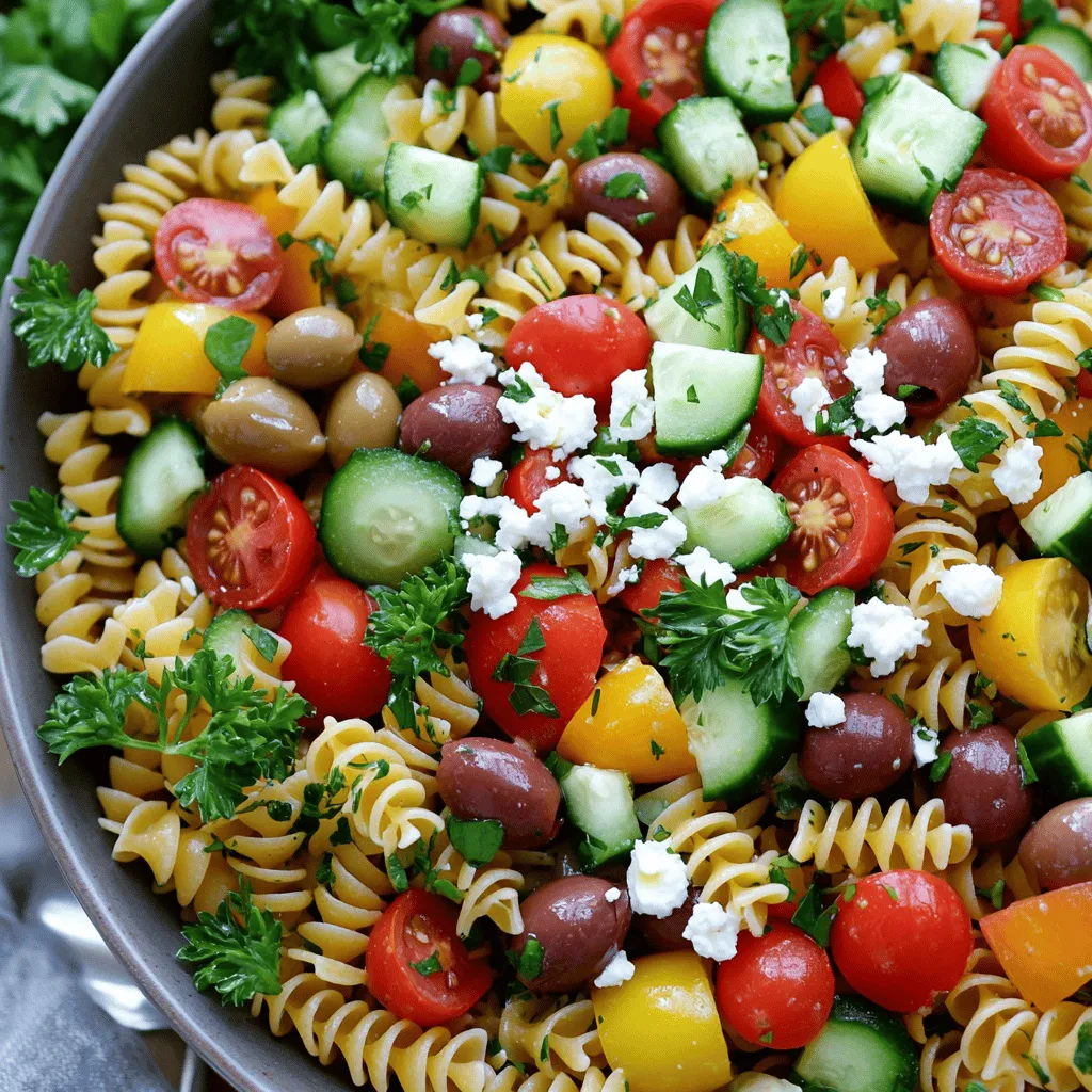 To make a vibrant Greek pasta salad, gather these key ingredients: - 8 oz whole grain pasta (fusilli or penne work well) - 1 cup cherry tomatoes, halved - 1 medium cucumber, diced - 1 bell pepper, diced - ½ red onion, chopped - 1 cup Kalamata olives, pitted and halved - 1 cup feta cheese, crumbled - ¼ cup fresh parsley, chopped - 2 tablespoons extra virgin olive oil - 1 tablespoon red wine vinegar (or lemon juice) - 1 teaspoon dried oregano - Salt and pepper to taste These ingredients create a mix that bursts with flavor and color. Whole grain pasta adds fiber and nutrients. Fresh vegetables bring crunch and vitamins. Feta cheese adds a creamy touch and saltiness. This salad is not just tasty; it is also packed with nutrition. Whole grain pasta gives you energy and fiber. Fresh veggies like tomatoes and cucumbers offer vitamins and antioxidants. Kalamata olives are rich in healthy fats. Feta cheese provides protein and calcium. Each serving contains: - High fiber content from whole grain pasta - Vitamins A and C from tomatoes and bell peppers - Heart-healthy fats from olives and olive oil This salad is a great choice for a healthy meal that keeps you full and satisfied. You can customize your salad with these optional add-ins: - 1 cup cooked chickpeas for extra protein - Grilled chicken for a heartier option - Artichoke hearts for a tangy twist - Spinach or arugula for more greens - Avocado for creaminess and healthy fats These add-ins allow you to make the dish your own. Mix and match based on your taste and dietary needs. Each addition brings its own flair to this delightful Greek pasta salad. For detailed preparation steps, check the Full Recipe. Start by boiling water in a large pot. Add a pinch of salt for flavor. Once the water boils, add 8 ounces of whole grain pasta. I like using fusilli or penne. Cook the pasta according to the package instructions until it’s al dente. This usually takes about 8 to 10 minutes. After cooking, drain the pasta and rinse it under cold water. This stops the cooking and cools it down. While the pasta cooks, grab your knife and cutting board. Chop 1 cup of cherry tomatoes in half. Dice 1 medium cucumber into bite-sized pieces. Chop 1 bell pepper, any color you like. Finely chop ½ of a red onion. Finally, cut 1 cup of Kalamata olives in half. Place all these colorful veggies into a large mixing bowl. They add great flavor and texture. In a small bowl, whisk together 2 tablespoons of extra virgin olive oil and 1 tablespoon of red wine vinegar. You can use lemon juice if you prefer a zippier taste. Add 1 teaspoon of dried oregano for a nice aroma. Season with a pinch of salt and pepper. Mix well until the dressing is smooth and blended. Next, gently add the cooled pasta to the mixing bowl with the veggies. Toss everything together carefully with your hands or a spatula. This ensures that every piece is coated in flavor. Now, sprinkle 1 cup of crumbled feta cheese and ¼ cup of fresh parsley on top. Drizzle the dressing over the salad and toss once more. This is where all the flavors come together! For the best taste, cover the salad and chill it in the fridge for at least 30 minutes before serving. If you want the full recipe, check out the details above. To cook pasta perfectly, start with a large pot of water. Add a good amount of salt to the water. This helps the pasta taste better. Bring the water to a rolling boil before adding the pasta. Use whole grain pasta for a healthy touch. Cook it until it is al dente, which means it should still have a firm bite. After cooking, drain the pasta and rinse it under cold water. This stops the cooking process and cools it down quickly. Chilling your pasta salad is key to enhancing the flavors. Once you mix all the ingredients, cover the bowl with plastic wrap or a lid. Place it in the refrigerator for at least 30 minutes. This time lets the flavors blend well. If you have more time, chill it for an hour or more. Just remember, the longer you chill, the tastier it gets! Fresh herbs make a big difference in your salad's taste. Parsley adds a fresh touch and brightens the dish. You can also try fresh basil or mint for a new twist. Chop the herbs finely and sprinkle them over the salad just before serving. This keeps them vibrant and aromatic. The fresh herbs will bring your Healthy Greek Pasta Salad to life. They offer a burst of flavor that will impress everyone at the table. For the complete recipe, check out the [Full Recipe]. {{image_4}} You can change the whole grain pasta for gluten-free pasta. Gluten-free pasta works well with this salad. It gives you a similar taste and texture. Just follow the cooking time on the package. You will still have a healthy and tasty meal. For more protein, add canned chickpeas or grilled chicken. Chickpeas add fiber and nutrients. Rinse and drain them before mixing into the salad. For grilled chicken, cook it until it’s golden. Then, chop it into small pieces. This will make your salad heartier and keep you full. To make this salad vegan, skip the feta cheese. You can use avocado for creaminess. Another option is to add a vegan cheese. It provides a similar taste without dairy. Ensure you check the ingredient list to keep it plant-based. These simple swaps keep the salad fresh and flavorful. Try these variations to make your Healthy Greek Pasta Salad unique and fun! For the complete recipe, check out the [Full Recipe]. To store leftover Greek pasta salad, first, let it cool to room temperature. Then, place it in an airtight container. This helps keep the salad fresh and prevents it from drying out. You can store it in the fridge for up to three days. Be sure to label the container with the date. This way, you’ll know when to use it. Freezing Greek pasta salad isn’t recommended. The veggies and feta may lose their texture and taste when thawed. However, if you must freeze it, leave out fresh ingredients like tomatoes and cucumbers. Store the base of the salad in a freezer-safe container. It can last for up to two months. When ready to eat, thaw it overnight in the fridge. Reheating Greek pasta salad is simple. If you prefer it warm, add it to a pan over low heat. Stir gently until it warms through. Avoid high heat to keep the veggies crunchy. If the salad has been in the fridge, you can enjoy it cold as well. Just give it a good toss with a little olive oil to freshen it up. For the full recipe, check out the vibrant Greek-inspired whole grain pasta salad! To make a gluten-free version, choose gluten-free pasta. There are many options, like rice or quinoa pasta. Cook it just as you would regular pasta. Use the same ingredients for the salad. This way, you still enjoy the fresh flavors without gluten. Yes, you can prepare this salad a day ahead. Make the salad and store it in the fridge. The flavors will blend well overnight. Just remember to add the feta just before serving for the best taste. If you want a feta substitute, try goat cheese. It adds a nice creaminess. You can also use vegan feta for a dairy-free option. Crumbled tofu can work too, giving a similar texture without the dairy. Absolutely! This salad is perfect for meal prep. It keeps well in the fridge for several days. You can pack it in individual containers for easy lunches. Just ensure you store the dressing separately for freshness until you're ready to eat. For the full recipe, follow the details provided above! In this blog post, we explored the ingredients for a Healthy Greek Pasta Salad. We discussed key ingredients, nutritional highlights, and optional add-ins. I shared step-by-step instructions, tips for cooking, and variations for dietary needs. Finally, I covered storage methods and answered common FAQs. Making this salad is simple and fun. Whether you’re enjoying it fresh or storing leftovers, this dish is a tasty choice. Enjoy the flavors and nourish your body with this healthy recipe.