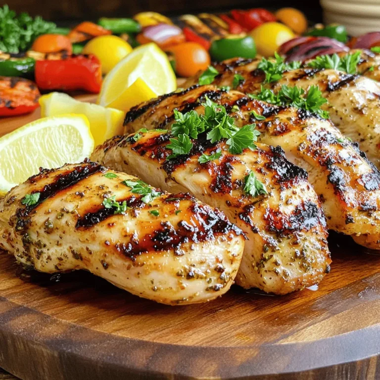 - Chicken and Marinade - 4 boneless, skinless chicken breasts - 1/4 cup extra virgin olive oil - 1 large lemon (zested and juiced) - 3 cloves of garlic, finely minced - 2 teaspoons dried oregano - 2 teaspoons dried thyme - 1 teaspoon smoked paprika - Sea salt and freshly ground black pepper, to taste - Fresh Herbs and Spices - Fresh parsley, finely chopped (for garnish) - Optional Garnishes - Lemon wedges for serving - Grilled vegetables or a garden salad for a colorful side When cooking Lemon Herb Grilled Chicken, the right ingredients make all the difference. You want fresh flavors that shine. The chicken breasts should be plump and fresh. The marinade features olive oil, lemon, and garlic. These ingredients create a bright and zesty flavor. Fresh herbs like parsley add a lovely touch at the end. Dried herbs like oregano and thyme give depth to your dish. Smoked paprika adds a subtle warmth without overpowering. Feel free to play with optional garnishes. Lemon wedges add zest and color. Grilled veggies or a salad make great sides. They complete your meal beautifully. For the full recipe, you can find all the details listed above. Now, gather your ingredients and get ready for a delicious experience! Preparing the Marinade First, gather your ingredients. In a medium bowl, mix together the olive oil, lemon juice, lemon zest, minced garlic, oregano, thyme, smoked paprika, sea salt, and black pepper. Whisk it well. This blend creates a bright marinade that adds flavor to the chicken. Coating the Chicken Next, take your chicken breasts and place them in a resealable plastic bag or shallow dish. Pour the marinade over the chicken, making sure every piece is well coated. Seal the bag or cover the dish. Refrigerate the chicken for at least one hour. For even more flavor, let it sit for up to four hours. Preheating the Grill As the chicken marinates, preheat your grill to medium-high heat. This step is key for a nice sear on the chicken. A hot grill helps lock in juices and gives you those beautiful grill marks. Cooking Times and Techniques After marinating, remove the chicken from the bag. Let any excess marinade drip off. Discard the leftover marinade to keep everything safe. Place the chicken on the hot grill. Cook for about six to seven minutes on each side. Check the chicken's internal temperature; it should reach 165°F (75°C). The meat should no longer be pink. Resting the Chicken Once the chicken is cooked, transfer it to a serving platter. Let it rest for about five minutes. This resting period is important. It allows the juices to settle, making the chicken more tender and juicy. Garnishing Tips Before serving, sprinkle chopped parsley over the grilled chicken for freshness and color. You can also add lemon wedges around the platter. This adds a nice touch and gives your meal a zesty pop. For the full recipe, check out the detailed instructions to make this dish shine! To get juicy chicken, preheat your grill to medium-high heat. This is about 375°F to 450°F. A hot grill gives the chicken a nice sear. This locks in the flavor and moisture. Use a grill thermometer to check the heat. If you don’t have one, hold your hand about six inches above the grill. Count to three; if it’s too hot to hold, it’s ready. To keep the chicken from sticking, clean the grill grates first. Use a grill brush before heating. Then, oil the grates lightly. You can use a paper towel dipped in oil. Grab it with tongs and wipe the grates. This creates a non-stick surface. It helps the chicken release easily when it’s done cooking. Want to mix it up? Try adding fresh herbs like basil or cilantro to the marinade. You can also use different citrus juices, like orange or lime. For a spicy kick, add red pepper flakes or a splash of hot sauce. Each choice gives a new twist to the classic recipe. For the best results, use a good set of tongs and a spatula. Tongs let you flip the chicken without piercing it. This keeps the juices in. A meat thermometer is also a must. It ensures your chicken reaches 165°F. This keeps it safe to eat and perfectly cooked. You might also want a grill basket for vegetables. It makes grilling easy and fun! For the full recipe, check out my Lemon Herb Grilled Chicken guide. {{image_4}} Different Citrus Options You can switch up the citrus in this recipe. Try using lime or orange juice instead of lemon. Each option gives a unique taste. Lime adds a sharp, fresh kick. Orange offers a sweeter, milder flavor. Experiment to find your favorite! Adding Heat with Spices If you like spice, add some heat! A pinch of cayenne pepper works well. You could also try red pepper flakes for a nice kick. Adjust the amount to match your heat level. This change can make the dish even more exciting. Chicken Alternatives This recipe is not just for chicken breasts. You can use chicken thighs for a juicier option. If you want a different protein, try turkey or even firm tofu for a vegetarian twist. Each choice brings its own flavor and texture. Herb Variations Feel free to swap herbs based on your taste. Fresh basil or cilantro can add a fresh twist. You can also use rosemary or dill for a unique flavor. Don't be afraid to mix herbs to create your personal blend. Refrigeration Guidelines After your meal, store any leftover grilled chicken in an airtight container. Make sure the chicken cools down first. Place it in the fridge within two hours. It will stay fresh for up to four days. Label the container with the date, so you know when to use it. Freezing Instructions If you want to save chicken for later, freezing is a great choice. Wrap each piece tightly in plastic wrap, then place it in a freezer bag. Squeeze out all the air before sealing. This helps prevent freezer burn. You can freeze the chicken for up to three months. When ready to eat, thaw it in the fridge overnight. Best Methods for Reheating Grilled Chicken To reheat grilled chicken, use your oven for the best taste. Preheat your oven to 350°F (175°C). Place the chicken in a baking dish and cover it with foil. Heat for about 15-20 minutes or until it reaches 165°F (75°C). This keeps the chicken moist. Another option is using a microwave. Place the chicken on a microwave-safe plate. Cover it with a damp paper towel to keep it from drying out. Heat in short bursts of 1-2 minutes, checking often. Make sure it’s hot all the way through before serving. For more details on preparing the chicken, check the Full Recipe. You should marinate the chicken for at least one hour. This time allows the chicken to absorb the flavors of the marinade. For the best taste, try marinating for up to four hours. Longer marination can enhance the taste and keep the chicken juicy. Yes, you can use bone-in chicken for this recipe. Bone-in chicken can add more flavor and moisture. Just remember, cooking times will change. Bone-in pieces may take a bit longer to cook through. Always check the internal temperature to ensure it reaches 165°F (75°C). Many sides go well with Lemon Herb Grilled Chicken. Here are a few ideas: - Grilled vegetables (like zucchini, bell peppers, and asparagus) - A fresh garden salad with lemon vinaigrette - Creamy mashed potatoes or roasted sweet potatoes - Rice pilaf with herbs and lemon zest These sides will complement the bright flavors of the chicken and create a balanced meal. For the full recipe, refer back to the section above! This guide covered everything you need for Lemon Herb Grilled Chicken. We discussed ingredients, marinating, grilling, and adding flavors. Remember to rest the chicken after cooking for the best taste. Keep your grill hot and check for sticking. Try different herbs and spices to make it your own. Store leftovers in the fridge or freezer for later. With these tips, you can create a tasty meal anytime. Enjoy your cooking journey and make each dish your favorite!