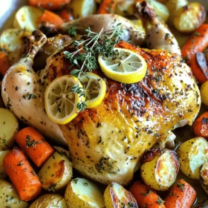 - 1 whole chicken (approximately 4-5 lbs) - 2 lemons (zest and juice) - 4 cloves garlic, finely minced - 1/4 cup extra-virgin olive oil - 2 tablespoons fresh thyme, finely chopped - 2 tablespoons fresh rosemary, finely chopped - 1 tablespoon fresh parsley, finely chopped - Salt and freshly ground black pepper, to taste - 1 large onion, cut into quarters - 1 cup low-sodium chicken broth - 2-3 carrots, peeled and chopped - 2-3 medium potatoes, diced - 1 zucchini, sliced You can add a variety of vegetables to enhance flavor. Carrots, potatoes, and zucchini work great. These veggies soak up the chicken’s juices, making them even tastier. Low-sodium chicken broth helps keep everything moist during roasting. Salt and pepper are key in this recipe. They boost the flavor of the chicken and herbs. I love using extra-virgin olive oil in my marinade. It adds a rich taste and helps the herbs stick to the chicken. This simple mix brings out the natural flavors in the meat. It also keeps your chicken juicy and tender. For the full recipe, check the details above. First, you need to preheat your oven to 425°F (220°C). This heat helps the chicken cook evenly and get crispy skin. While the oven heats, grab a sturdy roasting pan. Place quartered onions at the bottom. These onions will add flavor and moisture to the chicken as it cooks. Now, let’s make the herb marinade. In a mixing bowl, whisk together: - 1/4 cup extra-virgin olive oil - 4 cloves minced garlic - Zest and juice of 2 lemons - 2 tablespoons chopped thyme - 2 tablespoons chopped rosemary - 1 tablespoon chopped parsley - Salt and pepper to taste This mix is key. The lemon juice brightens up the dish, making it fresh and zesty. Once your chicken is dry, rub the herb marinade all over it. Make sure to get some under the skin. This helps the herbs flavor the meat deeply. Then, position the chicken breast-side up on the onions in the roasting pan. Pour in 1 cup low-sodium chicken broth. This will create steam, keeping the meat juicy. Surround your chicken with chopped vegetables, like carrots and potatoes. Drizzle them with olive oil and season with salt and pepper. Roast the chicken for about 1 hour to 1 hour and 15 minutes. Check the chicken's internal temperature at the thickest part. It should reach 165°F (75°C). The skin should turn a nice golden brown. Basting the chicken with its juices a few times will add flavor and moisture. After cooking, take the chicken out and let it rest for about 10-15 minutes. This helps keep it juicy. You can find the Full Recipe for a detailed guide. Serve it up with those roasted veggies and enjoy! To get that perfect crispy skin, start by drying the chicken well. Use paper towels to remove any moisture. This helps the skin crisp up nicely in the oven. Next, baste the chicken with pan juices while it cooks. This adds flavor and keeps the meat juicy. For a bright taste, squeeze more lemon juice on the chicken during cooking. It adds zest and enhances the herb flavors. Another great trick is to infuse herbs under the skin. Gently lift the skin and place some chopped herbs inside. This method gives you bold flavors throughout. When serving, arrange the chicken pieces on a large platter. Place the roasted vegetables around the chicken for a colorful display. To make it look even better, garnish with fresh herbs and lemon slices. This not only makes your dish pretty but also adds fresh flavors. {{image_4}} You can switch up the herbs in this dish to fit your taste. Try using basil, oregano, or dill. Each herb brings a unique flavor. For example, basil adds a sweet note, while dill gives a fresh, bright taste. You can mix and match herbs for even more fun flavors. Changing the herbs can change your whole meal! Feel free to use other vegetables when roasting. You might try sweet potatoes, Brussels sprouts, or even bell peppers. Seasonal veggies work best, too. In the fall, root veggies shine. In the summer, zucchini and tomatoes are great choices. Roasting different veggies adds color and flavor to your meal. If you want a different way to cook, try a slow cooker. This method keeps the chicken moist and tender. Just set it and forget it for hours! Grilling is another option. It adds a smoky flavor you can’t beat. Cook the chicken on the grill for a tasty twist. Both methods give you juicy chicken full of flavor. For the best experience, check out the Full Recipe to explore more options! To keep your Lemon Herb Roasted Chicken fresh, store leftovers properly. First, let the chicken cool down. Place any remaining meat in an airtight container. This helps avoid moisture loss. Refrigerate the chicken within two hours to prevent bacteria growth. The ideal temperature for your fridge is 40°F (4°C) or lower. If you want to save it for later, consider freezing it. Wrap the chicken tightly in plastic wrap, then in aluminum foil. This double layer helps protect it from freezer burn. You can also use freezer bags. Squeeze out as much air as possible to prevent ice crystals. When you're ready to enjoy leftovers, reheating is key. For quick reheating, use a microwave. Place the chicken on a microwave-safe plate. Cover it with a damp paper towel to keep it moist. Heat in short intervals, about 1-2 minutes. Check often to avoid overcooking. If you want crispy skin, use your oven. Preheat it to 350°F (175°C). Place the chicken in a baking dish. Cover it loosely with foil to keep it from drying out. Heat for about 20-30 minutes, until it’s warm throughout. This method keeps the skin crispy and the meat juicy. Refrigerated leftovers are safe for about 3-4 days. Always check for any signs of spoilage before eating. If your chicken looks or smells off, throw it away. For frozen chicken, it’s best to eat it within 4 months for the best taste. When thawing, move it to the fridge for a day before cooking. Never thaw chicken at room temperature, as this can lead to bacteria growth. Always ensure the chicken is cooked thoroughly before eating. Roast your chicken for about 20 minutes per pound. For a 4-5 pound chicken, this is around 1 hour to 1 hour and 15 minutes. Check the internal temperature at the thickest part. It should reach 165°F (75°C) to be fully cooked. This method ensures juicy meat and crispy skin. Yes, you can prepare the marinade ahead of time. This allows the flavors to deepen, giving your chicken a richer taste. Just be sure to store it in the fridge until you’re ready to use it. Marinading overnight can elevate your dish even more. Great sides include roasted vegetables, mashed potatoes, or a fresh salad. Consider serving it with garlic bread or a creamy coleslaw. These options complement the lemon and herbs, making your meal balanced and tasty. Yes, you can use other types of chicken. Cornish hens or chicken pieces work well, but cooking times will change. Smaller pieces cook faster, while larger birds may need more time. Always check the temperature to ensure they are cooked through. Yes, resting the chicken is very important. Let it rest for about 10-15 minutes after cooking. This helps the juices stay in the meat, making it tender and juicy. Cutting it too soon can cause the juices to run out, making it dry. This blog post covered all you need for lemon herb roasted chicken. We explored the ingredients, from fresh herbs to the perfect chicken size. I shared step-by-step instructions for prepping, marinating, and roasting. I offered useful tips to achieve crispy skin and enhance flavor. You learned about variations, storage, and reheating. Making this dish can bring joy to your table. Now, you have the tools to create a delicious meal. Enjoy the process and satisfy your taste buds!