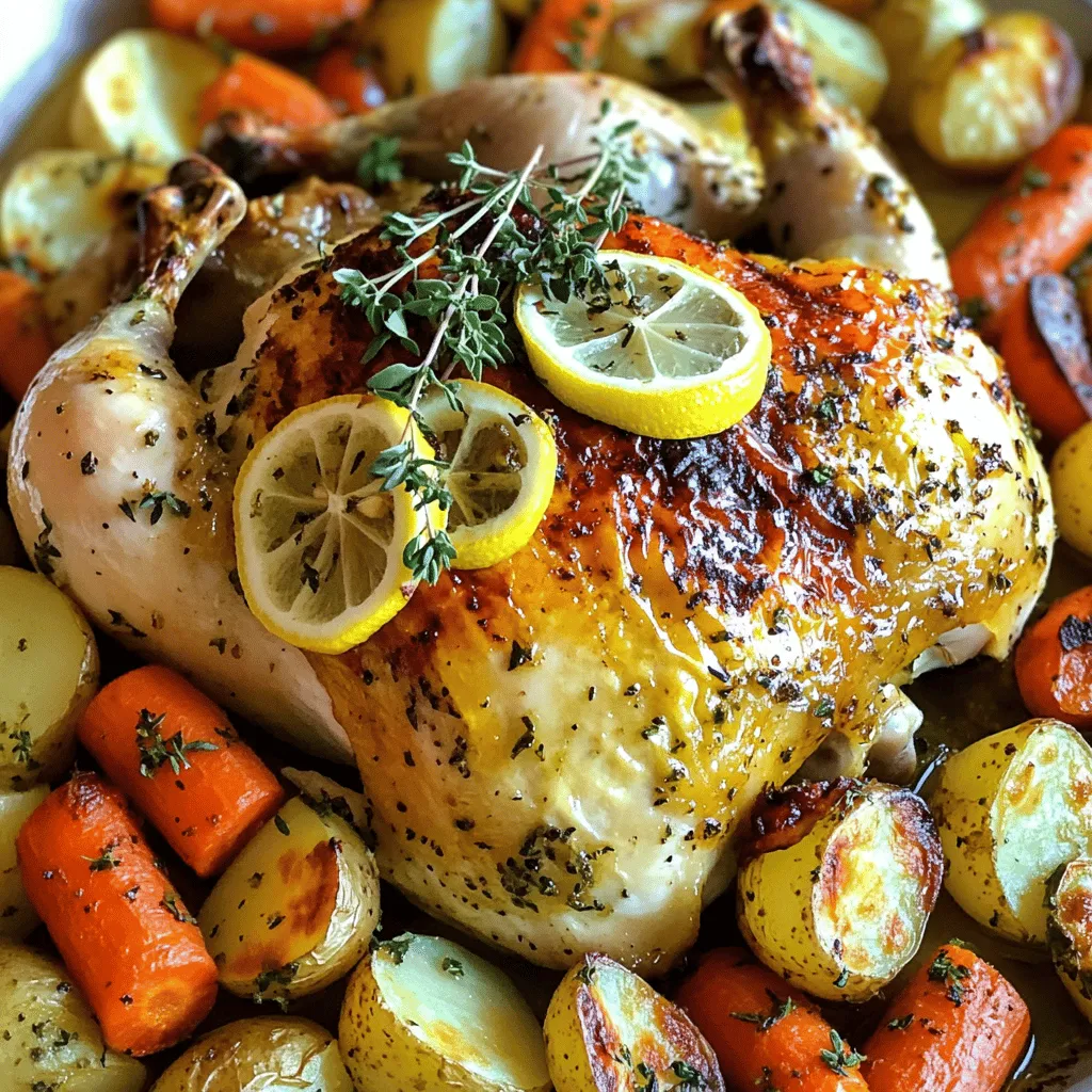 - 1 whole chicken (approximately 4-5 lbs) - 2 lemons (zest and juice) - 4 cloves garlic, finely minced - 1/4 cup extra-virgin olive oil - 2 tablespoons fresh thyme, finely chopped - 2 tablespoons fresh rosemary, finely chopped - 1 tablespoon fresh parsley, finely chopped - Salt and freshly ground black pepper, to taste - 1 large onion, cut into quarters - 1 cup low-sodium chicken broth - 2-3 carrots, peeled and chopped - 2-3 medium potatoes, diced - 1 zucchini, sliced You can add a variety of vegetables to enhance flavor. Carrots, potatoes, and zucchini work great. These veggies soak up the chicken’s juices, making them even tastier. Low-sodium chicken broth helps keep everything moist during roasting. Salt and pepper are key in this recipe. They boost the flavor of the chicken and herbs. I love using extra-virgin olive oil in my marinade. It adds a rich taste and helps the herbs stick to the chicken. This simple mix brings out the natural flavors in the meat. It also keeps your chicken juicy and tender. For the full recipe, check the details above. First, you need to preheat your oven to 425°F (220°C). This heat helps the chicken cook evenly and get crispy skin. While the oven heats, grab a sturdy roasting pan. Place quartered onions at the bottom. These onions will add flavor and moisture to the chicken as it cooks. Now, let’s make the herb marinade. In a mixing bowl, whisk together: - 1/4 cup extra-virgin olive oil - 4 cloves minced garlic - Zest and juice of 2 lemons - 2 tablespoons chopped thyme - 2 tablespoons chopped rosemary - 1 tablespoon chopped parsley - Salt and pepper to taste This mix is key. The lemon juice brightens up the dish, making it fresh and zesty. Once your chicken is dry, rub the herb marinade all over it. Make sure to get some under the skin. This helps the herbs flavor the meat deeply. Then, position the chicken breast-side up on the onions in the roasting pan. Pour in 1 cup low-sodium chicken broth. This will create steam, keeping the meat juicy. Surround your chicken with chopped vegetables, like carrots and potatoes. Drizzle them with olive oil and season with salt and pepper. Roast the chicken for about 1 hour to 1 hour and 15 minutes. Check the chicken's internal temperature at the thickest part. It should reach 165°F (75°C). The skin should turn a nice golden brown. Basting the chicken with its juices a few times will add flavor and moisture. After cooking, take the chicken out and let it rest for about 10-15 minutes. This helps keep it juicy. You can find the Full Recipe for a detailed guide. Serve it up with those roasted veggies and enjoy! To get that perfect crispy skin, start by drying the chicken well. Use paper towels to remove any moisture. This helps the skin crisp up nicely in the oven. Next, baste the chicken with pan juices while it cooks. This adds flavor and keeps the meat juicy. For a bright taste, squeeze more lemon juice on the chicken during cooking. It adds zest and enhances the herb flavors. Another great trick is to infuse herbs under the skin. Gently lift the skin and place some chopped herbs inside. This method gives you bold flavors throughout. When serving, arrange the chicken pieces on a large platter. Place the roasted vegetables around the chicken for a colorful display. To make it look even better, garnish with fresh herbs and lemon slices. This not only makes your dish pretty but also adds fresh flavors. {{image_4}} You can switch up the herbs in this dish to fit your taste. Try using basil, oregano, or dill. Each herb brings a unique flavor. For example, basil adds a sweet note, while dill gives a fresh, bright taste. You can mix and match herbs for even more fun flavors. Changing the herbs can change your whole meal! Feel free to use other vegetables when roasting. You might try sweet potatoes, Brussels sprouts, or even bell peppers. Seasonal veggies work best, too. In the fall, root veggies shine. In the summer, zucchini and tomatoes are great choices. Roasting different veggies adds color and flavor to your meal. If you want a different way to cook, try a slow cooker. This method keeps the chicken moist and tender. Just set it and forget it for hours! Grilling is another option. It adds a smoky flavor you can’t beat. Cook the chicken on the grill for a tasty twist. Both methods give you juicy chicken full of flavor. For the best experience, check out the Full Recipe to explore more options! To keep your Lemon Herb Roasted Chicken fresh, store leftovers properly. First, let the chicken cool down. Place any remaining meat in an airtight container. This helps avoid moisture loss. Refrigerate the chicken within two hours to prevent bacteria growth. The ideal temperature for your fridge is 40°F (4°C) or lower. If you want to save it for later, consider freezing it. Wrap the chicken tightly in plastic wrap, then in aluminum foil. This double layer helps protect it from freezer burn. You can also use freezer bags. Squeeze out as much air as possible to prevent ice crystals. When you're ready to enjoy leftovers, reheating is key. For quick reheating, use a microwave. Place the chicken on a microwave-safe plate. Cover it with a damp paper towel to keep it moist. Heat in short intervals, about 1-2 minutes. Check often to avoid overcooking. If you want crispy skin, use your oven. Preheat it to 350°F (175°C). Place the chicken in a baking dish. Cover it loosely with foil to keep it from drying out. Heat for about 20-30 minutes, until it’s warm throughout. This method keeps the skin crispy and the meat juicy. Refrigerated leftovers are safe for about 3-4 days. Always check for any signs of spoilage before eating. If your chicken looks or smells off, throw it away. For frozen chicken, it’s best to eat it within 4 months for the best taste. When thawing, move it to the fridge for a day before cooking. Never thaw chicken at room temperature, as this can lead to bacteria growth. Always ensure the chicken is cooked thoroughly before eating. Roast your chicken for about 20 minutes per pound. For a 4-5 pound chicken, this is around 1 hour to 1 hour and 15 minutes. Check the internal temperature at the thickest part. It should reach 165°F (75°C) to be fully cooked. This method ensures juicy meat and crispy skin. Yes, you can prepare the marinade ahead of time. This allows the flavors to deepen, giving your chicken a richer taste. Just be sure to store it in the fridge until you’re ready to use it. Marinading overnight can elevate your dish even more. Great sides include roasted vegetables, mashed potatoes, or a fresh salad. Consider serving it with garlic bread or a creamy coleslaw. These options complement the lemon and herbs, making your meal balanced and tasty. Yes, you can use other types of chicken. Cornish hens or chicken pieces work well, but cooking times will change. Smaller pieces cook faster, while larger birds may need more time. Always check the temperature to ensure they are cooked through. Yes, resting the chicken is very important. Let it rest for about 10-15 minutes after cooking. This helps the juices stay in the meat, making it tender and juicy. Cutting it too soon can cause the juices to run out, making it dry. This blog post covered all you need for lemon herb roasted chicken. We explored the ingredients, from fresh herbs to the perfect chicken size. I shared step-by-step instructions for prepping, marinating, and roasting. I offered useful tips to achieve crispy skin and enhance flavor. You learned about variations, storage, and reheating. Making this dish can bring joy to your table. Now, you have the tools to create a delicious meal. Enjoy the process and satisfy your taste buds!