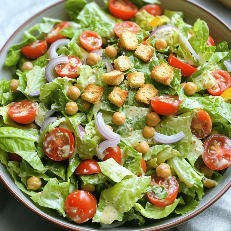 - 1 can (15 oz) chickpeas, thoroughly drained and rinsed - 4 cups romaine lettuce, roughly chopped into bite-sized pieces - 1/2 cup cherry tomatoes, sliced in half - 1/4 cup red onion, thinly sliced for a pop of color - 1/4 cup nutritional yeast, for a cheesy essence - 1/4 cup vegan mayonnaise, creamy base of the dressing - 2 tablespoons Dijon mustard, adding a tangy kick - 1 tablespoon fresh lemon juice, for brightness - 1 tablespoon extra virgin olive oil, for richness - 1 teaspoon garlic powder, enhancing flavor - Salt and fresh ground pepper to taste - Croutons (store-bought or homemade) for the finishing crunch The chickpeas in this salad add protein and fiber. They make the dish filling and healthy. Romaine lettuce gives a nice crunch and freshness. Cherry tomatoes bring sweetness, while red onion adds a burst of flavor. For the dressing, I love using nutritional yeast. It gives a cheesy taste without dairy. Vegan mayonnaise makes it creamy, while Dijon mustard adds a nice tang. Fresh lemon juice brightens everything up. Olive oil adds richness, and garlic powder boosts flavor. You can add salt and pepper to taste. For extra crunch, top it off with croutons. This salad is not just tasty; it’s also colorful and fun to eat. If you want to make it even better, check out the [Full Recipe]. - Combine chickpeas, romaine, cherry tomatoes, and red onion in a large bowl. - Mix well to ensure an even distribution of ingredients. In this step, I love to use my hands to mix. It helps me feel the textures and see how colorful the salad becomes. The chickpeas add protein, while the romaine gives a nice crunch. Cherry tomatoes burst with flavor, and red onion adds a sweet bite. - In a separate bowl, whisk together vegan mayonnaise, Dijon mustard, lemon juice, olive oil, nutritional yeast, garlic powder, salt, and pepper until smooth. This dressing is magic! The vegan mayonnaise makes it creamy. The Dijon mustard gives it a tangy kick, while lemon juice brightens it up. Nutritional yeast brings a cheesy taste without dairy. I whisk until it’s really smooth, so every bite is delicious. - Pour dressing over the salad mixture, gently toss to coat. - Let the salad sit for 5-10 minutes to allow flavors to meld. - Top with croutons just before serving, and optionally sprinkle with additional nutritional yeast. Now, I pour the dressing over the salad and toss gently. I let it rest for a bit. This helps all the flavors mix well. Right before serving, I add the croutons for that perfect crunch. If you want more cheesy flavor, sprinkle extra nutritional yeast on top. It's so good! For the full recipe, check the earlier section. To make this salad shine, adjust the salt and pepper to fit your taste. Everyone’s palate is different, so find your perfect balance. Letting the salad sit for a bit allows the flavors to mix and deepen. I suggest giving it 5 to 10 minutes for best results. When serving, you can use a large bowl for sharing or individual plates for a personal touch. To make it look even better, add halved cherry tomatoes and a sprinkle of nutritional yeast on top. This adds color and a bit of flair to your dish. For easy meal prep, make the dressing first and keep it in the fridge. This way, you can use it later without any hassle. Assemble the salad just before serving to keep everything fresh and crisp. The crunch of the romaine is key to enjoying this salad fully. {{image_4}} You can add other beans or lentils to your salad for more protein. Chickpeas are great, but black beans or lentils work well too. They add unique flavors and textures. Avocado or tofu can also join your salad. Both add creaminess and extra protein, making your meal even more filling. To spice things up, try different vinegars in your dressing. Balsamic or apple cider vinegar can change the taste in exciting ways. You might also want to add spices like cayenne or smoked paprika. These spices bring flavor complexity and a fun kick to your dish. If you want to try something new, swap out romaine lettuce for spinach or kale. These greens change the texture and add their own taste. You can also change the dressing base. Cashew cream or tahini can replace the vegan mayonnaise if you want to try something different. This will give your salad a fresh twist. For the full recipe, check out the Chickpea Caesar Bliss Salad. - Refrigerate in an airtight container for up to 3 days. - Store dressing separately to prevent sogginess in greens. Leftovers can stay fresh, but the greens will wilt if mixed with the dressing. I recommend keeping the salad and dressing apart. This way, you can enjoy the crispness of the romaine lettuce each time you serve it. - Not recommended for freezing due to texture changes in salad components. Freezing this salad is not a good idea. The chickpeas and vegetables will lose their nice crunch. Plus, the dressing will separate and become watery. Enjoy it fresh for the best taste and texture. - Prepare ingredients in advance and assemble fresh before consuming. Meal prep can save time. Chop your veggies and drain your chickpeas ahead of time. When you are ready to eat, toss everything together. This keeps the salad fresh and tasty, making it a great option for busy days. For the full recipe, check the Chickpea Caesar Bliss Salad 🥗. Yes, prepare ingredients and dressing in advance, assembling just before serving. This way, your salad stays fresh and crunchy. You can cut the veggies and make the dressing a day ahead. Just store them separately in the fridge. When it’s time to eat, toss it all together for a quick meal. Yes, the ingredients used are naturally gluten-free; ensure croutons are gluten-free if using. If you want homemade croutons, use gluten-free bread. This makes the salad safe for those with gluten sensitivities. Adding seeds, nuts, or extra veggies can boost nutrients and flavor diversity. Try adding sunflower seeds or pumpkin seeds for crunch. You can also include sliced cucumbers or bell peppers for extra color and vitamins. Each addition makes the salad even more satisfying. Pair with vegan garlic bread, roasted vegetables, or a light soup for a complete meal. These sides complement the salad nicely and provide a variety of textures and flavors. They also make for a filling and balanced dinner. If you want to explore more, check out the Full Recipe for ideas! This salad blends fresh ingredients with a creamy dressing. You start with chickpeas, lettuce, and tomatoes, adding a vibrant kick from red onion. The dressing, made from vegan mayonnaise and nutritional yeast, brings a cheesy and tangy flavor. Adjust seasonings to suit your taste, and enjoy optional toppings like croutons. Finalize your meal prep by storing dressing separately. This keeps your salad crisp and fresh. With all these tips and variations, you can create a delicious salad that fits your flavor preferences and keeps nutrition in mind. Dive in and enjoy!