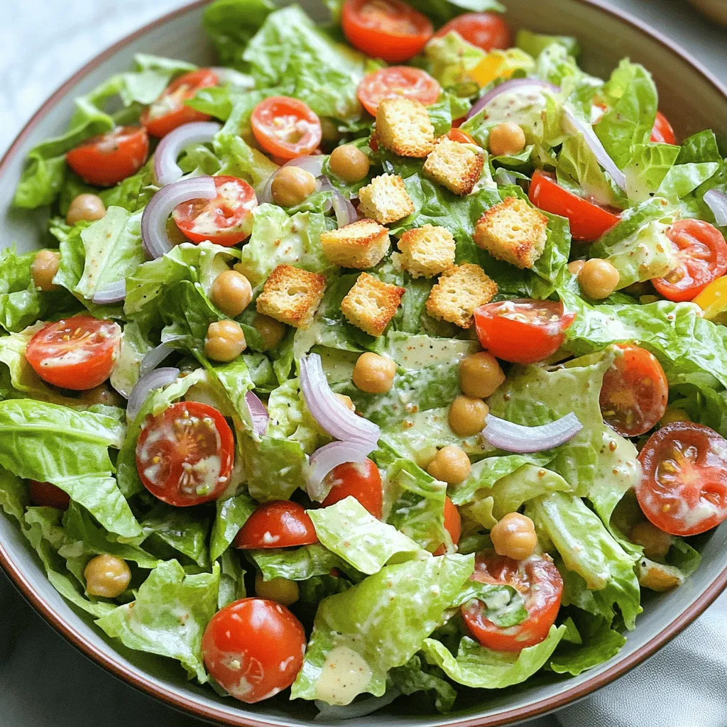 - 1 can (15 oz) chickpeas, thoroughly drained and rinsed - 4 cups romaine lettuce, roughly chopped into bite-sized pieces - 1/2 cup cherry tomatoes, sliced in half - 1/4 cup red onion, thinly sliced for a pop of color - 1/4 cup nutritional yeast, for a cheesy essence - 1/4 cup vegan mayonnaise, creamy base of the dressing - 2 tablespoons Dijon mustard, adding a tangy kick - 1 tablespoon fresh lemon juice, for brightness - 1 tablespoon extra virgin olive oil, for richness - 1 teaspoon garlic powder, enhancing flavor - Salt and fresh ground pepper to taste - Croutons (store-bought or homemade) for the finishing crunch The chickpeas in this salad add protein and fiber. They make the dish filling and healthy. Romaine lettuce gives a nice crunch and freshness. Cherry tomatoes bring sweetness, while red onion adds a burst of flavor. For the dressing, I love using nutritional yeast. It gives a cheesy taste without dairy. Vegan mayonnaise makes it creamy, while Dijon mustard adds a nice tang. Fresh lemon juice brightens everything up. Olive oil adds richness, and garlic powder boosts flavor. You can add salt and pepper to taste. For extra crunch, top it off with croutons. This salad is not just tasty; it’s also colorful and fun to eat. If you want to make it even better, check out the [Full Recipe]. - Combine chickpeas, romaine, cherry tomatoes, and red onion in a large bowl. - Mix well to ensure an even distribution of ingredients. In this step, I love to use my hands to mix. It helps me feel the textures and see how colorful the salad becomes. The chickpeas add protein, while the romaine gives a nice crunch. Cherry tomatoes burst with flavor, and red onion adds a sweet bite. - In a separate bowl, whisk together vegan mayonnaise, Dijon mustard, lemon juice, olive oil, nutritional yeast, garlic powder, salt, and pepper until smooth. This dressing is magic! The vegan mayonnaise makes it creamy. The Dijon mustard gives it a tangy kick, while lemon juice brightens it up. Nutritional yeast brings a cheesy taste without dairy. I whisk until it’s really smooth, so every bite is delicious. - Pour dressing over the salad mixture, gently toss to coat. - Let the salad sit for 5-10 minutes to allow flavors to meld. - Top with croutons just before serving, and optionally sprinkle with additional nutritional yeast. Now, I pour the dressing over the salad and toss gently. I let it rest for a bit. This helps all the flavors mix well. Right before serving, I add the croutons for that perfect crunch. If you want more cheesy flavor, sprinkle extra nutritional yeast on top. It's so good! For the full recipe, check the earlier section. To make this salad shine, adjust the salt and pepper to fit your taste. Everyone’s palate is different, so find your perfect balance. Letting the salad sit for a bit allows the flavors to mix and deepen. I suggest giving it 5 to 10 minutes for best results. When serving, you can use a large bowl for sharing or individual plates for a personal touch. To make it look even better, add halved cherry tomatoes and a sprinkle of nutritional yeast on top. This adds color and a bit of flair to your dish. For easy meal prep, make the dressing first and keep it in the fridge. This way, you can use it later without any hassle. Assemble the salad just before serving to keep everything fresh and crisp. The crunch of the romaine is key to enjoying this salad fully. {{image_4}} You can add other beans or lentils to your salad for more protein. Chickpeas are great, but black beans or lentils work well too. They add unique flavors and textures. Avocado or tofu can also join your salad. Both add creaminess and extra protein, making your meal even more filling. To spice things up, try different vinegars in your dressing. Balsamic or apple cider vinegar can change the taste in exciting ways. You might also want to add spices like cayenne or smoked paprika. These spices bring flavor complexity and a fun kick to your dish. If you want to try something new, swap out romaine lettuce for spinach or kale. These greens change the texture and add their own taste. You can also change the dressing base. Cashew cream or tahini can replace the vegan mayonnaise if you want to try something different. This will give your salad a fresh twist. For the full recipe, check out the Chickpea Caesar Bliss Salad. - Refrigerate in an airtight container for up to 3 days. - Store dressing separately to prevent sogginess in greens. Leftovers can stay fresh, but the greens will wilt if mixed with the dressing. I recommend keeping the salad and dressing apart. This way, you can enjoy the crispness of the romaine lettuce each time you serve it. - Not recommended for freezing due to texture changes in salad components. Freezing this salad is not a good idea. The chickpeas and vegetables will lose their nice crunch. Plus, the dressing will separate and become watery. Enjoy it fresh for the best taste and texture. - Prepare ingredients in advance and assemble fresh before consuming. Meal prep can save time. Chop your veggies and drain your chickpeas ahead of time. When you are ready to eat, toss everything together. This keeps the salad fresh and tasty, making it a great option for busy days. For the full recipe, check the Chickpea Caesar Bliss Salad 🥗. Yes, prepare ingredients and dressing in advance, assembling just before serving. This way, your salad stays fresh and crunchy. You can cut the veggies and make the dressing a day ahead. Just store them separately in the fridge. When it’s time to eat, toss it all together for a quick meal. Yes, the ingredients used are naturally gluten-free; ensure croutons are gluten-free if using. If you want homemade croutons, use gluten-free bread. This makes the salad safe for those with gluten sensitivities. Adding seeds, nuts, or extra veggies can boost nutrients and flavor diversity. Try adding sunflower seeds or pumpkin seeds for crunch. You can also include sliced cucumbers or bell peppers for extra color and vitamins. Each addition makes the salad even more satisfying. Pair with vegan garlic bread, roasted vegetables, or a light soup for a complete meal. These sides complement the salad nicely and provide a variety of textures and flavors. They also make for a filling and balanced dinner. If you want to explore more, check out the Full Recipe for ideas! This salad blends fresh ingredients with a creamy dressing. You start with chickpeas, lettuce, and tomatoes, adding a vibrant kick from red onion. The dressing, made from vegan mayonnaise and nutritional yeast, brings a cheesy and tangy flavor. Adjust seasonings to suit your taste, and enjoy optional toppings like croutons. Finalize your meal prep by storing dressing separately. This keeps your salad crisp and fresh. With all these tips and variations, you can create a delicious salad that fits your flavor preferences and keeps nutrition in mind. Dive in and enjoy!