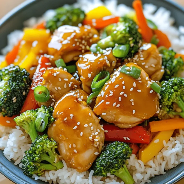 - 500g boneless chicken thighs, cut into bite-sized pieces - 2 tablespoons honey - 3 tablespoons low-sodium soy sauce - 2 cloves garlic, finely minced - 1 tablespoon fresh ginger, finely minced - 2 tablespoons cornstarch - 1 tablespoon vegetable oil - 1 bell pepper (choose either red or yellow), sliced into thin strips - 1 cup fresh broccoli florets - 1 medium carrot, julienned - 1 small onion, sliced into half-moons - 2 green onions, finely chopped - Sesame seeds - Large non-stick skillet or wok - Medium-sized mixing bowl - Whisk - Spatula When I prepare this honey garlic chicken stir-fry, I love using fresh, quality ingredients. The chicken thighs offer a rich flavor and stay juicy when cooked. Honey adds a sweet touch to the dish. I prefer low-sodium soy sauce to keep it balanced. Fresh garlic and ginger give a nice kick and aroma. Cornstarch is key for a crispy texture. For veggies, I choose a bright bell pepper and fresh broccoli. These add color and crunch. Carrots and onions round out the mix. You can also add green onions and sesame seeds for a lovely finish. Make sure to have your cooking essentials ready. A large skillet or wok works best for stir-frying. A medium bowl and whisk help mix the sauce. This setup makes the cooking process smooth and fun. If you want to see the full recipe, check the section above! To start, grab a medium bowl. In this bowl, whisk together the honey, low-sodium soy sauce, minced garlic, and minced ginger. This sauce is the star of your dish. It gives the chicken its sweet and tasty flavor. Set the sauce aside for now. Letting it sit will help the flavors mix well. Next, take another bowl and place the chicken pieces in it. Sprinkle the cornstarch over the chicken. Toss the pieces gently until they are coated well. This step makes the chicken crispy when cooked. Now, heat vegetable oil in a large non-stick skillet or wok over medium-high heat. Make sure the oil is hot before adding chicken. Carefully add the chicken in a single layer. Cook it for about 5-6 minutes. Stir occasionally until the chicken turns golden brown and is fully cooked. After that, remove the chicken from the skillet and set it aside on a plate. In the same skillet, add the sliced onion. Sauté it for about 2-3 minutes until it smells good and softens. Then, add the broccoli florets, sliced bell pepper, and julienned carrot. Stir-fry these veggies for about 4-5 minutes. You want them to stay bright and a bit crunchy. Now, return the cooked chicken to the skillet. Pour the honey garlic sauce over everything. Stir well so the chicken and veggies are coated evenly. Cook this mixture for another 2-3 minutes. This step helps the sauce thicken a bit. Taste it and add salt and pepper as needed. Once ready, remove it from heat. Garnish your dish with chopped green onions and sesame seeds. Your honey garlic chicken stir-fry is now ready to enjoy! For the full recipe, check the earlier section. To get the sauce just right, mix the honey, soy sauce, garlic, and ginger well. The cornstarch helps thicken the sauce as it cooks. If the sauce is too thin, let it cook a bit longer. If it’s too thick, add a splash of water. Keep stirring to avoid lumps. For a shiny finish, cook it until it bubbles slightly. For juicy chicken, always use thighs instead of breasts. The thighs have more fat, which keeps them moist. Toss the chicken with cornstarch to lock in moisture during cooking. Avoid overcooking, as this can dry out the meat. Cook until golden brown and check with a knife to ensure it’s no longer pink inside. Serve your honey garlic chicken stir-fry over fluffy jasmine rice or quinoa. The rice soaks up the sauce nicely. For extra flavor, drizzle some honey on top before serving. Garnish with green onions and sesame seeds for a pop of color. This dish pairs great with a side of steamed vegetables or a fresh salad. {{image_4}} You can switch chicken for other proteins. Try shrimp or tofu for a tasty twist. Beef or pork also work well in this dish. Each choice gives a new flavor to the stir-fry. Adjust cooking times as needed. For shrimp, cook just until pink. Tofu should be golden and crispy. Feel free to mix up the veggies! Snow peas, zucchini, or snap peas add great crunch. You can use mushrooms for a savory touch. Cauliflower and asparagus also pair nicely. Keep the colors bright for a joyful plate. Aim for fresh and seasonal veggies for best taste. Love a kick? Add some red pepper flakes to the sauce. You can also use Sriracha for extra heat. Start with a small amount and taste as you go. If you want less spice, skip the hot ingredients. This dish is great for everyone, even kids! For the full recipe, check the complete guide to Honey Garlic Chicken Stir-Fry. Store any leftover honey garlic chicken stir-fry in an airtight container. Let it cool down first. This helps lock in flavors and keep the dish fresh. Place the container in the fridge. It will stay good for about three to four days. If you want to keep it longer, freezing works too. To reheat, use a microwave or a stovetop. If using a microwave, place the stir-fry in a bowl. Cover it with a microwave-safe lid or wrap. Heat on high for one to two minutes. Stir halfway through for even heat. On the stovetop, add a splash of water to a pan and heat on medium. Stir until warm. This keeps the chicken juicy and the veggies crisp. To freeze, use a freezer-safe container. Make sure it’s sealed tightly to prevent freezer burn. Label the container with the date. Honey garlic chicken stir-fry can last up to three months in the freezer. When ready to eat, thaw it overnight in the fridge. Reheat it as mentioned above. Enjoy a quick, tasty meal any time! If you need a soy sauce substitute, use tamari. Tamari has a similar taste and works well in most dishes. You can also try coconut aminos. This option is sweet and has less salt. Yes, you can easily make this dish gluten-free. Use tamari instead of soy sauce. Be sure to check the labels if you use pre-made sauces. The stir-fry lasts about three to four days in the fridge. Store it in an airtight container to keep it fresh. Reheat it on the stove or in the microwave before enjoying again. Absolutely! Feel free to add your favorite veggies. Snow peas, bok choy, or snap peas all work great. Just make sure to adjust the cooking time based on the vegetables you add. You can find the full recipe with all the details above. Enjoy making this tasty dish! This blog post covered key ingredients, cooking steps, and tips for a great stir-fry. You learned about main ingredients, optional garnishes, and cooking essentials. We explored sauce preparation, cooking chicken, and stir-frying veggies. You now have tips for sauce consistency and juicy chicken. Plus, there are many variations to suit your taste. With this knowledge, you can create a delicious stir-fry that's easy to store. Enjoy making your dish and impressing others with your skills!
