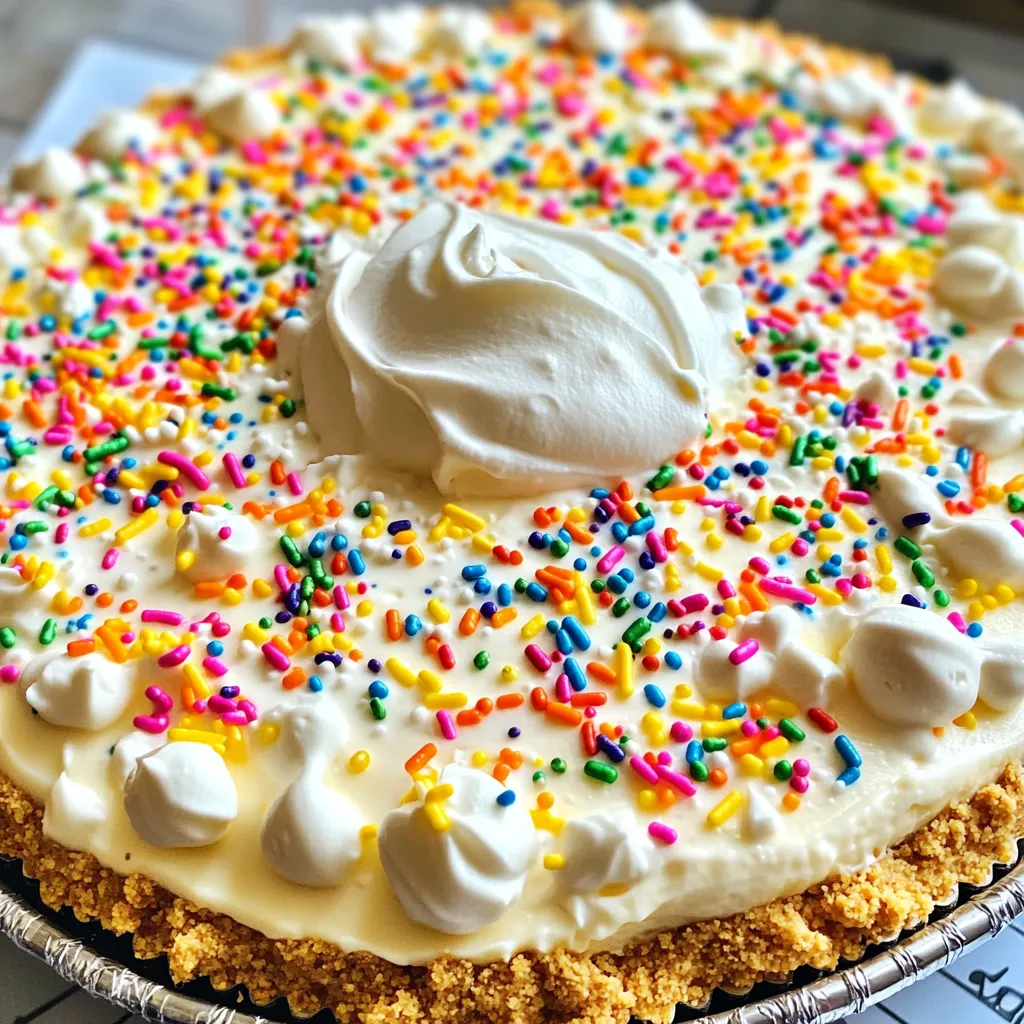 To start making the No Bake Funfetti Cheesecake, gather these simple ingredients: - 1 ½ cups graham cracker crumbs - ⅓ cup unsalted butter, melted - 2 cups cream cheese, softened - 1 cup powdered sugar - 1 teaspoon pure vanilla extract - 1 cup heavy whipping cream - ½ cup colorful rainbow sprinkles - A pinch of salt Each ingredient plays a key role in making this cheesecake rich and fun. The graham cracker crumbs give us a crunchy crust, while the melted butter makes it stick together. Cream cheese is the star of the filling; it creates that creamy texture we all love. Powdered sugar adds sweetness, and vanilla gives it a lovely flavor. Heavy whipping cream is essential for that fluffy lightness. The rainbow sprinkles not only add color but also a fun surprise in every bite. When you use these ingredients, you create a dessert everyone will enjoy. For the full recipe, check the detailed preparation steps I’ve provided. First, mix the graham cracker crumbs and melted butter in a bowl. Use a fork to combine them well. The crumbs should feel moist but not soggy. Next, take a 9-inch springform pan. Press the mixture firmly into the bottom of the pan. Make sure it is even and compact. This creates a solid crust. Now, chill the crust in the refrigerator while you make the cheesecake filling. This step helps the crust set. In a large mixing bowl, beat the softened cream cheese with an electric mixer. Start on medium speed and mix for 2-3 minutes. The goal is to make it smooth and creamy. Gradually add the sifted powdered sugar and vanilla extract. Continue mixing until there are no lumps. This step is key for a creamy texture. In a separate bowl, whip the heavy cream on high speed. You want to form stiff peaks, which should take about 3-5 minutes. Be careful not to overwhip. Once ready, use a spatula to fold half of the whipped cream into the cream cheese mixture. Gently mix until just combined. Then, fold in the remaining whipped cream, keeping the mixture light and airy. Now comes the fun part! Gently fold in the rainbow sprinkles. Use a light hand to avoid breaking the sprinkles. This keeps them colorful and bright in your filling. Mix just enough so that the sprinkles are evenly distributed. Carefully pour the cheesecake filling over the chilled crust. Use a spatula to spread it evenly across the top. Smooth the surface for a nice finish. Next, cover the pan with plastic wrap. Refrigerate for at least 4 hours, or better yet, overnight. This waiting time helps the cheesecake set properly. Once the cheesecake is set, gently release the sides of the springform pan. Slice the cheesecake into wedges for serving. To make it more festive, add some extra rainbow sprinkles on top. A dollop of whipped cream also adds a nice touch. Enjoy your delicious no-bake funfetti cheesecake! For the full recipe, check out the provided link. To make a great No Bake Funfetti Cheesecake, start with the right cream cheese. I prefer using full-fat cream cheese because it gives the best texture. It makes the cheesecake smooth and creamy. Make sure your cream cheese is softened to room temperature. This helps it mix easily and prevents lumps. Whipped cream adds a light touch to your cheesecake. To get stiff peaks, whip the heavy cream on high speed. Watch it closely; it takes just 3-5 minutes. If you whip it too long, it can turn into butter. So, stop as soon as you see those peaks. Gently fold the whipped cream into the cheesecake mixture. This keeps it airy and fluffy. Want to amp up the flavor? Try adding a splash of almond extract or lemon juice. These flavors can give your cheesecake a fun twist. When adding sweet ingredients like powdered sugar, taste as you mix. You want to find the right balance of sweetness. This makes sure your cheesecake is just right and not too sweet. For the full recipe, refer to the instructions above. {{image_4}} You can change the taste in fun ways. Try adding chocolate or fruit purées. Chocolate adds a rich flavor. Fruit purées bring a fresh taste. Both options brighten the cheesecake. You can also swap extracts. Instead of vanilla, use almond or lemon. Each change gives a new twist. If you need a gluten-free dessert, use gluten-free graham crackers. They work well as a crust. For a vegan option, try cream cheese made from nuts. Coconut cream is another great choice. These swaps keep the cheesecake tasty and fun. Sprinkles make every occasion special. Use different colors for holidays or birthdays. Red and green look great for Christmas. Pastel colors are perfect for spring. You can also add toppings. Fresh fruit or chocolate sauce adds flair. These small changes make your cheesecake even more exciting. For the full recipe, check out the No Bake Funfetti Cheesecake section. Store the No Bake Funfetti Cheesecake in the fridge. Keep it in an airtight container. You can also cover it with plastic wrap. This helps keep it fresh and tasty. To freeze slices, wrap each one in plastic wrap. Then place the slices in a freezer bag. Make sure to remove extra air from the bag. For thawing, take a slice out and let it sit in the fridge for a few hours. This keeps the texture smooth and creamy. The cheesecake lasts about five days in the fridge. Check for any off smells or strange colors. If the texture looks dry or crumbly, it’s best to toss it out. Enjoy your cheesecake while it’s fresh for the best taste! Yes, you can make this cheesecake a day in advance. This gives it time to set properly in the fridge. Just cover it well to keep it fresh. I often prepare it the night before a party. It saves time and adds to the excitement! You can use items like vanilla wafers or crushed cookies. Oreos make a tasty crust too. If you want a gluten-free option, try almond flour mixed with coconut oil. Adjust the amounts to get a good texture. You can swap cream cheese for Greek yogurt. Use low-fat cream cheese for fewer calories. Instead of powdered sugar, try honey or maple syrup. This keeps it sweet without added sugar. You can also add fresh fruit for a natural sweetness. If your cheesecake is too soft, it might need more chilling time. Make sure your cream cheese is well blended and smooth. If you skip whipping the cream enough, it won’t firm up. Always chill for at least four hours, or overnight for best results. Absolutely! You can use chocolate sprinkles for a twist. Colorful confetti sprinkles add fun, while edible glitter makes it fancy. Just remember, different sprinkles can change the look but keep the taste the same. This cheesecake recipe combines simple ingredients and easy steps. Remember to chill the crust and use room temperature cream cheese for the best texture. Don’t forget the fun of adding colorful sprinkles! Try different flavors or variations to make it your own. Follow these tips for storing and serving to enjoy your cheesecake longer. With this guide, you can create a delightful dessert everyone will love. Enjoy making and sharing this treat with your friends and family!