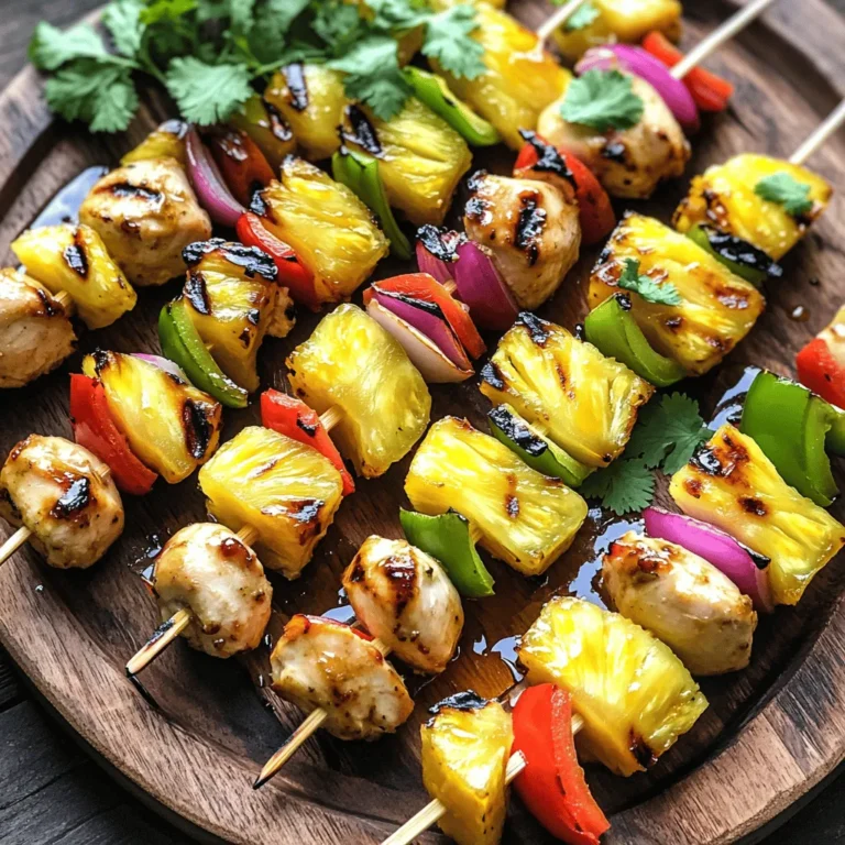 - Chicken breast and preparation - 1 lb boneless, skinless chicken breast, cut into 1-inch cubes - Vegetables and fruit - 1 cup fresh pineapple, cut into 1-inch cubes - 1 red bell pepper, cut into 1-inch squares - 1 green bell pepper, cut into 1-inch squares - 1 small red onion, cut into quarters - Marinade components - 2 tablespoons soy sauce - 2 tablespoons honey - 1 tablespoon sesame oil - 2 cloves garlic, minced - 1 teaspoon fresh ginger, minced - Salt and black pepper to taste - Wooden or metal skewers (if using wooden skewers, soak in water for 30 minutes before use) You will want to use fresh ingredients for the best flavor. The chicken breast gives you a lean protein that cooks well on the grill. Pineapple adds a sweet and juicy touch, while the bell peppers and red onion bring crunch and color. For the marinade, soy sauce adds salt and umami. Honey gives sweetness, and sesame oil adds a nutty flavor. Garlic and ginger provide a zing that rounds out the taste. Together, these ingredients create a balanced flavor that makes each bite enjoyable. The Full Recipe includes all these key ingredients. Gather them and get ready for a fun cooking experience! First, gather your marinade ingredients. Mix soy sauce, honey, sesame oil, minced garlic, and minced ginger in a bowl. Whisk them together until smooth. This marinade adds a sweet and savory flavor to the chicken. Marinating the chicken is crucial. It helps the meat absorb flavors, making every bite delicious. Now, add the chicken cubes to the marinade. Coat each piece well. Season with salt and black pepper to taste. Use your hands or a spatula to mix everything evenly. Cover the bowl with plastic wrap and place it in the fridge for at least 30 minutes. This time allows the flavors to soak into the chicken. While the chicken marinates, prepare your skewers. If using wooden skewers, soak them in water for 30 minutes. Start by threading a chicken cube onto the skewer. Follow with a piece of pineapple, then a piece of red bell pepper. Add green bell pepper and a quarter of red onion. Repeat this pattern until the skewer is full. Aim for 4-5 pieces of chicken and 3-4 pieces of veggies and fruit on each skewer. Next, preheat your grill to medium-high heat. A hot grill gives the chicken a nice sear. Place the skewers on the grill. Cook for about 10-12 minutes. Turn them every few minutes for even cooking. Check that the chicken reaches an internal temperature of 165°F (75°C) and has nice grill marks. Once done, carefully take the skewers off the grill. Let them rest on a plate for 5 minutes. This helps the juices stay inside the chicken. For presentation, arrange the skewers on a bright platter. You can add fresh herbs like cilantro for color. A drizzle of honey adds sweetness and shine. Enjoy this easy summer delight! For the full recipe, check the details above. To achieve perfect grill marks, start with a clean grill. Preheat the grill to medium-high heat. This ensures that the skewers sear well. Place the skewers on the grill without crowding them. This helps them cook evenly and get those nice marks. To avoid stickiness, oil the grill grates lightly before placing the skewers. You can use a paper towel soaked in oil. Just hold it with tongs and wipe the grates. This simple step helps the skewers lift off easily after grilling. You can swap the chicken for shrimp or firm tofu. Both work great with the same marinade. If you prefer beef, use tender cuts like sirloin. Each protein brings a unique taste to the skewers. For seasoning variations, try adding chili powder or cumin to the marinade. You can also use fresh herbs like basil or cilantro for a twist. Get creative and find a flavor that excites you! Pair the skewers with a fresh salad, like a cucumber and tomato salad. This adds a nice crunch and freshness to your meal. Grilled corn on the cob also makes a great side. For beverages, a cold lemonade or iced tea complements the skewers well. If you prefer wine, a chilled white wine like Sauvignon Blanc pairs nicely with the pineapple. For the full recipe, check out the details above. Enjoy your grilling adventure! {{image_4}} You can switch up the marinade for great new flavors. - Tropical Marinade Options: Try adding coconut milk or lime juice. These will give your skewers a fresh, fruity taste. You can also mix in fresh herbs like cilantro for a burst of flavor. - Spicy/Hot Variations: If you enjoy heat, add chili paste or red pepper flakes to the marinade. This will give your skewers a kick that pairs well with the sweet pineapple. Experimenting with these marinades allows you to customize your grilled pineapple chicken skewers. You can find your favorite mix with just a little taste testing. Not everyone has a grill, and that's okay! You can still enjoy these skewers with other cooking methods. - Oven-Baked Skewers: Preheat your oven to 400°F. Place the assembled skewers on a baking sheet lined with parchment paper. Bake for about 20-25 minutes, flipping halfway through. This method is perfect for rainy days when grilling isn’t an option. - Broiler Option for Indoor Cooking: If you want to use your broiler, set it to high. Place the skewers on a broiler pan or oven-safe dish. Broil for about 10 minutes, turning once. This method gives you nice char marks just like grilling. With these variations and cooking methods, you can enjoy grilled pineapple chicken skewers anytime, anywhere. For the full recipe, check the provided link. To keep your grilled pineapple chicken skewers fresh, store them in an airtight container. This method helps retain moisture and flavor. Make sure they cool to room temperature before sealing. These skewers last 3 to 4 days in the fridge. Always check for any off smells or changes in texture before eating. If you'd like to save some skewers, freezing is a great option. To freeze, wrap them tightly in plastic wrap and place them in a freezer-safe bag. Remove as much air as possible to prevent freezer burn. Frozen skewers can last up to 3 months. To reheat, simply take them out of the freezer and thaw them in the fridge overnight. Once thawed, grill them for about 5-7 minutes until they are heated through. This method helps maintain the juicy flavor of the chicken and the sweet notes of the pineapple. For the full recipe of grilled pineapple chicken skewers, follow the steps outlined above to enjoy this easy summer delight! To make grilled pineapple chicken skewers, follow these steps: 1. Prepare the Marinade: Mix soy sauce, honey, sesame oil, garlic, and ginger in a bowl. 2. Marinate the Chicken: Add cubed chicken to the marinade. Season with salt and pepper. Mix well and refrigerate for at least 30 minutes. 3. Assemble the Skewers: Thread chicken, pineapple, and veggies onto skewers in a pattern. 4. Preheat the Grill: Heat the grill to medium-high. 5. Grill the Skewers: Cook skewers for 10-12 minutes, turning until chicken reaches 165°F. 6. Rest and Serve: Let skewers rest for 5 minutes before serving. This process ensures you get juicy, flavorful skewers every time. Grilling is the best way to cook chicken skewers. It gives you a nice char and smoky flavor. Here are some tips: - Use Medium-High Heat: This temperature helps cook the chicken quickly while keeping it moist. - Turn Often: Flip the skewers every few minutes. This ensures even cooking and prevents burning. - Watch the Time: Cooking should take about 10-12 minutes. Always check that the internal temperature is 165°F. If you can’t grill, you can bake skewers in the oven. Set your oven to 400°F and cook for 15-20 minutes, turning halfway. Grilled skewers can last in the fridge for 3-4 days. Store them in an airtight container to keep them fresh. Here are some food safety tips: - Cool First: Let skewers cool down before storing. This helps prevent moisture buildup. - Check for Spoilage: If there is an off smell or strange texture, discard them. - Reheat Safely: When reheating, ensure they reach 165°F to kill any bacteria. Proper storage helps you enjoy your skewers later without worry. Absolutely! You can use various vegetables in your skewers. Here are some tasty swaps: - Zucchini: Sliced into thick rounds, zucchini adds a nice texture. - Mushrooms: Whole or halved, they absorb flavors well. - Cherry Tomatoes: They add a burst of sweetness and color. - Asparagus: Cut into pieces, asparagus gives a fresh crunch. Feel free to mix and match your favorite veggies. This adds variety and fun to your skewers! For the full recipe, check out the detailed instructions above. Enjoy your cooking! This blog post covered how to make tasty grilled chicken skewers. We discussed ingredients, marinade preparation, and grilling steps. I shared tips for perfect cooking and suggested many variations. In my opinion, grilling is great for meals with friends or family. With simple tricks, you can create delicious skewers. Now you have the tools to enjoy a fun meal. Happy grilling!