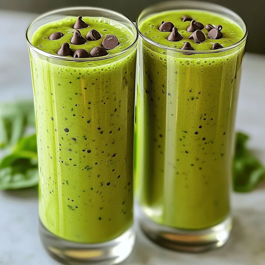 - 1 cup unsweetened almond milk - 1 ripe banana, peeled and sliced - 1 cup fresh spinach leaves - 1 tablespoon unsweetened cocoa powder - 1 tablespoon pure maple syrup - 1 teaspoon peppermint extract - 1/2 cup plain Greek yogurt - 1/4 cup dark chocolate chips - A handful of ice cubes These ingredients work together to create a smoothie that is both tasty and healthy. The almond milk keeps it light, while the banana adds natural sweetness. Spinach boosts the nutrients without changing the flavor, so you won't even notice it's there! The cocoa powder gives a rich taste, and maple syrup adds a hint of sweetness. Peppermint extract brings in that signature mint flavor, making each sip refreshing. Greek yogurt adds creaminess and protein, while dark chocolate chips give a fun crunch. - Extra dark chocolate chips - Fresh mint leaves Garnishes can enhance your drink. A sprinkle of dark chocolate chips on top adds a nice touch. Fresh mint leaves not only look pretty but also add a burst of fresh scent. These little details make your smoothie feel special. If you want to impress, go for these garnishes! For the complete method to blend this delightful smoothie, check the Full Recipe. To start, gather all the ingredients for your Mint Chocolate Chip Smoothie. You will need: - 1 cup unsweetened almond milk - 1 ripe banana, peeled and sliced - 1 cup fresh spinach leaves - 1 tablespoon unsweetened cocoa powder - 1 tablespoon pure maple syrup - 1 teaspoon peppermint extract - 1/2 cup plain Greek yogurt - 1/4 cup dark chocolate chips - A handful of ice cubes Next, measure out the almond milk and cocoa powder. This step ensures you have the right amounts for the best flavor. Now it's time to blend! Start by placing the almond milk, sliced banana, spinach, cocoa powder, maple syrup, and peppermint extract into the blender. Blend on high speed until the mixture is smooth and creamy. After that, add the Greek yogurt and dark chocolate chips. Toss in the ice cubes for that cold and frothy texture. Blend again until everything is well mixed. Don’t forget to taste your smoothie! If you want it sweeter or mintier, add more maple syrup or peppermint extract. Pour the smoothie into two tall glasses. The rich green color with chocolate bits makes it look delicious! To make it even prettier, sprinkle extra chocolate chips on top. You can also add fresh mint leaves for a pop of color and fresh scent. Enjoy this healthy and refreshing drink! For the complete recipe, check out Full Recipe. To get the right thickness in your smoothie, you can use either ice or milk. If you want a colder drink, add more ice. If you prefer a creamier texture, try using more almond milk or any milk you like. Starting with less liquid and adding more can help you find the perfect balance. For a smooth blend, make sure to layer your ingredients properly. Start with the liquid at the bottom, then add the softer fruits and greens. This method helps the blender mix everything evenly. Blend on high until you have a creamy consistency. If you want to change the sweetness in your smoothie, you can adjust the maple syrup. Taste it first, and add more if you want it sweeter. Another fun twist is to add peanut butter. It gives a nutty flavor and makes your smoothie even creamier. You can also mix in protein powder for an extra boost. This mint chocolate chip smoothie is not just tasty; it’s healthy too. Spinach is full of vitamins and minerals. It helps keep your body strong. Greek yogurt adds protein, which is great for muscle health. Together, they make this smoothie a good choice. In terms of calories, one serving has about 250 calories. It offers a nice mix of nutrients without too many calories. You can enjoy this drink as a snack or for breakfast. For more details on the full recipe, check out the Mint Chocolate Chip Smoothie Delight. {{image_4}} You can easily make this smoothie dairy-free. Just swap the almond milk for coconut milk or oat milk. Both options add a creamy texture and a unique flavor. Coconut milk brings a subtle sweetness, while oat milk offers a mild taste. This allows you to enjoy a smooth and rich drink without dairy. If you want a vegan version, replace the Greek yogurt with plant-based yogurt. Almond, coconut, or soy yogurt works great. These alternatives keep the smoothie creamy and delicious. They also add healthy fats and protein without using dairy. Enjoy your mint chocolate chip smoothie while staying true to your dietary needs! Don’t hesitate to experiment with different flavors. You can try chocolate mint extract for a stronger mint taste. Vanilla extract can also add a warm sweetness. Each variation brings a new twist to this refreshing drink. Feel free to mix and match until you find your favorite! To keep your mint chocolate chip smoothie fresh, store it in the fridge. Use an airtight container to hold in flavor and keep it cold. Make sure to consume it within one to two days for the best taste. If you want to save some for later, freezing is a great option. Pour the smoothie into ice cube trays or freezer-safe bags. This way, you can blend it up later for a quick treat. Just remember to leave some space in the container, as liquids expand when frozen. If you have a refrigerated smoothie, you can easily re-blend it. Just pour it back into your blender. Blend until it’s smooth again. You might need to add a bit of almond milk or water to help it mix well. This will bring back that nice, frothy texture. To enhance the flavor after storage, consider adding a splash of fresh mint or a bit more cocoa powder. This can wake up the flavors and make it taste just as good as when you first made it! To make your smoothie thicker, you can adjust a few ingredients. Here are some tips: - Use less almond milk. Start with half a cup instead of a full cup. - Add more frozen banana slices for creaminess. - Include extra ice cubes. They help create a thicker texture. - You can also try adding a bit more Greek yogurt. These changes will give you a rich and creamy smoothie. Yes, you can make this smoothie in advance! Here are some tips for storage: - Blend and pour the smoothie into a sealed container. - Store it in the fridge for up to 24 hours. - When you’re ready to drink, stir or re-blend it to mix everything again. If you want to keep it longer, freeze it. Pour the smoothie into ice cube trays and blend with a bit of milk later for a quick treat. If you don’t have Greek yogurt, you can use these alternatives: - Regular plain yogurt works well, but it may be less thick. - Try a dairy-free yogurt, like almond or coconut yogurt. - Silken tofu can also be a great option for creaminess without dairy. These substitutes will keep your smoothie delicious and creamy. Yes, this smoothie is healthy! Here’s why: - Spinach adds vitamins and minerals. - Greek yogurt provides protein and probiotics. - Unsweetened cocoa powder has antioxidants. - Almond milk is low in calories and dairy-free. Together, these ingredients create a drink that is tasty and good for you. Yes, you can add protein powder! Here’s my advice: - Use about one scoop of protein powder for a boost. - Choose a flavor that matches the smoothie, like chocolate or vanilla. - Blend it in with the other ingredients for a smooth mix. Adding protein powder makes this smoothie a great option after workouts or for breakfast. In this post, we explored how to make a Mint Chocolate Chip Smoothie. We covered essential ingredients, step-by-step blending instructions, and tips for perfecting texture and flavor. You can adapt the recipe to fit your diet and preferences. Remember, using fresh ingredients leads to the best taste. A smoothie like this can be a fun, healthy treat. Try different variations and enjoy the process. Get ready to sip on something delicious!