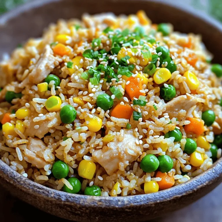 - 2 cups cooked jasmine rice (preferably day-old for best texture) - 1 cup chicken breast, diced into bite-sized pieces - 1 cup mixed vegetables (a combination of peas, carrots, and corn) - 2 large eggs, beaten until frothy - 3 tablespoons soy sauce (adjust to taste) - 1 tablespoon sesame oil (for a nutty flavor) - 2 green onions, finely chopped (white and green parts separated) - 2 cloves of garlic, minced - Salt and freshly cracked pepper to taste - 1 tablespoon vegetable oil (for frying) These ingredients create a tasty and colorful fried rice dish. Using day-old rice makes frying easier. Fresh ingredients give great flavor and texture. - Large skillet or wok - Spatula - Mixing bowl - Measuring spoons - Knife and cutting board Having the right tools helps make cooking smooth and fun. A large skillet or wok allows for even cooking and easy stirring. - Cooked shrimp or tofu for extra protein - Bell peppers or broccoli for added crunch - Chili sauce for a spicy kick - Fresh herbs like cilantro for brightness Feel free to mix in your favorite ingredients. Customization keeps the dish exciting and fresh each time you make it. For the full recipe, refer to the detailed instructions provided earlier. First, gather your chicken breast. Dice it into small, bite-sized pieces. This helps it cook evenly. Next, season the chicken with a pinch of salt and freshly cracked pepper. This will add flavor. Now, heat vegetable oil in a large skillet or wok. Use medium-high heat until the oil shimmers. Add the seasoned chicken and cook for about 5-7 minutes. Stir occasionally until the chicken turns golden brown and is fully cooked. Once done, remove the chicken and set it aside. In the same skillet, lower the heat and add minced garlic. Sauté for 30 seconds until fragrant but be careful not to burn it. Add in your mixed vegetables, like peas, carrots, and corn. Stir-fry for 2-3 minutes. The veggies should be bright and heated through. Next, push the veggies to one side of the skillet. Pour in the beaten eggs in the open space. Let them sit for a moment, then gently scramble. Mix the eggs with the vegetables. Now, add the cooked jasmine rice. Break up any clumps as you stir. Add the cooked chicken back to the skillet. Drizzle in soy sauce and sesame oil. Sprinkle in the white parts of the green onions. Stir everything together and cook for another 3-4 minutes. This lets all the flavors blend nicely. Taste your fried rice and adjust seasoning with more salt, pepper, or soy sauce if needed. Enjoy your delicious creation! You can find the full recipe [here](#). To get the best texture, use day-old rice. Fresh rice has too much moisture. When you use day-old rice, it dries out and forms separate grains. This helps create that perfect fried rice texture. You can also spread fresh rice on a tray and chill it for an hour to dry before cooking. Prepare your ingredients ahead of time. Chop the chicken and vegetables before you start cooking. This makes cooking faster and easier. You can also use frozen mixed vegetables to save time. They cook quickly and add color to your dish. Don’t overcrowd the pan. If you add too much rice or chicken at once, it will steam instead of fry. This makes your fried rice soggy. Also, avoid cooking on too low of heat. High heat helps to sear the ingredients and gives that nice flavor. Lastly, don’t forget to taste your dish before serving! Adjust the salt and soy sauce as needed to enhance the flavors. {{image_4}} You can easily make fried rice without meat. Just swap the chicken with tofu or tempeh. Use the same amount, diced small. For a vegan twist, replace the eggs with silken tofu. This creates a soft texture that works well. You can also add more veggies, like bell peppers or zucchini. They add great flavor and color. If you want to change things up, try shrimp or beef. Cook them in the same way as the chicken. You can also use leftover cooked meats. Just chop them small and add them at the end. Don’t forget to add your favorite veggies. Broccoli, snap peas, or mushrooms will bring new tastes. If you like heat, add chili paste or sriracha to your dish. Just a spoonful will spice things up. You can also mix in fresh chilies when you sauté the garlic. If you want a milder heat, try crushed red pepper flakes. They add flavor without being too hot. Enjoy experimenting with these spicy options! To store leftover chicken fried rice, let it cool first. Place it in an airtight container. Make sure the lid fits tightly to keep air out. This helps it stay fresh. Store it in the fridge for up to three days. You can also place a piece of plastic wrap over the rice before sealing the container. This extra layer helps keep moisture in. If you want to keep it longer, freezing is a great option. Divide the chicken fried rice into smaller portions. Use freezer-safe bags or containers for this. Remove as much air as you can to prevent freezer burn. Label the bags with the date. Chicken fried rice can last in the freezer for up to three months. When you are ready to eat, just thaw it in the fridge overnight. To reheat chicken fried rice, use a skillet for the best taste. Heat a little oil in the pan over medium heat. Add the rice and stir it often. This helps it heat evenly. It should take about 5-7 minutes. You can also use a microwave if you are in a hurry. Place the rice in a microwave-safe bowl. Add a splash of water to keep it moist. Cover with a lid or wrap. Heat for 2-3 minutes, stopping to stir halfway. Enjoy your meal, and don't forget to check out the Full Recipe for more delicious tips! Yes, you can make fried rice without eggs. Just skip the eggs in the recipe. Use more veggies or tofu instead. This keeps the dish tasty and filling without the eggs. Jasmine rice is the best choice for fried rice. It's soft yet slightly sticky. Day-old rice works best because it’s drier. Fresh rice may get mushy when cooked. You can store chicken fried rice in the fridge for up to three days. Make sure to keep it in an airtight container. This helps keep it fresh and safe to eat. Yes, you can use cooked or leftover chicken. This saves time and adds flavor. Just chop it into bite-sized pieces before mixing it into your fried rice. You can add soy sauce, oyster sauce, or teriyaki sauce. Each sauce adds a unique taste. Try adding a splash of sesame oil for a nutty flavor. Adjust the amount to your liking for the best results. For the full recipe, check out the details above. In this post, we've explored the key ingredients and steps for Easy Chicken Fried Rice. I shared tips to enhance texture, save time, and avoid common mistakes. We discussed fun variations and how to store your dish effectively. Remember, this dish is simple and can easily fit your tastes. Customize it the way you like. With these tips, you can create a tasty meal while enjoying your cooking journey. Now, get started and make your own fried rice masterpiece!