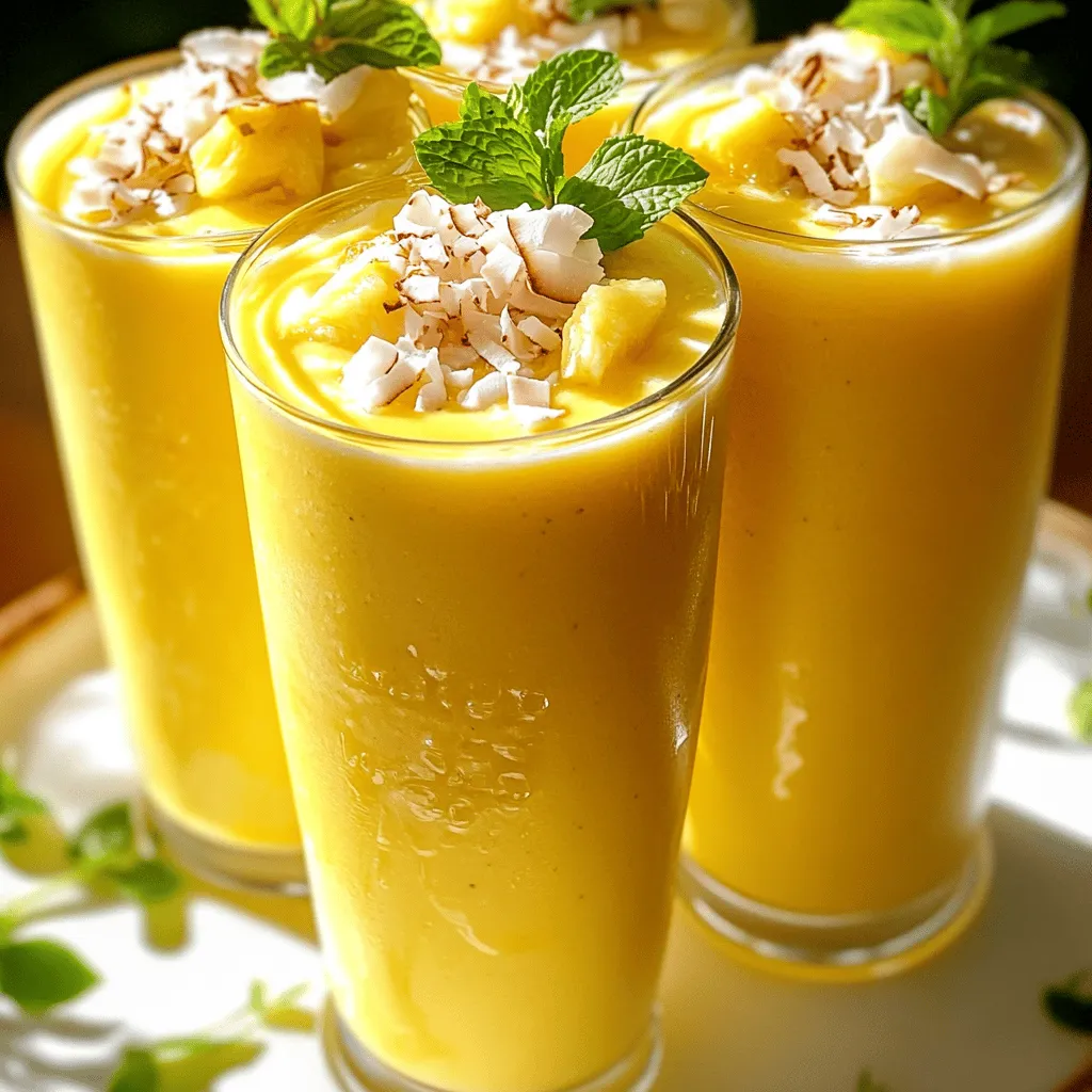 To make a delicious pineapple coconut smoothie, you need these key ingredients: - 1 cup fresh pineapple chunks, diced - 1/2 cup coconut milk (canned for extra creaminess) - 1 medium ripe banana, peeled and sliced - 1/2 cup Greek yogurt (or a dairy-free alternative like coconut yogurt) - 1 tablespoon honey or agave syrup (optional, adjust to taste) - 1/2 teaspoon pure vanilla extract - 1/2 cup ice cubes These ingredients blend to create a creamy, tropical drink that tastes like a vacation. You can add these for more taste: - Toasted coconut flakes, for garnish (optional) - Fresh mint leaves, for garnish (optional) These extras make your smoothie look pretty and add a nice touch. To prepare your smoothie, gather these tools: - High-speed blender - Measuring cups and spoons - Chopping board and knife Having the right tools makes the process easy and fun. Once you have everything, you’re ready to make your refreshing drink! For the full recipe, check out the Tropical Paradise Pineapple Coconut Smoothie. First, gather all your ingredients. You need fresh pineapple, coconut milk, banana, Greek yogurt, and honey. Choose a ripe pineapple for the best flavor. Dice the pineapple into chunks. Peel and slice the banana. Measure out the coconut milk and Greek yogurt. If you like a sweeter drink, have honey ready. Now, it’s time to blend! In a high-speed blender, add your pineapple chunks, coconut milk, banana slices, Greek yogurt, and honey. This mix will give you a rich base. Next, add ice cubes to chill the drink. Blend everything on high speed. This should take about 30 to 60 seconds. If needed, pause to scrape down the sides. Your goal is a silky smooth texture. Pour the smoothie into chilled glasses. This extra touch keeps it refreshing. For a pretty look, sprinkle toasted coconut flakes on top. You can also add mint leaves for color. Serve the smoothie right away to enjoy the fresh taste. Each sip is like a tropical vacation! For the complete recipe, check out the [Full Recipe]. Each serving of the Pineapple Coconut Smoothie has about 250 calories. This smoothie is a great snack or breakfast option. Here’s a quick look at the caloric content: - Fresh pineapple chunks: 80 calories - Coconut milk: 100 calories - Banana: 105 calories - Greek yogurt: 60 calories (or 50 for coconut yogurt) - Honey (if used): 64 calories This smoothie packs a punch with health benefits. Here are some key ingredients and their perks: - Pineapple: This fruit is rich in vitamin C. It helps boost your immune system and promotes healthy skin. - Coconut milk: It contains healthy fats that provide energy. It also helps keep you feeling full longer. - Banana: Bananas are high in potassium and fiber. They help support heart health and digestion. - Greek yogurt: This ingredient adds protein and probiotics. It supports gut health and muscle recovery. The Pineapple Coconut Smoothie can fit many diets. Here are some considerations: - Vegan: Use coconut yogurt instead of Greek yogurt. - Gluten-Free: All ingredients are naturally gluten-free. - Nut-Free: This recipe does not contain any nuts, making it safe for nut allergies. For more details, check the Full Recipe. Enjoy this tasty and healthy drink! {{image_4}} When choosing a pineapple, look for one that feels heavy for its size. The skin should be golden-yellow, not green. Press the base. It should give slightly. A sweet smell means it’s ripe. Avoid pineapples with soft spots or dark patches. They may be overripe. To get a smooth and creamy texture, use ripe fruits. Fresh pineapple and banana work best. If it’s too thick, add more coconut milk. If it’s too thin, add more Greek yogurt or ice. Blend until the mixture is fully smooth. This usually takes about 30 to 60 seconds. If you have leftover smoothie, store it in an airtight container. Keep it in the fridge for up to 24 hours. It may separate, so give it a good shake before drinking. You can also freeze it in ice cube trays. Just blend the cubes later for a quick treat. For the full recipe, check this out! You can easily make a vegan version of this smoothie. Simply replace Greek yogurt with coconut yogurt or any plant-based alternative. This keeps it creamy and delicious. Use maple syrup instead of honey for sweetness. This way, you enjoy the same tropical flavor without any dairy. To boost protein, add a scoop of your favorite protein powder. You can also blend in silken tofu for a silky texture. This protein-packed option is great after workouts. It helps with muscle recovery while keeping your smoothie tasty and filling. Want to mix it up? Try adding mango for extra sweetness. Spinach is another great option. It adds nutrients without changing the taste. You can also toss in some chia seeds for healthy fats. These add-ins create new flavors and make your smoothie even healthier. For the full recipe, check out the Tropical Paradise Pineapple Coconut Smoothie 🥥. Yes, you can make this smoothie ahead of time. Just blend all the ingredients as usual. After blending, pour the smoothie into an airtight container. Seal it well and store it in the fridge. It will stay fresh for about 24 hours. When you are ready to drink it, stir or shake it well. The smoothie may separate a bit, but that’s normal. If you don’t have coconut milk, you have options. Almond milk is a great choice. It has a light flavor and low calories. Oat milk is another good substitute. It adds creaminess without strong taste. For a richer texture, try whole milk or half-and-half. Each of these will change the flavor slightly, but they work well. To lower the calories, you can make a few simple swaps. Use light coconut milk instead of regular. This cuts calories but keeps flavor. You can skip the honey or agave syrup for sweetness. The ripe banana will add enough natural sweetness. Lastly, use a smaller portion of Greek yogurt. You can even try a low-fat version for fewer calories. This blog post covered the key ingredients for your smoothie, along with essential tools. I shared step-by-step instructions to help you blend it perfectly. You learned about the health benefits and dietary options for everyone. I also provided tips for picking great pineapples and storing leftovers. Finally, I offered variations to keep your smoothies exciting. Now, you can enjoy delicious, healthy smoothies tailored to your taste.