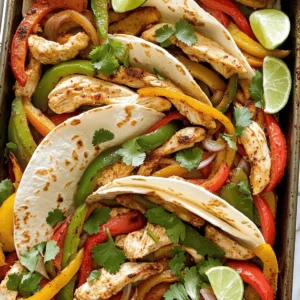 - 1 lb boneless, skinless chicken breasts - 2 bell peppers (red and green) - 1 medium yellow onion - Olive oil and spices The main ingredients are simple yet flavorful. I use boneless, skinless chicken breasts because they cook evenly. Bell peppers add color and sweetness, while the onion provides a tasty base. Olive oil helps the spices stick and adds richness. - Chili powder - Ground cumin - Garlic powder - Smoked paprika - Onion powder The seasoning blend makes this dish special. Chili powder gives a nice kick. Ground cumin adds warmth, while garlic and onion powders boost the flavor. Smoked paprika brings depth with its smoky taste. - Flour tortillas - Fresh cilantro - Lime wedges for serving To enjoy the fajitas, I use small flour tortillas that hold the filling well. Fresh cilantro adds a bright touch, and lime wedges bring a zesty finish. These extras make the meal even better. For the full recipe, check out the [Full Recipe]. - Set the oven to 425°F (220°C). - Line a sheet pan with parchment paper. - In a bowl, whisk together olive oil and spices. - Coat the chicken with the marinade well. - Add the sliced bell peppers and onion to the chicken. - Spread the mixture evenly across the sheet pan. - Bake for 20-25 minutes, stirring halfway through. This recipe makes it easy to prepare a tasty meal. You can enjoy it with warm tortillas. For the full recipe, check out the details provided earlier. To make the best sheet pan chicken fajitas, marinate the chicken longer if you can. Letting it soak in flavors for more time makes a big difference. A meat thermometer is also very handy. It helps you check if your chicken is fully cooked. Aim for 165°F (74°C) for safety. A fajita bar is a fun way to serve these. Lay out all the toppings for everyone to enjoy. Think about adding sour cream, salsa, or guacamole. To warm the tortillas, heat them in a dry skillet for about 30 seconds on each side. You can also wrap them in foil and place them in the oven for the last five minutes of cooking. Make your presentation pop with colorful toppings. Fresh avocado, diced tomatoes, and shredded cheese can make your dish look great. Don't forget to garnish with lime wedges and cilantro. These small touches bring out the flavors and make the dish more inviting. Enjoy the full recipe for more details on how to create this tasty meal! {{image_4}} You can switch the chicken for shrimp or tofu. Shrimp cooks fast and adds a nice flavor. Tofu is great for a plant-based option. If you want to use chicken, try different cuts like thighs. Thighs are juicy and full of flavor. If you want a meatless meal, replace chicken with mixed vegetables. Bell peppers, zucchini, and corn work well. Add beans for protein. Black beans or pinto beans add creaminess and taste. This keeps your meal hearty and filling. Want to spice things up? Add jalapeños for heat. They bring a nice kick that many love. You can also mix in different herbs and spices. Try oregano, cilantro, or smoked paprika for variety. Each adds unique flavors to your dish. Explore these options to find your favorite twist on this recipe! For the full recipe, check the link. After you enjoy your sheet pan chicken fajitas, store any leftovers in an airtight container. This keeps the flavors fresh. You can refrigerate them for up to 3 days. Make sure to let them cool before sealing to avoid steam buildup. To freeze the fajita mix, place it in a freezer-safe bag or container. Remove as much air as possible to prevent freezer burn. You can keep it frozen for up to 3 months. For thawing, move it to the fridge overnight. If you're in a hurry, use the microwave's defrost setting. To reheat without drying out your fajitas, use the oven. Preheat it to 350°F (175°C) and warm the fajitas in a covered dish for about 10-15 minutes. You can also use a skillet over low heat, adding a splash of water to create steam. This keeps everything juicy. Get creative with leftovers! Use them in tacos, wraps, or salads for a quick meal. You can even mix them into scrambled eggs for a tasty breakfast. For the full recipe, check it out above. Yes, you can use frozen chicken for this recipe. Just follow these guidelines: - Thawing: Always thaw the chicken before marinating. You can do this overnight in the fridge or use the microwave's defrost setting. - Cooking Time: If you skip thawing and bake from frozen, increase the cooking time by 5-10 minutes. - Check Doneness: Use a meat thermometer to ensure the chicken reaches 165°F (74°C). There are many tasty sides to pair with your fajitas. Here are some great options: - Rice: Cilantro lime rice adds a fresh touch. - Beans: Black beans or refried beans are both hearty and flavorful. - Salad: A simple green salad with lime vinaigrette complements the fajitas well. - Chips and Salsa: Serve with tortilla chips and your favorite salsa for a crunchy side. Want extra heat? Here are some tips to spice up your fajitas: - Add Jalapeños: Sliced fresh jalapeños can give a nice kick. - Use Hot Sauce: Drizzle your favorite hot sauce over the fajitas before serving. - Increase Spice Mix: Add more chili powder or a pinch of cayenne pepper to the marinade for more heat. For the complete recipe, check the Full Recipe section. In this blog post, we covered a tasty sheet pan chicken fajitas recipe. You learned about the key ingredients and how to prepare them. I shared tips to make your fajitas perfect, including variations for different diets. Storing leftovers and reheating them properly helps reduce waste. Remember, these fajitas are easy to customize and fun to serve. Enjoy making them with family or friends, and let your creativity shine. Your next meal can be delicious and simple!