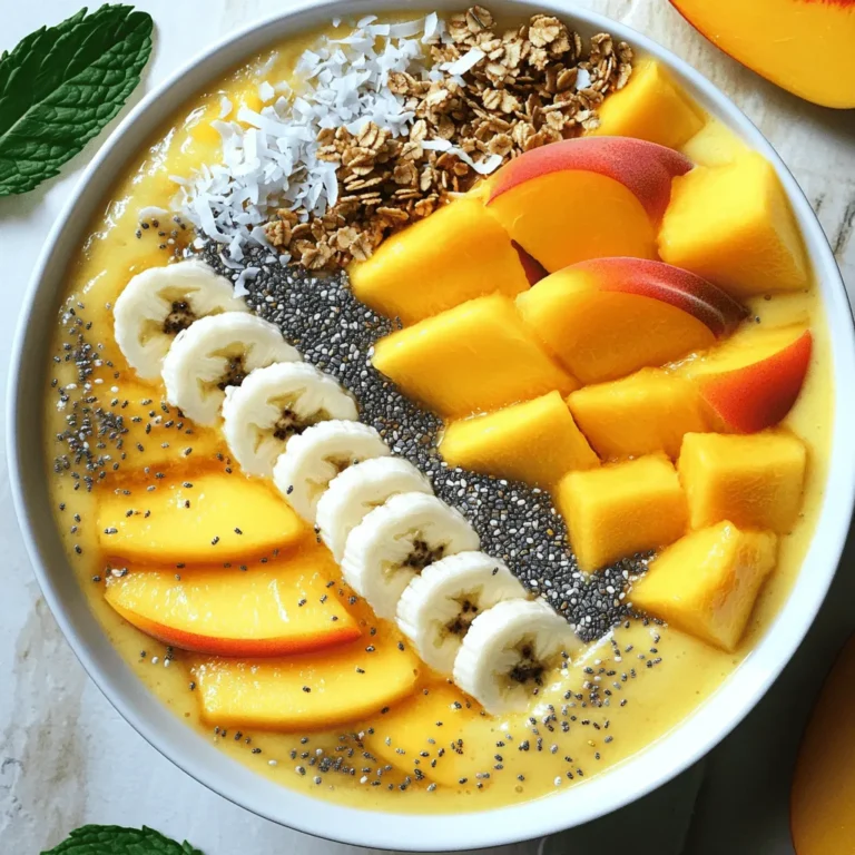 - 2 ripe peaches, pitted and chopped - 1 ripe mango, peeled and diced - 1 ripe banana, sliced - 1/2 cup creamy Greek yogurt - 1/2 cup coconut milk (or any milk of your preference) - 1 tablespoon honey or maple syrup - Fresh slices of peach, mango, and banana - A sprinkle of granola, chia seeds, and shredded coconut The key to a great smoothie bowl is using fresh, ripe fruits. I love how ripe peaches add sweetness, while mango brings a tropical flair. Bananas help create a smooth texture and a hint of creaminess. Greek yogurt provides protein and makes the bowl creamy. You can also use coconut milk for a dairy-free option. If you want a bit of sweetness, adding honey or maple syrup is a perfect choice. Toppings are where you can get creative! Fresh slices of peach or mango will look beautiful. Granola adds crunch, while chia seeds and shredded coconut enhance the flavor and texture. You can find the full recipe for more details on how to make this bowl perfect. First, gather all your ingredients and equipment. You will need a high-speed blender, a bowl, and a few utensils. Here’s what to prepare for your peach mango smoothie bowl: - 2 ripe peaches, pitted and chopped into small pieces - 1 ripe mango, peeled and diced into cubes - 1 ripe banana, sliced into rounds - 1/2 cup creamy Greek yogurt - 1/2 cup coconut milk (or any milk of your preference) - 1 tablespoon honey or maple syrup (optional for sweetness) Next, take your fruits and chop them into manageable pieces. This helps your blender do its job well. Place the chopped peaches, diced mango, and sliced banana in a bowl. Now, it’s time to blend! Put all the prepared fruits into your high-speed blender. Add the Greek yogurt and coconut milk. Blend on high speed until the mixture is completely smooth and creamy. If you like it sweeter, add honey or maple syrup. Blend briefly again to mix it in. Once your smoothie is smooth, carefully pour it into a wide bowl. This creates a lovely base for your toppings. Take your time to arrange the sliced fresh fruits, granola, chia seeds, and shredded coconut on top. Make it look nice by alternating colors and textures. For the final touch, garnish with fresh mint leaves. This adds a pop of color and a fresh aroma. Enjoy your delicious smoothie bowl right away! To get a creamy smoothie bowl, use frozen fruits like peaches and mangoes. This helps thicken the mixture without adding ice. Blend the fruits with yogurt and coconut milk until smooth. If it’s too thick, add a little more milk. Common blending mistakes include over-blending or under-blending. If you blend too long, your smoothie can turn runny. If you don’t blend enough, you’ll have chunks. Stop blending when you reach a smooth, velvety texture. You can change up the fruits in this recipe. Try adding strawberries or blueberries for a different taste. You can also mix in spinach for extra nutrients without changing the flavor much. For sweetness, taste your smoothie before serving. If you want it sweeter, drizzle in some honey or maple syrup. Start with a little and add more as needed. Serving your smoothie bowl creatively makes it even more fun. Pour the smoothie into a wide bowl to create a nice base. Use fresh slices of peach and mango on top for color. You can also sprinkle granola or chia seeds to add crunch. For a special touch, use edible flowers or fresh herbs like mint for decoration. These not only look pretty but also add extra flavor. {{image_4}} You can add a fun twist to your Peach Mango Smoothie Bowl. Try mixing in pineapple or coconut. Both fruits bring a sweet and tangy flavor. They also add a tropical vibe that brightens your bowl. You might want to experiment with other tropical fruits too. Kiwi, passionfruit, or even papaya can change the taste. Each fruit adds its own charm. Don’t be afraid to mix and match! Want to make your smoothie bowl even better? Incorporate superfoods like spinach or protein powder. Spinach adds nutrients without changing the flavor much. Protein powder gives an extra boost, keeping you full longer. You can also try peanut butter or nut milk as alternatives. Peanut butter adds creaminess and a rich taste. Nut milk can keep your bowl light and refreshing. Adjust your recipe based on the season. Use fruits that are in season for the best taste. In summer, fresh berries are perfect. In winter, use frozen fruits for a colder bowl. Frozen fruits can also create a thicker texture. They are great when you want a chill treat. Just remember, fresh or frozen, each option can make your bowl delicious. For the full recipe, check the section above. To keep your smoothie bowl fresh, cover it tightly. Use a glass or plastic container with a lid. Store it in the fridge for up to two days. If you need it to last longer, freeze the smoothie. Pour it into an airtight container or freezer bag. Make sure to leave some space for expansion. This way, your delicious mix stays yummy! Smoothie bowls are best served cold, so reheating is not recommended. If you have leftovers, turn them into smoothies. Just blend the leftover bowl with a bit more liquid, like juice or milk. You can also use it as a base for a dessert. Pour it into popsicle molds for a fruity frozen treat. This way, nothing goes to waste, and you enjoy a tasty twist! To make your smoothie bowl thicker, use less liquid. You can add more fruits like bananas or avocados. Frozen fruits also help. Blend until smooth but don't overdo it. This keeps the mixture thick and creamy. You want a nice base for your toppings. Yes, you can prepare it in advance! Store the smoothie mix in an airtight container. Keep it in the fridge for up to two days. When you are ready to eat, just stir it up. Add your toppings fresh for the best taste. If you want a dairy-free option, try coconut yogurt or almond yogurt. Silken tofu can also work well. These alternatives still give a creamy texture. You can also use a banana for added creaminess. Yes, smoothie bowls can be very healthy. They are packed with vitamins, fiber, and good fats. The fruits provide natural sugars, while yogurt adds protein. Toppings like granola and chia seeds add extra nutrients. This recipe is a great way to start your day or refresh after a workout. Absolutely! Using frozen fruits can make your smoothie bowl extra cold and thick. It can change the taste slightly, but it will still be delicious. Just remember to blend well to combine everything smoothly. You might not need to add ice with frozen fruit. In this post, we explored how to make a delicious smoothie bowl. We covered essential ingredients like fresh fruits, yogurt, and optional toppings. I shared step-by-step instructions for preparation and blending. You learned tips for texture and customization, plus variations for any season. Finally, I provided storage advice for leftovers. Smoothie bowls are not only tasty; they're also fun to make. Enjoy experimenting with your own twists!