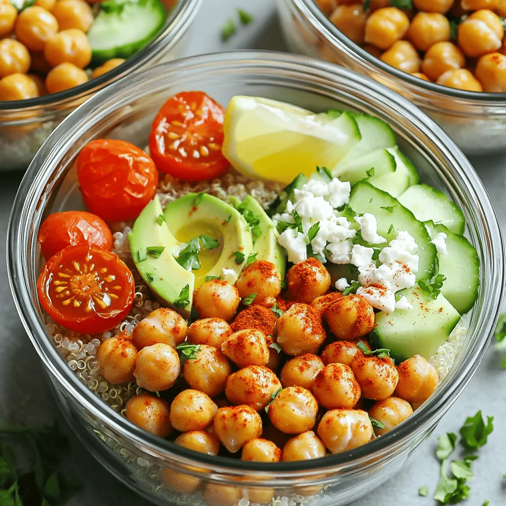 - 1 can chickpeas (15 oz), drained and rinsed - Extra virgin olive oil and spices for seasoning - Cooked quinoa or brown rice as a base Crispy Chickpea Power Bowls start with hearty chickpeas. These little gems pack protein and fiber. When roasted, they become crunchy and full of flavor. Use extra virgin olive oil to help them crisp up and add great taste. Add spices like smoked paprika and garlic powder for a delicious kick. You can serve them over cooked quinoa or brown rice. Both options provide a great base for your meal. - Cherry tomatoes, cucumber, avocado - Fresh parsley for garnish Fresh produce brings life to your power bowl. Cherry tomatoes add sweetness. Diced cucumber gives crunch. Sliced avocado adds creaminess that balances the dish. Don’t forget to sprinkle fresh parsley on top. It adds color and a bright flavor that enhances the whole meal. - Feta cheese for added flavor - Tahini sauce for drizzling For extra taste, consider adding feta cheese. It gives a salty punch. Tahini sauce is another great option. Drizzle it on top for a rich and nutty flavor. Both add more layers to your Crispy Chickpea Power Bowls. Feel free to mix and match to suit your taste. For the complete list of ingredients and instructions, check the Full Recipe. First, set your oven to 425°F (220°C). This step ensures your chickpeas get crispy. Next, prepare a baking sheet by lining it with parchment paper. This helps prevent sticking. In a mixing bowl, combine the drained chickpeas with two tablespoons of extra virgin olive oil. Add in one teaspoon of smoked paprika, garlic powder, and ground cumin. Don’t forget to sprinkle in some sea salt and black pepper. Toss everything well to coat the chickpeas evenly. This step is key for that perfect crispiness. Now, spread the seasoned chickpeas on the prepared baking sheet in a single layer. Bake them in the preheated oven for 25-30 minutes. Be sure to shake the pan halfway through roasting. This helps them cook evenly. You want them golden brown and crispy for the best taste. After roasting, you can follow the rest of the recipe to assemble your delicious power bowls. Check out the Full Recipe for all the tasty details! To get the best crispy chickpeas, start with dry chickpeas. They give a better crunch than canned ones. If you use canned chickpeas, make sure to drain and rinse them well. Next, avoid overcrowding the baking sheet. If you place too many chickpeas together, they will steam instead of crisp up. Use enough space between them for even roasting. Layer your ingredients to make the power bowls look great. Start with a base of quinoa or brown rice. Then, add the crispy chickpeas on top. Follow with halved cherry tomatoes, diced cucumber, and avocado slices. This order makes the colors and textures pop. Drizzle the tahini sauce just before serving. This keeps it fresh and creamy, enhancing the flavors. For a beautiful display, use clear glass bowls. These let you see the vibrant colors of your ingredients. It's a feast for the eyes! Don’t forget to include lemon wedges on the side. They add a bright touch and a zesty flavor that pairs well with the dish. {{image_4}} You can switch the quinoa for different grains. Try brown rice, couscous, or farro. Each base adds its own taste and texture. If you want a lighter meal, use mixed greens. They bring freshness and crunch to your bowl. Want more protein? Add grilled chicken or tofu. Both options cook quickly and taste great. You can also swap chickpeas with another legume, like black beans. They provide a hearty feel and pair well with other flavors. Elevate your dish with roasted vegetables. Carrots, bell peppers, or sweet potatoes work well. You can also add a spicy dressing for some heat. Fresh herbs like cilantro or mint can change the taste. They bring brightness and freshness to each bite. To keep your crispy chickpea power bowls fresh, refrigerate them in airtight containers. You can store them for up to 3 days. For the best taste, keep the crispy chickpeas separate from other ingredients. This way, they stay crunchy and delicious. When you want to enjoy leftovers, re-crisp the chickpeas in the oven. Set your oven to 400°F (200°C) and spread the chickpeas on a baking sheet. Bake for about 5-10 minutes. This method keeps them crispy. I recommend avoiding the microwave. Microwaving can make them soft and chewy. If you want to save some for later, you can freeze cooked quinoa or grains. They freeze well and are perfect for future meals. You can also freeze chickpeas, but they may lose their crispiness. It’s best to enjoy them fresh for the best texture. All ingredients listed are naturally vegan. You can enjoy this meal without any animal products. The chickpeas, quinoa, and fresh veggies all provide great flavors and nutrients. Yes, but remember to soak and cook them first. Dried chickpeas need time to soften. Soaking them overnight can help. Then, cook them until they are tender before seasoning. Try using almond butter or a yogurt dressing. Both options add creaminess to the bowl. Each will give a unique flavor twist while keeping it delicious. This blog post explored how to make delicious Crispy Chickpea Power Bowls. You learned about the key ingredients, like chickpeas, quinoa, and fresh veggies. I shared step-by-step instructions, tips for perfect crispiness, and creative variations for extra flavor. In conclusion, enjoy these bowls as a healthy meal or snack. They are easy to customize and full of taste. With simple steps and options, you can create your own version and impress your friends!