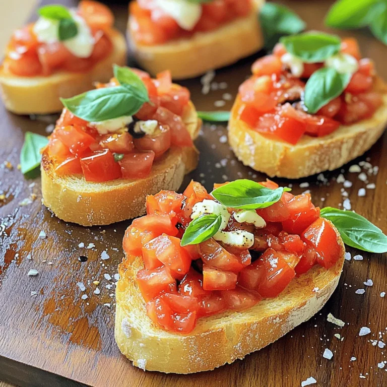 - 4 ripe tomatoes, finely diced - 1 cup fresh basil leaves, roughly chopped - 2 cloves garlic, finely minced - 1 tablespoon balsamic vinegar - 3 tablespoons extra-virgin olive oil - Salt and freshly ground pepper, to taste - 1 French baguette or ciabatta loaf, sliced into 1/2-inch pieces - Optional: Fresh mozzarella cheese, diced into small cubes To create my fresh tomato basil bruschetta, I focus on using the best ingredients. Ripe tomatoes bring sweetness and color. Fresh basil adds a fragrant, vibrant touch. Garlic gives a nice kick, while balsamic vinegar adds depth. The richness of extra-virgin olive oil ties it all together. I also love to include a crusty baguette or ciabatta. Toasting these slices gives a perfect crunch. You can even add fresh mozzarella for a creamy finish. Each ingredient plays a role in making this dish special. - Medium mixing bowl - Baking sheet - Oven You will need a few simple tools to make this recipe easy. A medium mixing bowl helps combine all the fresh ingredients. A baking sheet is great for toasting the bread evenly. Finally, your oven preheats to create that perfect crunch. When you gather all these items, you set the stage for a delightful appetizer that everyone will enjoy. Don't forget to check out the full recipe for more details! First, take your ripe tomatoes and finely dice them. Next, chop your fresh basil leaves and mince the garlic. In a medium bowl, combine the diced tomatoes, basil, garlic, balsamic vinegar, and olive oil. Stir gently to mix everything well. Now, add salt and pepper to taste. Let the mixture sit for about 15 minutes. This resting time allows the flavors to blend beautifully. Before you toast the bread, preheat your oven to 400°F (200°C). While it heats up, arrange your sliced baguette or ciabatta on a baking sheet in a single layer. Drizzle a bit of olive oil over each slice. This adds flavor and helps it toast nicely. Now, place the baking sheet in the oven. Toast for 5 to 7 minutes until the bread is golden and crispy. Keep an eye on it to avoid burning! Once your bread is toasted, take it out and let it cool for a minute. Spoon the tasty tomato mixture onto each slice. Make sure to add some of the juices; they are full of flavor! If you want a creamy touch, sprinkle some diced fresh mozzarella on top. Serve the bruschetta right away for the best taste. Enjoy this delightful appetizer! For the full recipe, check out the earlier section. - Use ripe, seasonal tomatoes for optimal flavor. They taste sweeter and juicier. - Allow the tomato mixture to rest for at least 15 minutes. This helps the flavors blend well. - Serve on a wooden board or chic platter. This adds a rustic touch. - Garnish with whole basil leaves for presentation. It makes the dish look vibrant and fresh. - Over-toasting the bread can make it too hard. Aim for a light golden color. - Skipping the resting period for the tomato mixture means missing out on great flavor. Give it time to shine. For the full recipe, check out the detailed instructions above. Enjoy your cooking! {{image_4}} You can add different cheeses to your bruschetta. Burrata gives a creamy taste. Feta adds a salty touch. Both options change the flavor and make it unique. You can try them to see which one you like best. Want to make your bruschetta even better? Add some red onion. It brings a nice crunch and a sweet taste. You can also drizzle balsamic reduction on top. This adds depth and a hint of sweetness. These simple changes can elevate your dish. If you need gluten-free options, don't worry! You can use gluten-free bread instead. Look for a good brand that toasts well. This way, everyone can enjoy this tasty appetizer. You won't lose any flavor by switching the bread. To keep your bruschetta fresh, refrigerate the tomato mixture. Use an airtight container to prevent air from getting in. This helps keep the flavors intact. If you have leftover bread, toast it separately. Storing the tomato mix and bread apart keeps everything fresh. You can freeze the tomato mixture if you want to save it for later. First, place it in a freezer-safe container. Leave some space at the top, as the mixture may expand. When ready to use, thaw it in the fridge overnight. This way, it keeps a nice texture. The tomato mixture lasts about 3 days in the fridge. The bread stays good for 1 to 2 days if stored well. Always check for any signs of spoilage before eating. Keeping your ingredients fresh ensures you enjoy your bruschetta to the fullest. The best tomatoes for bruschetta are ripe and juicy. I recommend using Roma tomatoes. They have fewer seeds and a thicker flesh, which makes them ideal for this dish. You can also use heirloom tomatoes. They offer unique flavors and colors. For the best taste, choose tomatoes that are in season. Freshness matters! Bruschetta is best enjoyed fresh. However, you can prep some parts ahead. Make the tomato mixture a few hours before serving. Just keep it in the fridge. Let it sit at room temperature for about 15 minutes before serving. This helps the flavors blend. Toast the bread right before serving. This will keep it crispy and warm. To make bruschetta vegan, skip the mozzarella cheese. Instead, try adding avocado or a sprinkle of nutritional yeast. These options give a creamy texture without dairy. You can also add more herbs for flavor. Consider using vegan-friendly bread to keep the whole dish plant-based. Enjoy your tasty, fresh appetizer! Bruschetta is a simple and tasty dish that anyone can make. You need ripe tomatoes, fresh basil, garlic, and a few other key ingredients. Remember to let your tomato mix sit for the best flavor. Whether you add mozzarella or other cheeses, the taste will shine. Avoid common mistakes like over-toasting the bread, and treat your guests to this dish on a stylish platter. With these tips, your bruschetta will impress. Enjoy creating and sharing this delightful offering!