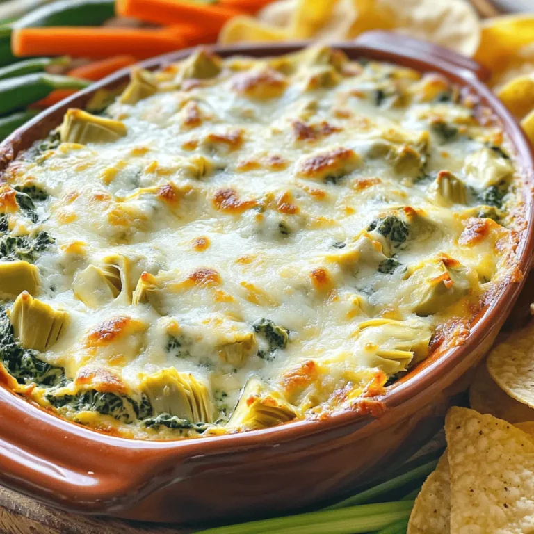 To make this tasty spinach artichoke dip, gather these key ingredients: - 1 cup fresh spinach, finely chopped - 1 cup canned artichoke hearts, drained and coarsely chopped - 1 cup cream cheese, softened at room temperature - ½ cup sour cream - ½ cup mayonnaise - 1 cup shredded mozzarella cheese, divided - ¼ cup grated Parmesan cheese, divided - 2 cloves garlic, minced - 1 teaspoon onion powder - 1 teaspoon fresh lemon juice - Salt and pepper to taste You can enhance the flavor of your dip with these optional add-ins: - Chopped jalapeños for heat - Sun-dried tomatoes for sweetness - Crumbled feta cheese for a tangy twist - Fresh herbs like dill or basil for added freshness For the best results, I suggest using these trusted brands: - Philadelphia for cream cheese - Daisy for sour cream - Hellmann’s for mayonnaise - Kraft for shredded mozzarella cheese - Grana Padano for grated Parmesan cheese These ingredients create a creamy, savory dip that everyone loves. Check out the Full Recipe for more details on how to make this delicious dish! Start by gathering all your ingredients. It takes about 15 minutes to prep. Preheat your oven to 350°F (175°C) while you mix. This helps your dip bake evenly. 1. Mix the Base: In a large bowl, combine the cream cheese, sour cream, and mayonnaise. Use a spatula or mixer to blend until smooth. 2. Add Vegetables: Stir in the chopped spinach and artichoke hearts. Mix in the garlic, onion powder, lemon juice, and half of the mozzarella and Parmesan cheese. 3. Season: Add salt and pepper to taste. This step helps bring out the flavors. 4. Transfer to Dish: Pour the mixture into a greased baking dish. Spread it evenly with your spatula. 5. Top with Cheese: Sprinkle the remaining mozzarella and Parmesan on top. This creates a nice, cheesy crust as it bakes. 6. Bake: Place the dish in the oven. Bake for 25-30 minutes. Look for a bubbly dip with a golden top. 7. Cool and Serve: Take it out of the oven and let it cool for a few minutes. This helps the dip set before you serve it. - Use a clear glass dish to watch the dip bubble as it cooks. - For the best texture, blend the base until it’s creamy with no lumps. - Ensure you chop the spinach and artichokes finely for even mixing. - Keep an eye on the dip as it bakes to avoid burning. Following these detailed steps will help you create a savory spinach artichoke dip that is irresistibly creamy. Enjoy the process, and remember, practice makes perfect! For the complete recipe, refer to the Full Recipe. You want your dip to be smooth and rich. Start with softened cream cheese. This helps mix well. You can also add more sour cream or mayonnaise. Both make the dip creamier. If you want to try something different, add a splash of heavy cream. It will make your dip extra lush. For the best blend, use an electric mixer. Mix on low first to avoid splatter. Once it’s combined, increase to medium speed. This makes everything smooth. Using a spatula, scrape the bowl often. This helps mix well. If you don’t have a mixer, a sturdy spoon works too. Just be patient and mix until creamy. Serve your spinach artichoke dip hot for the best taste. Once it comes out of the oven, let it cool for about five minutes. This helps the flavors settle. If it’s too hot, the dip can lose its creamy feel. You can keep it warm in a slow cooker if you want to serve it later. Just remember to stir it every so often. For the best experience, serve with crunchy chips or fresh veggies. {{image_4}} You can switch up the cheeses in your spinach artichoke dip. Instead of just mozzarella and Parmesan, try using cheddar or gouda. They add great flavor and richness. You can even mix in cream cheese or ricotta for a creamier texture. If you like a bit of zing, use pepper jack cheese. The spice will make your dip exciting and tasty. Adding spices can really elevate your dip. You can try garlic powder or crushed red pepper for a kick. Fresh herbs like basil or dill can brighten the flavor. A hint of nutmeg adds warmth and depth. You can also use lemon zest for a fresh twist. Experiment with different spices and herbs to find your favorite blend. If you want a lighter dip, there are easy swaps. Use Greek yogurt instead of sour cream or mayonnaise. This keeps it creamy but cuts down on fat. You can also use low-fat cream cheese or cottage cheese for a healthier base. For a veggie boost, add chopped bell peppers or mushrooms. These changes keep the dip tasty while making it more nutritious. To see the full recipe and learn more about making it, check out the Full Recipe. To keep your spinach artichoke dip fresh, store it in an airtight container. Allow the dip to cool to room temperature before sealing. This helps prevent moisture from forming inside. Place the container in your fridge. It will stay good for about three to four days. When you want to enjoy leftovers, reheat the dip in the oven. Preheat your oven to 350°F (175°C). Transfer the dip to an oven-safe dish. Cover it with foil to keep it moist. Bake for 15-20 minutes or until heated through. You can also use a microwave. Heat it in short bursts, stirring in between, until warm. If you want to save some for later, freezing works well. Prepare the dip as usual but skip the baking step. Place the cool dip in a freezer-safe container. Seal it tightly to avoid freezer burn. It can last up to three months in the freezer. When ready to eat, thaw it in the fridge overnight, then bake it as per the Full Recipe instructions. You can serve this dip with many tasty options. Here are some ideas: - Tortilla chips - Sliced baguette - Veggie sticks like carrots and celery - Pita chips - Crackers These dippers complement the dip's creamy texture and rich flavor. Try mixing and matching to find your favorite combo! You can store leftovers in the fridge for 3 to 4 days. Just place the dip in an airtight container. Make sure to let it cool before sealing it up. This way, it stays fresh. Yes, you can prepare this dip ahead of time! Mix all the ingredients and place them in a baking dish. Cover it tightly with plastic wrap or foil. Keep it in the fridge for up to 2 days before baking. Just remember to remove it from the fridge before baking, so it warms up a bit. Yes, you can use frozen spinach! Just thaw it and drain it well before adding it to the mix. Squeeze out any extra water to keep the dip creamy. Yes, this dip is gluten-free! Just make sure to serve it with gluten-free dippers, like veggie sticks or gluten-free chips. Absolutely! You can add a pinch of cayenne pepper or red pepper flakes for heat. You can also mix in some chopped jalapeños for a spicy twist. You learned about the main ingredients, step-by-step baking, and helpful tips. I shared how to enhance flavor and texture. We covered storage practices and answered common questions. Now, you have all you need to make great spinach artichoke dip. Try the recommended brands and variations to find your favorite. Enjoy sharing this tasty dish with friends and family!