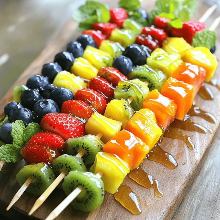 Rainbow fruit skewers are a fun and healthy treat. They are colorful, easy to make, and perfect for parties. This recipe takes only 15 minutes. You will enjoy the bright flavors and vibrant colors of the fruits. Use the following ingredients to create your own delicious skewers. - 1 cup strawberries, hulled and halved - 1 cup mango, diced into bite-sized pieces - 1 cup kiwi, peeled and sliced into rounds - 1 cup blueberries, rinsed - 1 cup pineapple, diced - 1 cup grapes (choose either red or green for variety) - 2 tablespoons honey or agave syrup (for a vegan option) - 1 tablespoon fresh lime juice - Optional: fresh mint leaves for a vibrant garnish To make rainbow fruit skewers, you need a few simple tools: - Wooden or metal skewers - A cutting board - A sharp knife - Mixing bowl for the honey-lime drizzle - Measuring spoons - A small whisk or fork for mixing With these ingredients and tools, you are ready to create your rainbow fruit skewers! Start by washing all your fruits well. Use cool, running water to clean them. For strawberries, remove the green tops and cut them in half. Dice your mango and pineapple into small pieces. Slice the kiwi into even rounds. Rinse the blueberries and stem the grapes. Having all fruit ready makes skewering easy. To make the honey-lime drizzle, grab a small bowl. Add two tablespoons of honey or agave syrup to the bowl. Squeeze fresh lime juice into the bowl, about one tablespoon. Mix them well until they blend together. This drizzle will add a sweet and tangy kick to your fruit skewers. Now it’s time to assemble your skewers. Take a skewer and start with a strawberry. Next, add a piece of mango, then a kiwi slice. Follow with a few blueberries, a piece of pineapple, and finish with grapes. Aim for a colorful mix as you layer the fruits. Keep your skewers filled with 4 to 6 pieces each. Have fun with different patterns and combinations! Once finished, drizzle the honey-lime mixture over the skewers. This will give them a sweet touch that pairs well with the fruits. You can even add a mint leaf on top for extra flair. Enjoy your rainbow fruit skewers right away or chill them for a refreshing treat. You can find the Full Recipe in this article for more details! To make your rainbow fruit skewers pop, focus on color and order. Use a mix of bright fruits. Start with red strawberries, then orange mango, followed by green kiwi. Add blue blueberries, yellow pineapple, and finish with grapes. This pattern creates a vibrant display. Consider using long wooden skewers for a dramatic look. If you want smaller bites, choose shorter skewers. You can also make mini versions with toothpicks. Add a fresh mint leaf on top for a touch of green. This not only looks great but adds freshness. Store your skewers in an airtight container. Place parchment paper between layers to prevent sticking. This keeps them fresh and tasty. If you prepare them in advance, refrigerate for up to 24 hours. Serve them cold for a refreshing treat. They are great for parties or picnics. You can also lay them out on a colorful platter for guests. This makes for an eye-catching centerpiece. For a flavor boost, try adding a sprinkle of cinnamon or a dash of chili powder. This adds a fun twist to your skewers. You can also drizzle them with yogurt for a creamy touch. If you want a vegan option, use agave syrup instead of honey. This keeps the dish sweet while catering to different diets. Don’t forget to check out the Full Recipe for more ideas on enhancing your skewers! {{image_4}} You can mix and match fruits for fun flavors. Try adding apples for crunch. Peaches or plums can bring a sweet touch. If you like a tart twist, add raspberries or blackberries. The key is to keep your colors bright and varied. This makes your skewers not only tasty but also beautiful! Using seasonal fruits makes your skewers fresh and vibrant. In spring and summer, strawberries and peaches shine. Fall brings apples and pears into play. Winter is the time for citrus fruits like oranges and grapefruits. By changing fruits with the seasons, you can enjoy different tastes all year round. These skewers can fit many diets. They are naturally vegan and gluten-free. For a nut-free option, skip any nut toppings. If you want added protein, you can include yogurt or cheese. Just remember to check for allergies when serving to others! For the full recipe, refer back to the main article. Each fruit in rainbow fruit skewers brings unique health benefits. - Strawberries are rich in vitamin C. They help boost your immune system. - Mangoes provide vitamin A, good for your eyes and skin. - Kiwis are high in fiber, aiding digestion and keeping you full. - Blueberries contain antioxidants, which protect your cells from damage. - Pineapples offer bromelain, which may reduce inflammation. - Grapes are hydrating and can improve heart health. Rainbow fruit skewers are a great low-calorie snack. Each fruit is naturally sweet yet low in calories. - A skewer can have around 50-100 calories, depending on the fruits used. - They satisfy your sweet tooth without added sugars or fats. - You can enjoy them guilt-free any time of the day. These skewers help increase your daily intake of vitamins and minerals. - Eating a variety of fruits ensures you get a broad range of nutrients. - This mix can enhance your energy levels and overall well-being. - Enjoying rainbow fruit skewers helps meet your recommended daily servings of fruit. Rainbow fruit skewers are not just fun to make; they also pack a nutritional punch. For the full recipe, check out the instructions above. Yes, you can use frozen fruits, but they may be mushy. Frozen fruits lose their texture when thawed. If you want to use them, pick fruits that hold up well, like blueberries. Thaw them in the fridge for a few hours. This keeps them cold without making them too soft. You can prepare fruit skewers up to a day in advance. Store them in the fridge, covered with plastic wrap or in a sealed container. This helps keep them fresh. If you add the honey-lime drizzle, do it just before serving. This way, the fruits stay bright and tasty. The best way to keep fruit fresh is to store it cold. Refrigerate your skewers in an airtight container. You can also sprinkle a little lemon juice over the fruits. This helps slow down browning. Avoid washing fruits until you're ready to use them, as moisture can cause spoilage. For a fun and colorful treat, try making these rainbow fruit skewers from the full recipe. Enjoy the burst of flavors! This blog post covered how to make delicious fruit skewers. We discussed the key ingredients, tools, and step-by-step instructions. Tips for presentation, storing, and enhancing flavors make your skewers shine. We also explored fun variations and the health benefits of fruits. In summary, these skewers can fit any occasion and diet. Get creative with fruit and enjoy a simple, tasty treat!