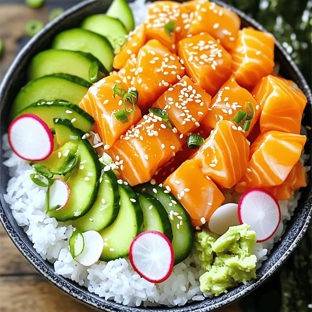 - 2 cups cooked sushi rice - 1 lb fresh salmon fillet, skin removed - 2 tablespoons soy sauce The base of this bowl is sushi rice, soft and sticky. It holds everything together. The salmon adds a rich flavor and texture. When you marinate the salmon, it soaks up the soy sauce. This makes each bite tasty. - 1 tablespoon sesame oil - 1 ripe avocado, sliced - 1 cucumber, julienned Sesame oil adds a nutty hint. Avocado gives creaminess, which balances the dish. Cucumber brings a crisp feel and freshness. Together, they enhance the bowl's taste and texture. - 1/4 cup radishes, thinly sliced - 2 green onions, finely chopped - 1 tablespoon sesame seeds - 1 teaspoon sriracha (optional) Radishes add a peppery crunch. Green onions give a bright flavor. Sesame seeds bring a lovely nutty touch. If you like heat, add sriracha for a spicy kick. These garnishes give your bowl a fun pop! For the full recipe, check out the detailed instructions. Enjoy crafting your viral TikTok salmon rice bowl! To start, cut the salmon fillet into bite-sized cubes. This will help it cook evenly and mix well with the rice. Place the cubes in a medium bowl. Next, pour in the soy sauce and sesame oil. If you like a bit of heat, add sriracha. Gently toss the salmon cubes to coat them in the marinade. Let it sit for about 10 minutes. This step allows the flavors to blend and makes the salmon taste great. Grab two serving bowls and create a base with the cooked sushi rice. Use about one cup per bowl. If you want to add some extra flavor, drizzle a small amount of rice vinegar over the rice. Stir it gently to mix. This adds a nice tang that brightens the dish. Now, take the marinated salmon cubes and distribute them evenly on top of the sushi rice. The salmon should create a colorful layer. Next, artfully arrange the avocado slices, julienned cucumber, and thinly sliced radishes on top. You can make a lovely design by placing them in circles or by scattering them for a fun look. For the final touch, sprinkle sesame seeds and the finely chopped green onions on top of your bowl. This adds a nice crunch and flavor. To make it pop, add seaweed strips around the edge of the bowl. It gives your dish a beautiful presentation. Now you have a stunning Viral TikTok Salmon Rice Bowl ready to enjoy! Check out the Full Recipe for a detailed guide. To make your bowl shine, start with high-quality, sushi-grade salmon. This fish must be fresh and safe to eat raw. Look for a bright color and a firm texture. When marinating the salmon, mix soy sauce, sesame oil, and sriracha for a bit of heat. Let the salmon sit in the marinade for about 10 minutes. This helps the flavors soak in and makes each bite delicious. Cooking sushi rice can be tricky, but here are some tips. Rinse the rice under cold water until the water runs clear. This removes excess starch and keeps the rice from getting too sticky. Use a rice cooker or a pot with a tight lid for the best results. Once cooked, let the rice cool slightly before using. You can drizzle a little rice vinegar over it to add flavor. To make your salmon rice bowl Instagram-worthy, think about colors and shapes. Start with a generous scoop of rice as your base. Then, arrange the salmon in a nice pattern on top. Add vibrant green avocado slices, crisp cucumber, and bright radishes for a colorful look. Use sesame seeds and green onions as a final touch. Place seaweed strips around the edge for a pop of color and crunch. Serve the dish right away so it looks fresh and inviting. {{image_4}} You can mix it up with different proteins. Instead of salmon, try fresh tuna, tofu, or shrimp. Each offers its own unique flavor and texture. If you want a vegan option, use marinated veggies. Think about using grilled zucchini or mushrooms for extra taste. Changing up the sauces opens many doors. Instead of soy sauce, try teriyaki or ponzu for a new twist. You can also add fresh fruits, like mango or pineapple. These bring a sweet contrast to the savory bowl. Other veggies, like bell peppers or carrots, add crunch and color. Using seasonal produce makes the dish fresh and exciting. In summer, add ripe tomatoes or fresh herbs. In fall, consider roasted squash or kale. These ingredients keep the bowl interesting. You can also adjust based on what you find at the market. This way, you create a new version every time. For the full recipe, check the section above. To store leftover rice and salmon, place them in separate airtight containers. This keeps the rice from getting soggy. Let the food cool before sealing. Store them in the fridge for up to three days. If you meal prep, keep the fresh ingredients, like avocado and cucumber, separate. They taste best when added just before eating. To reheat sushi rice, add a splash of water. Cover it with a damp paper towel. Microwave for about 30 seconds, checking to ensure it stays moist. For salmon, use the stovetop for the best texture. Heat a non-stick pan over low heat. Gently warm the salmon for a few minutes until it's just heated through. Cooked sushi rice lasts about four to six days in the fridge. Salmon should be eaten within two days for the best flavor and safety. Garnishes like radishes and green onions stay fresh for about three to five days. Keep them in a sealed bag to crisp them up. For more tips, check out the Full Recipe. The TikTok Salmon Rice Bowl took off on social media in 2020. Creators shared quick videos of this tasty dish, making it a viral hit. The bright colors and fresh ingredients caught many eyes. Users loved how easy it was to make at home. Soon, it spread like wildfire. TikTok users started adding their own spins, making it even more popular. Now, you can find many versions online. Yes, you can prepare many parts of this dish ahead of time. Cook the sushi rice a day before. Store it in the fridge to keep it fresh. You can also cut the veggies and store them in an airtight container. For the salmon, marinate it a few hours before serving for the best taste. Just remember to assemble it right before eating for freshness. To make sure your bowl turns out great, avoid a few key mistakes. First, don't use low-quality salmon; always pick sushi-grade fish. Second, don’t over-marinade the salmon. Ten minutes is enough. Lastly, avoid soggy rice by letting it cool before adding toppings. These small steps will help you create a beautiful and tasty bowl. If you love spice, there are many ways to amp it up. Start with the sriracha; it adds great heat. You can mix in chili oil for extra warmth. Try adding sliced jalapeños or spicy pickles for a kick. You can even sprinkle some red pepper flakes on top. Experiment to find your perfect spice level! In this blog post, I shared how to make a delicious TikTok Salmon Rice Bowl. We covered the main ingredients, including sushi rice and fresh salmon, along with tips to enhance flavor. I also offered ideas for customizing the bowl and storing leftovers. Creating this dish is fun and easy. You can adapt it to your tastes. Try different proteins, toppings, or sauces to make it your own. Enjoy a fresh and tasty meal that impresses your friends and family!