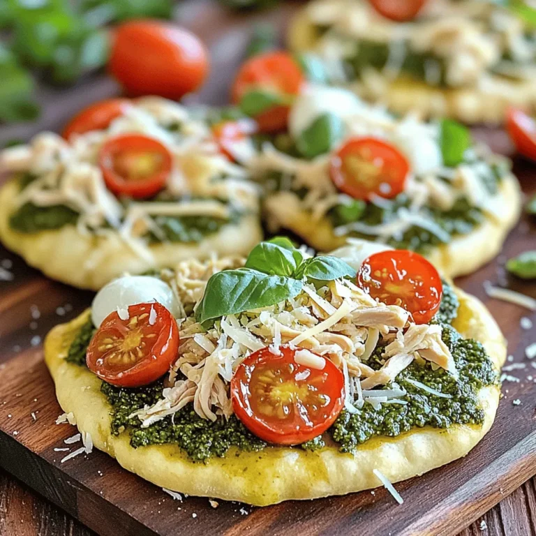 - 2 flatbreads Choose fresh flatbreads for a soft bite. Look for whole grain for added flavor. - 1 cup cooked chicken breast, shredded Use leftover rotisserie chicken for ease. You can also grill chicken for a smoky taste. - 1/2 cup basil pesto (store-bought or homemade) Homemade pesto offers a fresh taste. Use store-bought for quick preparation. - 1 cup fresh mozzarella cheese, sliced Fresh mozzarella melts beautifully. Go for high-quality cheese for the best flavor. - 1/2 cup cherry tomatoes, halved Cherry tomatoes add sweetness. Use ripe ones for the best taste. - 1/4 cup grated Parmesan cheese Parmesan adds a salty kick. Always choose freshly grated for more flavor. - 1 tablespoon olive oil Olive oil helps crisp the flatbreads. Use extra virgin for a rich taste. - 1/4 teaspoon red pepper flakes (optional, for a spicy kick) Add red pepper flakes for heat. Adjust to your spice preference. - Salt and pepper to taste Season to enhance all flavors. Always taste before serving. - Fresh basil leaves, for garnish Fresh basil adds color and aroma. Use whole leaves for a lovely finish. When sourcing your ingredients, look for local markets. Fresh produce boosts flavor and nutrition. Always check for quality—ripe tomatoes and fresh herbs make a big difference. For the chicken, consider free-range options for better taste. Enjoy crafting your Pesto Chicken Flatbread with these quality ingredients! Check out the Full Recipe for complete instructions. First, you need to preheat your oven to 400°F (200°C). This step is crucial because it helps the flatbreads bake evenly. Next, grab a baking sheet and line it with parchment paper. This will stop the flatbreads from sticking and make cleanup a breeze. Now it’s time to get creative! Use a pastry brush or the back of a spoon to coat each flatbread's top with olive oil. This will give them a nice, crispy texture. After that, spread a generous layer of basil pesto over each flatbread. Be sure to leave a little space at the edges for a tasty crust. Next, add your shredded chicken evenly. You want every bite to have that delicious chicken flavor. Then, place fresh mozzarella slices on top of the chicken. For a pop of color, scatter halved cherry tomatoes over the cheese. Finish it off with a sprinkle of grated Parmesan cheese. If you like heat, add a bit of red pepper flakes. Don’t forget to season with salt and pepper to taste. It's time to bake! Place your flatbreads in the preheated oven and bake for 12-15 minutes. You want the cheese to be melted and bubbly, with the edges turning golden brown. When they’re done, carefully take them out and let them cool for about a minute. For a fresh touch, add some basil leaves on top before serving. Slice the flatbreads into easy-to-handle pieces. Now, you're ready to enjoy a tasty meal! For the full recipe, check out the details above. To get crispy flatbreads, start with a hot oven. I recommend preheating it to 400°F (200°C). The heat helps create that perfect crunch. For the chicken, use cooked breast meat. You can shred it or cut it into small pieces. This way, each bite has chicken flavor, and it stays juicy. Soggy flatbreads can ruin your meal. To prevent this, make sure to oil them lightly and spread the pesto evenly. Also, don’t overload the toppings. Less is more! For cheese, use fresh mozzarella. It melts beautifully. Ensure that it covers the chicken well for even melting. For a side dish, a simple salad works great. Toss together mixed greens, cherry tomatoes, and a light vinaigrette. This adds freshness to your meal. For drinks, a light white wine complements the flatbread nicely. If you prefer non-alcoholic, a sparkling water with lemon is also refreshing. For the full recipe, check out the section above. {{image_4}} You can switch up the protein in your Pesto Chicken Flatbread. Try using cooked turkey or even shrimp for a different taste. If you want a vegetarian option, replace the chicken with grilled vegetables like zucchini and bell peppers. You can also use chickpeas for protein and texture. These swaps keep the meal fresh and exciting. To boost flavors, add herbs like thyme or oregano. These herbs add depth and aroma. You might also try spices like garlic powder or smoked paprika. Both bring warmth and richness to the dish. For cheese, experiment with feta or goat cheese for a tangy twist. These cheese options can change the flatbread's whole vibe. For gatherings, present the flatbreads on a large wooden board. It makes for a rustic, inviting display. Drizzle extra pesto or balsamic glaze over the top for a fancy touch. If you want a fun twist, convert the flatbread into a pizza format. Just cut it into triangles and serve it as a party snack. Everyone loves a good pizza! To keep your pesto chicken flatbread fresh, follow these simple tips: - Refrigeration: Place leftovers in the fridge within two hours of cooking. This helps prevent spoilage. - Containers: Use airtight containers to store the flatbreads. This keeps them moist and tasty. To enjoy your flatbread again, reheating is key. Here are effective methods: - Oven: Preheat your oven to 350°F (175°C). Place the flatbread on a baking sheet. Heat for about 10 minutes. This keeps the flatbread crispy. - Microwave: If you're short on time, use the microwave. Place a damp paper towel over the flatbread. Heat it for 30 seconds. This helps retain moisture but may soften the crust. Freezing is a great way to save your flatbreads. Here’s how to do it right: - Before Baking: Assemble your flatbreads but do not bake. Wrap them tightly in plastic wrap and then foil. This prevents freezer burn. - Thawing and Cooking: When ready to eat, thaw in the fridge overnight. Bake at 400°F (200°C) for 15-20 minutes. This way, you’ll get a delicious, fresh meal. For the full details on making this dish, refer to the Full Recipe. You can replace chicken with several protein options. Try using cooked shrimp for a seafood twist. Tofu is a great choice for a vegetarian option, and it soaks up all the flavors. If you want something heartier, consider using pulled pork or beef. Each option brings a unique taste to the flatbread. Baking the flatbread takes about 12 to 15 minutes. Set your oven to 400°F (200°C) for best results. Check to see if the cheese is melted and bubbly. The edges should turn a nice golden color. Remember, every oven is different, so keep an eye on it! Yes, you can make Pesto Chicken Flatbread ahead of time. Prepare the flatbreads and toppings, then store them separately in the fridge. Assemble them just before baking for a fresh taste. This makes meal planning easy. You can also freeze the unbaked flatbreads for later use. Traditional basil pesto is not vegan. It often contains cheese. However, you can make a vegan version. Use nutritional yeast instead of cheese. Blend basil, garlic, nuts, olive oil, and nutritional yeast for a tasty option. Many stores also sell vegan pesto, so check the labels! In this article, we explored how to make delicious Pesto Chicken Flatbread. We discussed key ingredients, step-by-step instructions, and useful tips for perfecting your dish. You now know how to customize flavors and avoid common mistakes. Remember to experiment with different proteins and serve it with great sides. Enjoying this dish is easy when you follow these guidelines. Get cooking and share your tasty creations with friends and family!