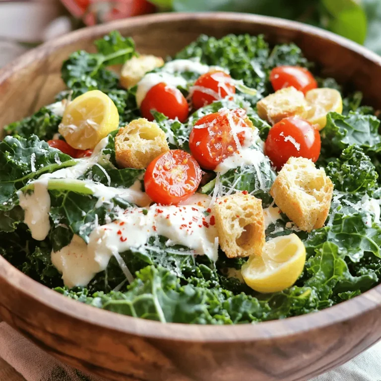 - Kale (1 bunch, stems removed and leaves roughly chopped) - Cherry tomatoes (1/2 cup, halved) - Croutons (1 cup, homemade or store-bought) - Greek yogurt (1/4 cup) - Lemon juice (2 tablespoons) - Dijon mustard (1 tablespoon) - Garlic (1 clove, finely minced) - Parmesan cheese (1/4 cup, freshly grated) - Olive oil (1 tablespoon) - Salt, black pepper, and optional red pepper flakes (for seasoning) Kale is the star here. It brings great crunch and taste. I love using fresh kale. It is sturdy and holds dressing well. I remove the stems and chop the leaves roughly for a nice bite. Cherry tomatoes add a sweet burst of flavor. Halving them makes them easy to enjoy in each forkful. Croutons bring that satisfying crunch. You can make them at home or buy them ready-made. Either way, they add great texture. For the dressing, I use Greek yogurt. It gives a creamy feel with less fat. Lemon juice adds brightness that wakes up the flavors. Dijon mustard brings depth and a little zing. Don’t forget the garlic! It gives that aromatic touch that makes everything better. For the finishing touches, I sprinkle freshly grated Parmesan cheese. It melts into the warm kale, adding creaminess. Olive oil adds richness, making each bite delicious. Finally, I season with salt and black pepper. If you like a kick, add red pepper flakes. This adds a nice heat to the dish. For the full recipe, check out my Kale Caesar Delight. Your taste buds will love it! To start, I take a large mixing bowl and add the chopped kale. I sprinkle in a pinch of salt. Then, I use my hands to massage the kale for about 2-3 minutes. This step softens the leaves and brings out their flavor. The kale becomes tender and ready for the dressing. Next, I grab a small mixing bowl. I combine Greek yogurt, lemon juice, Dijon mustard, minced garlic, olive oil, and a sprinkle of salt and pepper. I whisk everything together until it’s creamy and smooth. If I want a little kick, I can add red pepper flakes and whisk again. Now, I pour the dressing over the massaged kale. I toss the kale well to coat every leaf with the dressing. This way, each bite bursts with flavor. Then, I gently fold in the croutons and cherry tomatoes. I make sure not to crush the croutons; they need to stay crunchy. For the full recipe, check out the details above. Enjoy crafting your Kale Caesar Delight! To make your kale tender, start by massaging it. Place the chopped kale in a large bowl. Add a pinch of salt. Use your hands to gently squeeze and rub the leaves. Do this for about 2-3 minutes. This softens the leaves and brings out their natural flavor. You will notice the color brightens as you work. The kale will become easier to chew, making your salad more enjoyable. The dressing is key to your Kale Caesar salad. Combine Greek yogurt, lemon juice, Dijon mustard, minced garlic, and olive oil in a bowl. Whisk until smooth. Taste the dressing and adjust the seasoning. For a spicy kick, add red pepper flakes. Start with a pinch and add more to your liking. This simple step makes a big difference in flavor. Serving your salad well makes it more fun to eat. Use a large, vibrant bowl to showcase your Kale Caesar Delight. You can also serve it on individual plates for a special touch. Garnish each plate with extra Parmesan cheese. A fresh lemon wedge adds color and a zesty aroma. These small details make your salad look and taste even better. {{image_4}} You can switch some ingredients in your Kale Caesar Salad. Instead of Greek yogurt, try using regular yogurt or even sour cream. This can change the taste but still keep it creamy. For cheese, you can use feta or goat cheese. Each cheese gives a unique touch to your salad. If you want a heartier meal, add protein. Grilled chicken is a great choice. It adds flavor and makes the salad filling. For a plant-based option, toss in chickpeas. They are full of protein and add a nice texture. You can also change your salad with seasonal ingredients. In spring, add fresh asparagus or peas for a pop of color. Summer is perfect for sweet corn or diced cucumber. In fall, consider roasted squash or apples. Each season brings new flavors to explore. To keep your kale Caesar salad fresh, start by storing it in an airtight container. I always recommend separating the dressing from the salad. This helps keep the kale crisp and prevents sogginess. If you have leftover croutons, store them in a separate bag to maintain their crunch. When stored correctly, the salad can last up to three days in the fridge. The dressing can stay fresh for about a week. I like to check for any changes in smell or texture before using leftovers. Always trust your senses to ensure quality! Meal prepping this salad is a great way to save time. I suggest washing and chopping the kale in advance. You can also prep the dressing and store it in the fridge. Just remember to keep everything separate until you're ready to eat. This way, you can enjoy a fresh and tasty meal whenever you want. For the full recipe, check out the details and get started! Kale offers many benefits that make it special. First, it is packed with vitamins A, C, and K. These nutrients support strong bones and a healthy immune system. Second, kale has a firmer texture than romaine. This means it holds up better with dressings. It also adds a rich, earthy flavor that brightens the salad. You can enjoy the crunch while getting more nutrition. Plus, kale is often easier to find and more affordable than other greens. Yes, you can make the dressing vegan! Instead of using Greek yogurt, try silken tofu. Blend silken tofu with lemon juice and a bit of mustard. This mix gives a creamy texture like yogurt. You can also use cashew cream. Soak cashews in water and blend until smooth. This adds a nice nutty flavor. Both choices will keep your salad delicious and plant-based. Making this salad gluten-free is easy. First, choose gluten-free croutons. Many stores sell these, or you can make your own with gluten-free bread. Just toast it until crispy. Also, check the Dijon mustard label to ensure it is gluten-free. Most brands are safe, but it’s good to double-check. With these simple swaps, you can enjoy a tasty Kale Caesar salad without worry. This blog post covered a tasty kale Caesar salad. We explored fresh ingredients, like kale and cherry tomatoes, and made a simple, creamy dressing. I shared tips to enhance flavors and suggested ways to personalize your salad. Remember, you can swap ingredients for variety and store your salad for later. Kale adds nutrition and taste, making it fun to eat healthy. Enjoy experimenting with this recipe for a fresh take on a classic dish.