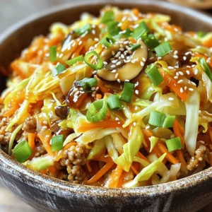 To make a tasty egg roll in a bowl, you need these main ingredients: - 1 pound ground chicken or turkey - 4 cups coleslaw mix (cabbage and carrots) - 1 cup shiitake mushrooms, thinly sliced - 2 cloves garlic, finely minced - 1-inch piece fresh ginger, grated These ingredients create the base of your dish. The ground meat adds protein, while the coleslaw mix gives crunch and flavor. Shiitake mushrooms bring a rich taste, and ginger and garlic add a nice kick. You can customize your dish with these optional ingredients: - 1 tablespoon soy sauce (or tamari for gluten-free) - 1 teaspoon sriracha (for extra heat) - Sesame seeds for garnish - Green onions, sliced (white and green parts separated) - 1 tablespoon rice vinegar If you want to make it spicy, sriracha is your friend. Soy sauce adds a savory touch, while rice vinegar brings brightness. For a finishing touch, sprinkle sesame seeds and green onions on top. If you need gluten-free options, tamari works great. For a complete guide on making this dish, check the Full Recipe. 1. Start by heating 1 tablespoon of sesame oil in a large skillet. 2. Set the heat to medium. Wait until the oil shimmers. 3. Add 1 pound of ground chicken or turkey to the skillet. 4. Use a spatula to break the meat into smaller pieces. 5. Cook it for about 5 to 7 minutes until it turns brown and is fully cooked. 1. Once the meat cooks, stir in 2 minced garlic cloves and 1-inch grated ginger. 2. Cook for 1 minute until the garlic and ginger smell great. 3. Next, add 4 cups of coleslaw mix and 1 cup of sliced shiitake mushrooms. 4. Stir well to mix everything. Sauté this mix for about 5 minutes. 5. You want the vegetables to soften and become tender. 1. Now, add the white parts of 3 sliced green onions to the pan. 2. Pour in 1 tablespoon of soy sauce and 1 tablespoon of rice vinegar. 3. For some heat, you can add 1 teaspoon of sriracha. 4. Taste your dish and add salt and black pepper as needed. 5. Cook for another 2 to 3 minutes to heat everything through. 6. Finally, transfer the mixture to bowls and garnish with the green tops of the green onions and sesame seeds. For detailed instructions, refer to the Full Recipe. Fresh ingredients make all the difference. They add brightness and depth to your dish. When choosing your vegetables, look for vibrant colors and firm textures. This ensures your meal will taste great. Timing is key when adding your ingredients. Start with the meat, as it takes longer to cook. Once the meat is browned, add garlic and ginger. This gives them time to release their flavors. Next, mix in the coleslaw and mushrooms. Sauté until they soften but still crunch. Finish with soy sauce and vinegar to round out the taste. I prefer using a skillet for this dish. A skillet heats evenly and gives nice browning to the meat. Woks can work, but they need more oil to prevent sticking. If you use a wok, adjust your oil amount to keep things light. To keep your veggies crunchy, don’t overcook them. Sauté them just until they are tender. This keeps their vibrant color and crisp texture. If you want extra crunch, add some fresh veggies at the end. This keeps your Egg Roll in a Bowl fresh and bright. By following these tips, you can elevate your Egg Roll in a Bowl. Enjoy every bite of this delicious and healthy meal! For a detailed guide, check out the Full Recipe. {{image_4}} You can switch up the protein in your egg roll bowl. If you want a vegetarian dish, try using tofu or tempeh. Both options soak up flavors well. They also add a nice texture. To use tofu, press it first to remove excess water. Then, cube it and sauté until golden. For tempeh, slice it thin and cook it the same way. These swaps make your meal tasty and protein-rich. You can get creative with veggies in your egg roll bowl. Consider adding bell peppers, snap peas, or zucchini. Each adds crunch and color. Feel free to mix in seasonal ingredients as well. For example, in summer, add fresh corn or cherry tomatoes. In winter, use root vegetables like carrots or parsnips. The more veggies, the better! They boost nutrients and make your dish exciting. To keep your egg roll in a bowl fresh, place leftovers in the fridge. Use an airtight container to prevent drying out. This will keep the flavors intact and the veggies crisp. - Refrigeration tips: Cool the dish to room temperature before sealing it. This helps prevent condensation. - Optimal container types: Glass or BPA-free plastic containers work best. Choose containers that fit the amount you have to reduce air exposure. When it's time to enjoy leftovers, you have two great options: the microwave or stovetop. - Microwave vs stovetop reheating: The microwave is quick but can make veggies soft. The stovetop keeps the crunch. If you use the microwave, heat in short bursts and stir often. - Tips for maintaining texture: If you heat on the stovetop, add a splash of water. Cover the pan to steam the mix gently. This keeps everything tender but not mushy. For details on making this dish, check the Full Recipe. Can I make Egg Roll in a Bowl vegetarian? Yes, you can! Simply swap the ground chicken or turkey for tofu or tempeh. Use firm tofu for the best texture. Make sure to press it to remove excess moisture. This change keeps the dish tasty and healthy. What can I serve with Egg Roll in a Bowl? You can serve it with rice or quinoa for extra carbs. If you want a lighter option, try it with cauliflower rice. Adding a side of fresh veggies or a tangy salad enhances the meal. How long does it last in the refrigerator? Egg Roll in a Bowl stays fresh for about three to four days in the fridge. Store it in a tight container to keep the flavors intact. Always reheat it well before eating. Can I freeze Egg Roll in a Bowl? Yes, you can freeze this dish! Just let it cool completely first. Place it in a freezer-safe container. It will keep well for about three months. When ready to eat, thaw it in the fridge overnight and reheat on the stove. Substituting different sauces for flavor? Absolutely! You can use hoisin sauce for a sweeter taste. Try adding sesame oil for nuttiness. Feel free to mix in other sauces like teriyaki or oyster sauce for new flavors. How to make it low-carb or keto-friendly? To make this dish low-carb, skip the rice or quinoa. Use extra vegetables like zucchini or bell peppers instead. You can also add more protein to make it filling and satisfying. Egg Roll in a Bowl is simple and fun to make. We covered key ingredients like ground meat, coleslaw mix, and shiitake mushrooms. Cooking techniques helped keep veggies crunchy and flavors fresh. You learned how to store and reheat leftovers easily. Whether you try variations like tofu or seasonal veggies, this dish is versatile. Enjoy being creative with your meals. Cooking can be quick, healthy, and delicious!