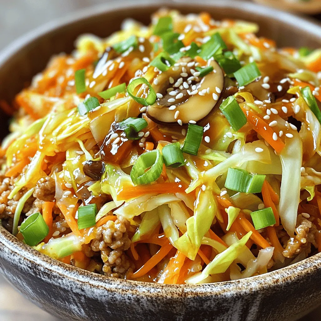 To make a tasty egg roll in a bowl, you need these main ingredients: - 1 pound ground chicken or turkey - 4 cups coleslaw mix (cabbage and carrots) - 1 cup shiitake mushrooms, thinly sliced - 2 cloves garlic, finely minced - 1-inch piece fresh ginger, grated These ingredients create the base of your dish. The ground meat adds protein, while the coleslaw mix gives crunch and flavor. Shiitake mushrooms bring a rich taste, and ginger and garlic add a nice kick. You can customize your dish with these optional ingredients: - 1 tablespoon soy sauce (or tamari for gluten-free) - 1 teaspoon sriracha (for extra heat) - Sesame seeds for garnish - Green onions, sliced (white and green parts separated) - 1 tablespoon rice vinegar If you want to make it spicy, sriracha is your friend. Soy sauce adds a savory touch, while rice vinegar brings brightness. For a finishing touch, sprinkle sesame seeds and green onions on top. If you need gluten-free options, tamari works great. For a complete guide on making this dish, check the Full Recipe. 1. Start by heating 1 tablespoon of sesame oil in a large skillet. 2. Set the heat to medium. Wait until the oil shimmers. 3. Add 1 pound of ground chicken or turkey to the skillet. 4. Use a spatula to break the meat into smaller pieces. 5. Cook it for about 5 to 7 minutes until it turns brown and is fully cooked. 1. Once the meat cooks, stir in 2 minced garlic cloves and 1-inch grated ginger. 2. Cook for 1 minute until the garlic and ginger smell great. 3. Next, add 4 cups of coleslaw mix and 1 cup of sliced shiitake mushrooms. 4. Stir well to mix everything. Sauté this mix for about 5 minutes. 5. You want the vegetables to soften and become tender. 1. Now, add the white parts of 3 sliced green onions to the pan. 2. Pour in 1 tablespoon of soy sauce and 1 tablespoon of rice vinegar. 3. For some heat, you can add 1 teaspoon of sriracha. 4. Taste your dish and add salt and black pepper as needed. 5. Cook for another 2 to 3 minutes to heat everything through. 6. Finally, transfer the mixture to bowls and garnish with the green tops of the green onions and sesame seeds. For detailed instructions, refer to the Full Recipe. Fresh ingredients make all the difference. They add brightness and depth to your dish. When choosing your vegetables, look for vibrant colors and firm textures. This ensures your meal will taste great. Timing is key when adding your ingredients. Start with the meat, as it takes longer to cook. Once the meat is browned, add garlic and ginger. This gives them time to release their flavors. Next, mix in the coleslaw and mushrooms. Sauté until they soften but still crunch. Finish with soy sauce and vinegar to round out the taste. I prefer using a skillet for this dish. A skillet heats evenly and gives nice browning to the meat. Woks can work, but they need more oil to prevent sticking. If you use a wok, adjust your oil amount to keep things light. To keep your veggies crunchy, don’t overcook them. Sauté them just until they are tender. This keeps their vibrant color and crisp texture. If you want extra crunch, add some fresh veggies at the end. This keeps your Egg Roll in a Bowl fresh and bright. By following these tips, you can elevate your Egg Roll in a Bowl. Enjoy every bite of this delicious and healthy meal! For a detailed guide, check out the Full Recipe. {{image_4}} You can switch up the protein in your egg roll bowl. If you want a vegetarian dish, try using tofu or tempeh. Both options soak up flavors well. They also add a nice texture. To use tofu, press it first to remove excess water. Then, cube it and sauté until golden. For tempeh, slice it thin and cook it the same way. These swaps make your meal tasty and protein-rich. You can get creative with veggies in your egg roll bowl. Consider adding bell peppers, snap peas, or zucchini. Each adds crunch and color. Feel free to mix in seasonal ingredients as well. For example, in summer, add fresh corn or cherry tomatoes. In winter, use root vegetables like carrots or parsnips. The more veggies, the better! They boost nutrients and make your dish exciting. To keep your egg roll in a bowl fresh, place leftovers in the fridge. Use an airtight container to prevent drying out. This will keep the flavors intact and the veggies crisp. - Refrigeration tips: Cool the dish to room temperature before sealing it. This helps prevent condensation. - Optimal container types: Glass or BPA-free plastic containers work best. Choose containers that fit the amount you have to reduce air exposure. When it's time to enjoy leftovers, you have two great options: the microwave or stovetop. - Microwave vs stovetop reheating: The microwave is quick but can make veggies soft. The stovetop keeps the crunch. If you use the microwave, heat in short bursts and stir often. - Tips for maintaining texture: If you heat on the stovetop, add a splash of water. Cover the pan to steam the mix gently. This keeps everything tender but not mushy. For details on making this dish, check the Full Recipe. Can I make Egg Roll in a Bowl vegetarian? Yes, you can! Simply swap the ground chicken or turkey for tofu or tempeh. Use firm tofu for the best texture. Make sure to press it to remove excess moisture. This change keeps the dish tasty and healthy. What can I serve with Egg Roll in a Bowl? You can serve it with rice or quinoa for extra carbs. If you want a lighter option, try it with cauliflower rice. Adding a side of fresh veggies or a tangy salad enhances the meal. How long does it last in the refrigerator? Egg Roll in a Bowl stays fresh for about three to four days in the fridge. Store it in a tight container to keep the flavors intact. Always reheat it well before eating. Can I freeze Egg Roll in a Bowl? Yes, you can freeze this dish! Just let it cool completely first. Place it in a freezer-safe container. It will keep well for about three months. When ready to eat, thaw it in the fridge overnight and reheat on the stove. Substituting different sauces for flavor? Absolutely! You can use hoisin sauce for a sweeter taste. Try adding sesame oil for nuttiness. Feel free to mix in other sauces like teriyaki or oyster sauce for new flavors. How to make it low-carb or keto-friendly? To make this dish low-carb, skip the rice or quinoa. Use extra vegetables like zucchini or bell peppers instead. You can also add more protein to make it filling and satisfying. Egg Roll in a Bowl is simple and fun to make. We covered key ingredients like ground meat, coleslaw mix, and shiitake mushrooms. Cooking techniques helped keep veggies crunchy and flavors fresh. You learned how to store and reheat leftovers easily. Whether you try variations like tofu or seasonal veggies, this dish is versatile. Enjoy being creative with your meals. Cooking can be quick, healthy, and delicious!