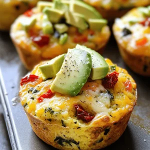 To make these savory breakfast muffins, you need some key ingredients. Here’s what you will need: - 1 ½ cups all-purpose flour - 1 teaspoon baking powder - 1 teaspoon baking soda - ½ teaspoon salt - ½ teaspoon freshly ground black pepper - 3 large eggs - ¾ cup milk (dairy or non-dairy for preference) - ¼ cup extra virgin olive oil - 1 cup shredded cheese (cheddar or your favorite blend) - 1 cup cooked spinach, roughly chopped - ½ cup sun-dried tomatoes, finely chopped - ½ cup bell pepper, diced (any color you prefer) - ¼ cup green onions, thinly sliced These ingredients combine to create a fluffy and flavorful muffin. Each bite bursts with taste and nutrition. You can customize your muffins with optional add-ins. Here are some ideas: - Cooked bacon or sausage for a meatier option - Feta cheese for a tangy kick - Chopped olives for a briny touch - Herbs like basil or parsley for freshness Feel free to experiment. Each add-in brings its own unique flavor to the mix. These savory breakfast muffins pack a nutritious punch. Each muffin is rich in protein from eggs and cheese. The spinach adds essential vitamins and minerals. The sun-dried tomatoes contribute antioxidants and flavor. Here’s a quick look at the nutrients: - Calories: About 150 per muffin - Protein: 7 grams - Carbohydrates: 15 grams - Fiber: 2 grams - Fat: 8 grams This overview shows that you can enjoy these muffins without guilt. They are a tasty start to your day! For the full recipe, check out the details above. First, set your oven to 375°F (190°C). While it heats, get your muffin tin ready. You can line it with paper liners or spray it with cooking oil. This helps the muffins not stick. In a big bowl, mix together the dry ingredients. Add 1 ½ cups of flour, 1 teaspoon baking powder, 1 teaspoon baking soda, ½ teaspoon salt, and ½ teaspoon black pepper. Sift these together to mix well and make them light. In a different bowl, crack 3 large eggs. Whisk them until the yolks and whites blend together. Then, add ¾ cup milk and ¼ cup olive oil. Mix these liquids well until smooth. Now, pour the wet mix into the dry ingredients. Stir gently with a spatula until just combined. Don’t overmix! Next, fold in 1 cup of shredded cheese, 1 cup of chopped spinach, ½ cup of sun-dried tomatoes, ½ cup of diced bell pepper, and ¼ cup of green onions. Make sure everything is evenly mixed. Use a spoon or ice cream scoop to fill each muffin cup about three-quarters full. This gives them room to rise. Bake in the hot oven for 18-20 minutes. They are done when they are golden brown and a toothpick comes out clean. After baking, let the muffins cool in the pan for 5 minutes. Then, move them to a wire rack. This helps them cool evenly. Serve warm and consider adding some extra cheese on top. You can also pair them with ripe avocado or fresh fruit for a tasty breakfast. For the full recipe, check the details above! To make light and fluffy muffins, start with room temperature ingredients. Cold eggs and milk can lead to a denser batter. Always sift the flour with baking powder and baking soda. This adds air to the mix. Be careful when mixing. Stir until just combined. Overmixing can make your muffins tough. Bake your muffins at 375°F (190°C). This temperature helps them rise evenly. Check your muffins after 18 minutes. If they are golden brown and a toothpick comes out clean, they are done. If not, give them a few more minutes. Every oven is different, so keep an eye on them. Use a standard muffin tin for best results. I recommend using paper liners for easy cleanup. A whisk is great for mixing wet ingredients. A spatula helps fold in the veggies and cheese without overmixing. Finally, have a cooling rack ready to let the muffins cool properly. This keeps them from getting soggy. {{image_4}} You can easily change this recipe to fit your needs. For a gluten-free option, use gluten-free flour instead of all-purpose flour. If you're vegan, replace the eggs with flax eggs. Use almond milk or oat milk in place of dairy milk. You can also swap out cheese for a vegan cheese or nutritional yeast for a cheesy flavor without dairy. Experiment with different flavors to keep things exciting. Add cooked bacon or sausage for a meaty kick. Try adding feta cheese and olives for a Mediterranean twist. You could also mix in some chopped herbs like basil or parsley for a fresh taste. Consider spicy jalapeños or roasted red peppers for a little heat. If you want smaller bites, make mini muffins! Use a mini muffin tin instead of a regular one. Fill each cup halfway and bake for 12-15 minutes. Mini muffins are great for kids or as party snacks. They are easy to grab and enjoy, and you can mix and match different flavors for fun! To keep your savory breakfast muffins fresh, store them in an airtight container. Place parchment paper between layers to avoid sticking. They stay good at room temperature for 2-3 days. If you want them to last longer, move them to the fridge. In the fridge, they can stay fresh for about a week. You can freeze these muffins for later use. First, let them cool completely. Then, wrap each muffin in plastic wrap. Place the wrapped muffins in a freezer-safe bag. They can last in the freezer for up to three months. When you're ready to eat them, just take out what you need. To reheat your muffins, the oven works best. Preheat your oven to 350°F (175°C). Place the muffins on a baking sheet and heat for about 10 minutes. This method keeps them warm and restores their texture. You can also use a microwave if you're in a hurry. Heat for 20-30 seconds, but this may result in a softer muffin. Enjoy your savory breakfast muffins warm for the best taste! Yes, you can use gluten-free flour. It works well in this recipe. Just choose a blend that includes xantham gum. This helps with the texture and rise of the muffins. You may need to adjust the liquid slightly. Add a bit more milk if the batter feels too thick. These muffins can last for about three days at room temperature. If you store them in an airtight container, they stay fresh longer. You can also keep them in the fridge for up to a week. Just remember to reheat them before serving for the best taste. Yes, you can make these muffins ahead of time. Bake them, let them cool, and store them. They freeze well too. Just place them in a freezer bag. When you're ready to eat, thaw them overnight in the fridge. Then, warm them in the oven or microwave. Cheddar cheese is a great choice for savory muffins. It melts well and adds flavor. You can also try mozzarella for a milder taste or feta for a tangy twist. Feel free to mix different cheeses for a unique flavor profile. You can easily customize these muffins. Add your favorite veggies like zucchini or mushrooms. Swap out the sun-dried tomatoes for olives or roasted red peppers. If you prefer a spicier kick, add jalapeños. Get creative and make the recipe your own! For the full recipe, check out the details above. Savory breakfast muffins offer great taste and nutrition. We covered key ingredients, step-by-step baking, and helpful tips. You can also explore variations and storage methods to enjoy them longer. The options for customization are endless, making these muffins perfect for everyone. Try making them your own with different flavors or ingredients. Saving leftovers is easy, ensuring you savor every bite. Enjoy your delicious muffins, knowing you’ve mastered a simple yet satisfying dish!
