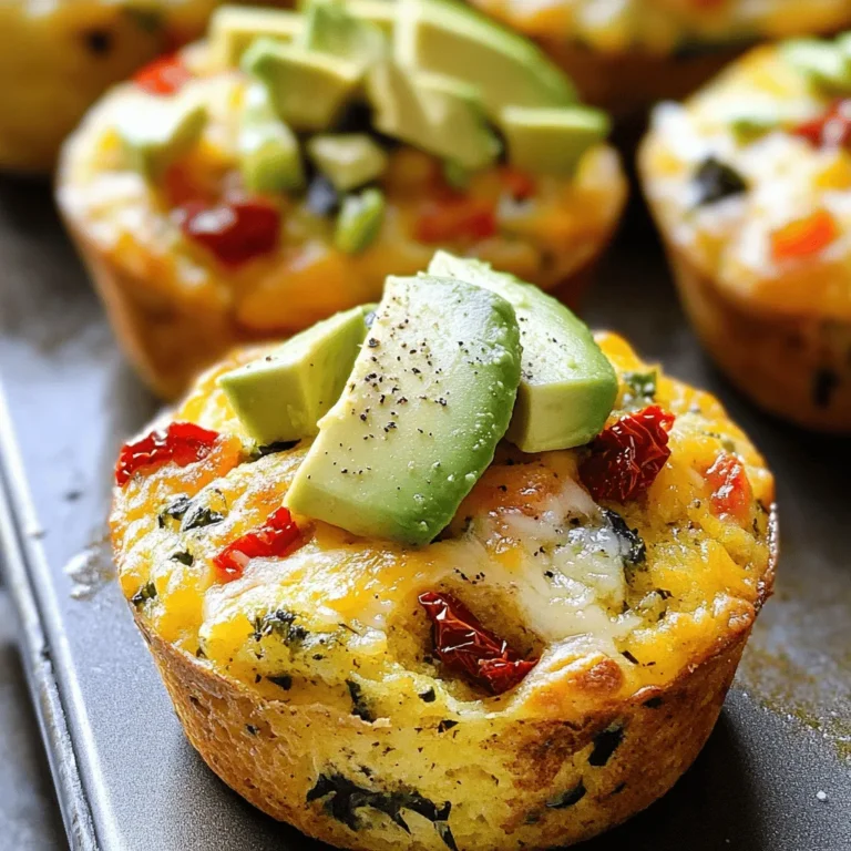 To make these savory breakfast muffins, you need some key ingredients. Here’s what you will need: - 1 ½ cups all-purpose flour - 1 teaspoon baking powder - 1 teaspoon baking soda - ½ teaspoon salt - ½ teaspoon freshly ground black pepper - 3 large eggs - ¾ cup milk (dairy or non-dairy for preference) - ¼ cup extra virgin olive oil - 1 cup shredded cheese (cheddar or your favorite blend) - 1 cup cooked spinach, roughly chopped - ½ cup sun-dried tomatoes, finely chopped - ½ cup bell pepper, diced (any color you prefer) - ¼ cup green onions, thinly sliced These ingredients combine to create a fluffy and flavorful muffin. Each bite bursts with taste and nutrition. You can customize your muffins with optional add-ins. Here are some ideas: - Cooked bacon or sausage for a meatier option - Feta cheese for a tangy kick - Chopped olives for a briny touch - Herbs like basil or parsley for freshness Feel free to experiment. Each add-in brings its own unique flavor to the mix. These savory breakfast muffins pack a nutritious punch. Each muffin is rich in protein from eggs and cheese. The spinach adds essential vitamins and minerals. The sun-dried tomatoes contribute antioxidants and flavor. Here’s a quick look at the nutrients: - Calories: About 150 per muffin - Protein: 7 grams - Carbohydrates: 15 grams - Fiber: 2 grams - Fat: 8 grams This overview shows that you can enjoy these muffins without guilt. They are a tasty start to your day! For the full recipe, check out the details above. First, set your oven to 375°F (190°C). While it heats, get your muffin tin ready. You can line it with paper liners or spray it with cooking oil. This helps the muffins not stick. In a big bowl, mix together the dry ingredients. Add 1 ½ cups of flour, 1 teaspoon baking powder, 1 teaspoon baking soda, ½ teaspoon salt, and ½ teaspoon black pepper. Sift these together to mix well and make them light. In a different bowl, crack 3 large eggs. Whisk them until the yolks and whites blend together. Then, add ¾ cup milk and ¼ cup olive oil. Mix these liquids well until smooth. Now, pour the wet mix into the dry ingredients. Stir gently with a spatula until just combined. Don’t overmix! Next, fold in 1 cup of shredded cheese, 1 cup of chopped spinach, ½ cup of sun-dried tomatoes, ½ cup of diced bell pepper, and ¼ cup of green onions. Make sure everything is evenly mixed. Use a spoon or ice cream scoop to fill each muffin cup about three-quarters full. This gives them room to rise. Bake in the hot oven for 18-20 minutes. They are done when they are golden brown and a toothpick comes out clean. After baking, let the muffins cool in the pan for 5 minutes. Then, move them to a wire rack. This helps them cool evenly. Serve warm and consider adding some extra cheese on top. You can also pair them with ripe avocado or fresh fruit for a tasty breakfast. For the full recipe, check the details above! To make light and fluffy muffins, start with room temperature ingredients. Cold eggs and milk can lead to a denser batter. Always sift the flour with baking powder and baking soda. This adds air to the mix. Be careful when mixing. Stir until just combined. Overmixing can make your muffins tough. Bake your muffins at 375°F (190°C). This temperature helps them rise evenly. Check your muffins after 18 minutes. If they are golden brown and a toothpick comes out clean, they are done. If not, give them a few more minutes. Every oven is different, so keep an eye on them. Use a standard muffin tin for best results. I recommend using paper liners for easy cleanup. A whisk is great for mixing wet ingredients. A spatula helps fold in the veggies and cheese without overmixing. Finally, have a cooling rack ready to let the muffins cool properly. This keeps them from getting soggy. {{image_4}} You can easily change this recipe to fit your needs. For a gluten-free option, use gluten-free flour instead of all-purpose flour. If you're vegan, replace the eggs with flax eggs. Use almond milk or oat milk in place of dairy milk. You can also swap out cheese for a vegan cheese or nutritional yeast for a cheesy flavor without dairy. Experiment with different flavors to keep things exciting. Add cooked bacon or sausage for a meaty kick. Try adding feta cheese and olives for a Mediterranean twist. You could also mix in some chopped herbs like basil or parsley for a fresh taste. Consider spicy jalapeños or roasted red peppers for a little heat. If you want smaller bites, make mini muffins! Use a mini muffin tin instead of a regular one. Fill each cup halfway and bake for 12-15 minutes. Mini muffins are great for kids or as party snacks. They are easy to grab and enjoy, and you can mix and match different flavors for fun! To keep your savory breakfast muffins fresh, store them in an airtight container. Place parchment paper between layers to avoid sticking. They stay good at room temperature for 2-3 days. If you want them to last longer, move them to the fridge. In the fridge, they can stay fresh for about a week. You can freeze these muffins for later use. First, let them cool completely. Then, wrap each muffin in plastic wrap. Place the wrapped muffins in a freezer-safe bag. They can last in the freezer for up to three months. When you're ready to eat them, just take out what you need. To reheat your muffins, the oven works best. Preheat your oven to 350°F (175°C). Place the muffins on a baking sheet and heat for about 10 minutes. This method keeps them warm and restores their texture. You can also use a microwave if you're in a hurry. Heat for 20-30 seconds, but this may result in a softer muffin. Enjoy your savory breakfast muffins warm for the best taste! Yes, you can use gluten-free flour. It works well in this recipe. Just choose a blend that includes xantham gum. This helps with the texture and rise of the muffins. You may need to adjust the liquid slightly. Add a bit more milk if the batter feels too thick. These muffins can last for about three days at room temperature. If you store them in an airtight container, they stay fresh longer. You can also keep them in the fridge for up to a week. Just remember to reheat them before serving for the best taste. Yes, you can make these muffins ahead of time. Bake them, let them cool, and store them. They freeze well too. Just place them in a freezer bag. When you're ready to eat, thaw them overnight in the fridge. Then, warm them in the oven or microwave. Cheddar cheese is a great choice for savory muffins. It melts well and adds flavor. You can also try mozzarella for a milder taste or feta for a tangy twist. Feel free to mix different cheeses for a unique flavor profile. You can easily customize these muffins. Add your favorite veggies like zucchini or mushrooms. Swap out the sun-dried tomatoes for olives or roasted red peppers. If you prefer a spicier kick, add jalapeños. Get creative and make the recipe your own! For the full recipe, check out the details above. Savory breakfast muffins offer great taste and nutrition. We covered key ingredients, step-by-step baking, and helpful tips. You can also explore variations and storage methods to enjoy them longer. The options for customization are endless, making these muffins perfect for everyone. Try making them your own with different flavors or ingredients. Saving leftovers is easy, ensuring you savor every bite. Enjoy your delicious muffins, knowing you’ve mastered a simple yet satisfying dish!