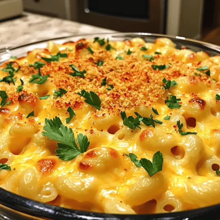 - 8 oz elbow macaroni - 2 cups sharp cheddar cheese, shredded - 1 cup mozzarella cheese, shredded - 1/2 cup breadcrumbs for topping - Fresh parsley, chopped, for garnish - 1/2 teaspoon garlic powder - 1/2 teaspoon onion powder - 1/4 teaspoon paprika Gathering the right ingredients is key to making classic mac and cheese. Start with elbow macaroni. This pasta shape holds the cheese sauce well. Next, use sharp cheddar cheese. It gives a strong flavor and melts nicely. Adding mozzarella cheese creates a creamy texture. You can make your dish even better with optional ingredients. If you want a crispy topping, sprinkle breadcrumbs on top. Fresh parsley adds color and a fresh taste. For seasoning, garlic powder, onion powder, and paprika enhance the flavor. These spices add depth to the cheese sauce. You can adjust the amounts based on your taste. Once you have all your ingredients, you are ready to start cooking. For the full recipe, check the instructions above. First, fill a large pot with water and add a good amount of salt. Bring the water to a strong boil. This step is key for flavoring the pasta. Once boiling, add 8 oz of elbow macaroni. Cook it for about 7-8 minutes or until al dente. Al dente means the pasta is firm but not hard. After cooking, drain the macaroni in a colander and set it aside. Now, let’s make the cheese sauce. In the same pot, melt 2 tablespoons of unsalted butter over medium heat. When the butter is melted and bubbly, add 2 tablespoons of all-purpose flour. Stir it well for about 2 minutes. This creates a roux, which helps thicken the sauce. Make sure there are no lumps and it doesn’t brown. Next, slowly whisk in 2 cups of milk. Keep mixing until the mixture starts to simmer gently. This usually takes around 3-5 minutes. You will see the sauce thicken. Lower the heat to low, and add 2 cups of shredded sharp cheddar cheese and 1 cup of shredded mozzarella cheese. Stir until the cheese melts completely, creating a smooth and creamy sauce. Finally, add 1/2 teaspoon of garlic powder, 1/2 teaspoon of onion powder, and 1/4 teaspoon of paprika. Season with salt and pepper to taste. Mix everything well to spread the flavors evenly. Now, it's time to combine the macaroni and cheese sauce. Carefully return the drained macaroni to the pot with the cheese sauce. Gently fold the macaroni into the sauce until every piece is well coated. If you want to take it up a notch, you can bake it. For that, preheat your oven to 350°F (175°C). Transfer the macaroni and cheese to an oiled baking dish. Evenly sprinkle 1/2 cup of breadcrumbs over the top. Bake it in the oven for 15-20 minutes until the breadcrumbs are golden and the cheese is bubbly. This step adds a nice crunch to your creamy dish. Enjoy your mac and cheese delight! For the full recipe, refer to the earlier section. Stirring is key for a creamy sauce. When you stir, it helps blend the cheese and sauce nicely. Avoid lumps by mixing well. Use medium heat for best results. High heat can burn the sauce. Low heat keeps it smooth while you mix in the cheese. For great flavor, I recommend sharp cheddar cheese. It adds a nice tang. Mozzarella cheese gives you that gooey texture we love. Mixing cheeses creates depth in taste. You can try Gruyère or Fontina for a unique twist. Experiment and find your favorite blend! To get a perfect golden crust, add breadcrumbs on top. This adds crunch and looks nice. Bake at 350°F (175°C) for 15-20 minutes. Keep an eye on it to avoid burning. The cheese should be bubbly and the top golden brown. Enjoy that crispy finish! {{image_4}} To add some fun to your mac and cheese, try a few flavor twists. - Spicy mac and cheese with jalapeños: Chop fresh jalapeños and mix them in. They give a nice kick! - Adding cooked bacon or ham: Crumbled bacon or diced ham adds savory richness. It makes the dish even heartier. Want to make mac and cheese a bit healthier? Here are some ideas. - Using whole wheat pasta: Whole wheat pasta offers more fiber and nutrients. It tastes great too! - Creamy alternatives like Greek yogurt: Swap some cheese for Greek yogurt. It provides creaminess with less fat. If you prefer a vegan version, there are tasty options. - Dairy-free cheese and non-dairy milk options: Use plant-based cheese and almond or soy milk. They melt well and taste cheesy. - Breadcrumb topping substitutions: Try crushed nuts or seeds for the topping. They add a nice crunch without dairy. These variations keep your classic mac and cheese exciting. You can enjoy it in many ways! For the full recipe, check below. To store leftovers, place mac and cheese in an airtight container. This keeps it fresh and safe. Make sure to cool it to room temperature first. In the refrigerator, it lasts about 3 to 5 days. Check for any signs of spoilage before eating. Freezing mac and cheese is easy. First, let it cool completely. Then, scoop it into freezer-safe bags or containers. Remove as much air as you can. Label with the date. When ready to eat, thaw it in the fridge overnight. This keeps the texture nice and creamy. When reheating, you have two good options: microwave or oven. For the microwave, warm it in short bursts. Stir between each burst to keep it even. If using the oven, preheat to 350°F (175°C). Cover the dish with foil to lock in moisture. This prevents dry mac and cheese. Enjoy your creamy comfort dish! Yes, you can use many types of pasta for mac and cheese. Here are some common substitutes: - Cavatappi - Fusilli - Shells - Penne Each type offers a unique shape that holds the cheese sauce well. Choose what you like best! If your cheese sauce is too thick, don’t worry! Here are some easy fixes: - Add more milk a little at a time. - Stir in a splash of broth for extra flavor. - Heat the sauce gently while stirring. These methods help you reach the perfect creamy texture without losing flavor. You can make mac and cheese without flour by using these methods: - Use cornstarch mixed with cold milk for thickening. - Puree cooked vegetables like cauliflower for a creamy base. - Try using cheese as the main thickener. These options keep your dish creamy and delicious without flour. You can still enjoy a tasty meal! This blog post covered all you need to make great mac and cheese. We discussed key ingredients, step-by-step cooking tips, and creative variations. Remember, stirring well and choosing the right cheeses makes a big difference. Try adding different flavors or healthier twists for your own unique take. Storing leftovers properly keeps your dish fresh for later. With these tips, you can create a tasty mac and cheese that everyone loves. Enjoy your cooking adventure!
